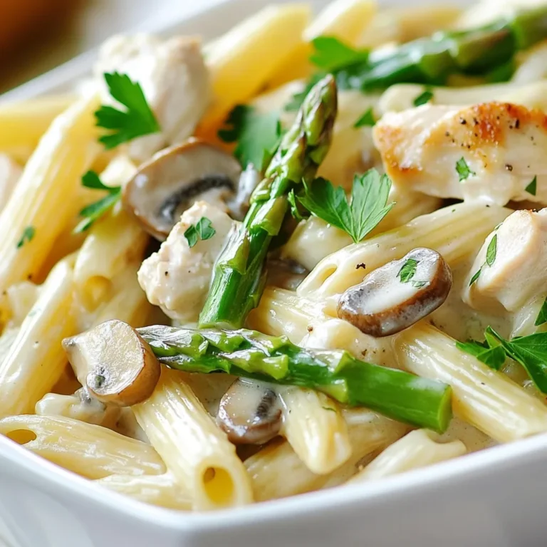 Für das Rezept Pilz-Spargel-Hühnchen-Penne benötigst du folgende Zutaten: - 225 g Penne Nudeln - 450 g Hähnchenbrustfilets, gewürfelt - 1 Tasse Spargel, geputzt und in 5 cm lange Stücke geschnitten - 1 Tasse Champignons, in Scheiben geschnitten (Cremini oder Button) - 3 Knoblauchzehen, fein gehackt - 240 ml Schlagsahne - 50 g frisch geriebener Parmesan - 2 Esslöffel Olivenöl - 1 Teelöffel italienische Kräuter - Salz und Pfeffer nach Geschmack - Frische Petersilie, gehackt (zum Garnieren) Diese Zutaten sorgen für einen vollen Geschmack und eine schöne Konsistenz. Wenn du etwas Abwechslung möchtest, probiere diese Varianten: - Verwende andere Pasta wie Farfalle oder Fusilli. - Statt Hähnchen kannst du Putenbrust oder Tofu nutzen. - Für mehr Geschmack füge frische Kräuter wie Basilikum oder Thymian hinzu. - Mit verschiedenen Pilzsorten, wie Shiitake, erhältst du neue Aromen. Frische Zutaten schmecken oft besser, vor allem bei Gemüse. Wenn du jedoch gefrorenes Gemüse verwendest, ist das auch in Ordnung. - Frische Zutaten: Sie behalten ihren Geschmack und Nährstoffe. Achte darauf, dass sie knackig sind. - Gefrorene Zutaten: Sie sind oft praktisch und können schnell verwendet werden. Achte darauf, sie vor dem Kochen gut abzutropfen. Egal, ob frisch oder gefroren, dein Gericht wird lecker sein! {{ingredient_image_2}} Um die Penne perfekt zu kochen, bringen Sie einen großen Topf mit Wasser zum Kochen. Fügen Sie eine Prise Salz hinzu. Geben Sie dann 225 g Penne-Nudeln ins Wasser. Kochen Sie sie gemäß der Packungsanweisung, bis sie al dente sind. Das dauert meist etwa 10-12 Minuten. Wenn sie fertig sind, gießen Sie die Nudeln ab und stellen Sie sie beiseite. Erhitzen Sie 1 Esslöffel Olivenöl in einer großen Pfanne bei mittlerer Hitze. Fügen Sie 450 g gewürfelte Hähnchenbrustfilets hinzu. Würzen Sie das Hühnchen mit Salz, Pfeffer und 1 Teelöffel italienischen Kräutern. Braten Sie das Hühnchen für 6-7 Minuten, bis es goldbraun und durchgegart ist. Nehmen Sie das Hühnchen aus der Pfanne und stellen Sie es beiseite. In der gleichen Pfanne geben Sie 1 Esslöffel Olivenöl hinzu. Fügen Sie 3 fein gehackte Knoblauchzehen hinzu und braten Sie sie für etwa 30 Sekunden an, bis sie duften. Geben Sie dann 1 Tasse Spargelstücke und 1 Tasse Champignonscheiben dazu. Garen Sie das Gemüse für 4-5 Minuten, bis es zart ist. Gießen Sie 240 ml Schlagsahne in die Pfanne und rühren Sie das Gemüse gut um. Lassen Sie die Mischung sanft köcheln. Fügen Sie 50 g frisch geriebenen Parmesan hinzu und rühren Sie, bis der Käse schmilzt. Geben Sie das gebratene Hühnchen und die abgetropften Penne-Nudeln zurück in die Pfanne. Vermengen Sie alles gut, damit die Nudeln und das Hühnchen mit der Sauce überzogen sind. Schmecken Sie das Gericht ab und verfeinern Sie es mit Salz und Pfeffer nach Geschmack. Um die perfekte Sauce für deinen Pilz-Spargel-Hühnchen-Penne zu erreichen, achte auf die Schlagsahne. Sie sollte nicht zu stark kochen. Bring die Sauce nur zum Köcheln. So bleibt sie cremig und dickt leicht ein. Rühre den Parmesan gut ein, um Klumpen zu vermeiden. Wenn die Sauce zu dick wird, füge etwas Nudelwasser hinzu. Es bringt die ideale Konsistenz. Hast du Reste vom Pilz-Spargel-Hühnchen-Penne? Das ist super! Du kannst sie einfach in einem luftdichten Behälter im Kühlschrank lagern. Die Reste schmecken am nächsten Tag oft noch besser. Du kannst sie auch in einer neuen Mahlzeit verwenden. Mische sie in einen Salat oder mache ein Omelett daraus. So vermeidest du Lebensmittelverschwendung. Ein häufiger Fehler ist, das Hähnchen zu lange zu braten. Achte darauf, dass es zart bleibt. Verwende auch frisches Gemüse. Alte Zutaten können den Geschmack ruinieren. Ein weiterer Fehler ist, die Sauce zu früh zu würzen. Probiere die Sauce am Ende. So kannst du die Gewürze besser anpassen. Vermeide es, die Pasta zu lange im Wasser zu lassen, sonst wird sie matschig. Halte dich an die Packungsanweisung. Pro Tipps Frische Zutaten: Verwenden Sie frischen Spargel und Champignons für den besten Geschmack und die beste Textur. Pasta nicht überkochen: Kochen Sie die Penne nur al dente, damit sie beim Mischen mit der Sauce nicht matschig werden. Parmesan richtig hinzufügen: Fügen Sie den Parmesan nach dem Köcheln der Sauce hinzu, um ein Klumpen zu vermeiden und eine cremige Konsistenz zu erzielen. Garnieren für den Geschmack: Frische Petersilie nicht nur zur Dekoration verwenden, sie fügt auch einen frischen Geschmack hinzu. {{image_4}} Für eine vegetarische Version, lassen Sie einfach das Hühnchen weg. Ersetzen Sie das Hähnchen durch mehr Gemüse. Zucchini oder Paprika passen gut. Sie können auch Tofu verwenden. Tofu gibt eine tolle Textur und nimmt die Aromen gut auf. Die restlichen Zutaten bleiben gleich. So bleibt das Rezept lecker und gesund. Möchten Sie das Gericht glutenfrei machen? Verwenden Sie glutenfreie Penne. Diese finden Sie in vielen Supermärkten. Stellen Sie sicher, dass auch die Sahne und der Parmesan glutenfrei sind. Oft sind diese Produkte sicher für eine glutenfreie Ernährung. Genießen Sie das Gericht ohne Sorgen über Gluten. Fügen Sie mehr Geschmack hinzu, indem Sie zusätzliche Gemüsesorten verwenden. Brokkoli, Spinat oder Erbsen sind tolle Optionen. Diese Gemüse bringen Farbe und Nährstoffe. Probieren Sie auch Karotten oder Rosenkohl. Sie können kreativ werden und verschiedene Kombinationen ausprobieren. Das macht Ihr Gericht noch spannender! Um die Reste von deinem Pilz-Spargel-Hühnchen-Penne gut aufzubewahren, brauchst du einen luftdichten Behälter. Lasse das Gericht zuerst auf Raumtemperatur abkühlen. Danach füllst du es in den Behälter. So bleibt der Geschmack frisch. Du kannst die Reste bis zu drei Tage im Kühlschrank lagern. Beim Aufwärmen ist es wichtig, die richtige Methode zu wählen. Du kannst die Reste in einer Pfanne auf mittlerer Hitze erwärmen. Füge einen kleinen Schuss Milch oder Sahne hinzu, um die Sauce cremig zu halten. Alternativ kannst du die Reste auch in der Mikrowelle aufwärmen. Stelle die Mikrowelle auf mittlerer Leistung und erwärme das Gericht in kurzen Intervallen. Im Kühlschrank bleiben die Reste bis zu drei Tage frisch. Wenn du die Reste länger aufbewahren möchtest, friere sie ein. Im Gefrierfach halten sie bis zu drei Monate. Achte darauf, das Gericht gut zu verpacken, um Gefrierbrand zu vermeiden. Wenn du bereit bist, es zu essen, lasse es im Kühlschrank über Nacht auftauen. Die Zubereitung von Penne dauert normalerweise etwa 10 Minuten. Du bringst zuerst Wasser zum Kochen. Dann fügst du die Penne hinzu und kochst sie gemäß der Packungsanweisung. Es ist wichtig, die Nudeln al dente zu garen, damit sie beim Mischen nicht matschig werden. Das Abgießen der Nudeln dauert auch nur wenige Minuten. Ja, du kannst das Rezept im Voraus zubereiten. Koche die Penne und das Hühnchen und bereite die Sauce vor. Bewahre die Zutaten getrennt im Kühlschrank auf. Wenn du bereit bist zu essen, erhitze alles zusammen. So bleibt das Gericht frisch und lecker. Falls du kein Hähnchen magst, gibt es viele Alternativen. Du kannst Tofu verwenden, um das Gericht vegetarisch zu machen. Auch Garnelen oder Fisch sind gute Optionen. Diese Zutaten fügen unterschiedliche Geschmäcker hinzu und passen gut zur Sauce. In diesem Artikel haben wir die wichtigen Zutaten, die Zubereitung und wertvolle Tipps für dein Penne-Rezept behandelt. Du weißt jetzt, wie du die Nudeln kochst, das Hühnchen anbrätst und die Sauce perfekt zubereitest. Außerdem haben wir Variationen und Aufbewahrungshinweise geteilt. Denke daran, frische Zutaten nutzen und Fehler zu vermeiden, um das Beste aus deinem Gericht herauszuholen. Probiere verschiedene Möglichkeiten aus und finde deinen perfekten Geschmack! Guten Appetit!