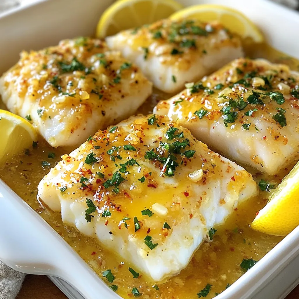 - 4 Kabeljaufilets (ca. 170 g jedes) - 4 Esslöffel ungesalzene Butter - 4 Knoblauchzehen, fein gehackt Die Hauptzutaten sind einfach und frisch. Kabeljau ist ein zarter Fisch, der gut zu vielen Aromen passt. Ungesalzene Butter gibt dem Gericht reichhaltigen Geschmack. Der gehackte Knoblauch bringt ein tolles Aroma. Ich achte immer darauf, frische Zutaten zu verwenden, um den besten Geschmack zu erzielen. - Saft von 1 Zitrone - Abrieb von 1 Zitrone - 1 Teelöffel getrockneter Thymian - 1 Teelöffel geräuchertes Paprika-Pulver - Salz und Pfeffer nach Geschmack Zitronensaft und -abrieb sorgen für Frische. Der Thymian gibt einen feinen Kräutergeschmack. Geräuchertes Paprika-Pulver fügt Tiefe hinzu. Ich benutze Salz und Pfeffer, um die Aromen zu verstärken. Jedes Gewürz hat seinen Platz in diesem Gericht und trägt zu einem harmonischen Geschmack bei. - Frische Petersilie, gehackt (zur Garnitur) - Zitronenschnitze (zum Servieren) Frische Petersilie bringt Farbe und Frische. Sie macht das Gericht einladend. Zitronenschnitze sind perfekt, um den Fisch frisch zu halten. Diese kleinen Details erhöhen den Genuss beim Essen. Ich empfehle immer, das Gericht schön anzurichten, damit es auch gut aussieht. {{ingredient_image_2}} Heize deinen Ofen auf 200°C vor. Dies sorgt für gleichmäßiges Garen. Fette eine Auflaufform leicht mit Öl ein. Alternativ kannst du sie mit Backpapier auslegen. So bleibt der Fisch nicht kleben und ist leicht zu servieren. Nimm die Kabeljaufilets und tupfe sie mit Küchenpapier trocken. Dadurch wird die Haut knuspriger. Lege die Filets in die vorbereitete Auflaufform. Achte darauf, dass sie sich nicht überlappen. Schmelze die Butter in einem kleinen Topf bei mittlerer Hitze. Achte darauf, dass sie nicht bräunt. Füge den fein gehackten Knoblauch hinzu und brate ihn 1-2 Minuten lang an. Der Knoblauch sollte duften, aber nicht verbrennen. Nimm den Topf vom Herd und rühre den Zitronensaft und -abrieb ein. Füge die Gewürze wie Thymian, Paprika, Salz und Pfeffer hinzu. Vermenge alles gut. Gieße die Zitronen-Knoblauch-Butter gleichmäßig über die Kabeljaufilets. Jeder Bissen wird so köstlich. Backe den Fisch im Ofen für 12-15 Minuten. Der Fisch sollte leicht mit einer Gabel auseinanderfallen. Wenn er durchscheinend ist, ist er perfekt. Nimm die Form aus dem Ofen und garnier sie mit frischer Petersilie. Serviere die Filets mit Zitronenschnitzen für einen frischen Geschmack. - Achte auf die Farbe. Frischer Kabeljau hat eine klare, glänzende Haut. - Der Geruch sollte frisch und mild sein. Vermeide fischigen oder strengen Geruch. - Wenn du gefrorenen Kabeljau kaufst, tau ihn richtig auf. Lass ihn über Nacht im Kühlschrank auftauen. - Wie erkennst du, wann der Fisch gar ist? Wenn er leicht mit einer Gabel auseinanderfällt, ist er fertig. - Um trockenen Fisch zu vermeiden, backe den Kabeljau nicht länger als 15 Minuten. Zu langes Garen macht ihn trocken. - Für eine schöne Präsentation lege die Kabeljaufilets auf einen großen Teller. - Bestreue sie mit frischer Petersilie. Füge Zitronenschnitze hinzu, um das Gericht lebendiger zu machen. - Serviere es mit einer Beilage wie grünem Salat oder gedämpftem Gemüse. Das passt gut zu deinem Kabeljaugericht. Pro Tipps Frischen Fisch wählen: Achten Sie darauf, Kabeljau zu wählen, der frisch und von guter Qualität ist. Dies sorgt für einen besseren Geschmack und eine bessere Textur. Knoblauch richtig anbraten: Sautieren Sie den Knoblauch vorsichtig, um ein Verbrennen zu vermeiden. Ein verbrannter Knoblauch kann bitter schmecken und das Gericht ruinieren. Genug Zitronensaft verwenden: Stellen Sie sicher, dass Sie ausreichend Zitronensaft verwenden, um dem Fisch die benötigte Frische und Säure zu verleihen. Dies hebt den Geschmack des Kabeljaus hervor. Fisch nicht übergaren: Achten Sie darauf, den Kabeljau nur so lange zu garen, bis er zart und durchscheinend ist. Übergaren kann dazu führen, dass der Fisch trocken wird. {{image_4}} Möchten Sie mehr Geschmack? Fügen Sie Kräutermischungen hinzu. Rosmarin und Basilikum passen gut. Diese Kräuter bringen frische Noten und Tiefe. Sie können auch Zitrusfrüchte verwenden. Limetten oder Orangen verleihen dem Gericht eine süße Säure. Experimentieren Sie mit den Aromen, um Ihre perfekte Mischung zu finden. Für eine gesündere Option können Sie die Butter durch Olivenöl ersetzen. Olivenöl ist reich an gesunden Fetten. Es hat auch einen tollen Geschmack. Kombinieren Sie es mit den gleichen Gewürzen. So bleibt der Geschmack intensiv. Servieren Sie dazu Low-Carb Beilagen wie gedünstetes Gemüse oder einen grünen Salat. Diese Optionen machen Ihr Gericht leicht und gesund. Möchten Sie den Kabeljau grillen? Das geht ganz einfach! Legen Sie die Filets auf den Grill. Achten Sie darauf, dass der Grill gut vorgeheizt ist. Grillen Sie den Fisch bei mittlerer Hitze. So wird er gleichmäßig gar. Verwenden Sie Grillpapier, damit der Fisch nicht kleben bleibt. Drehen Sie die Filets vorsichtig, um ein Zerbrechen zu vermeiden. So erhalten Sie ein rauchiges Aroma, das einfach köstlich ist. Kühlschrankaufbewahrung Wenn Sie Reste von Zitronen-Knoblauch-Butter-Kabeljau haben, lagern Sie diese in einem luftdichten Behälter. So bleiben die Aromen frisch. Stellen Sie sicher, dass der Fisch abgekühlt ist, bevor Sie ihn einpacken. Lagern Sie die Reste nicht länger als drei Tage im Kühlschrank. Tipps zur Wiedererwärmung Um den Fisch wieder warm zu machen, verwenden Sie den Ofen. Stellen Sie ihn auf 180°C ein. Legen Sie den Kabeljau auf ein Backblech und decken Sie ihn mit Alufolie ab. So bleibt der Fisch saftig. Erwärmen Sie ihn für etwa 10 Minuten oder bis er warm ist. Vermeiden Sie die Mikrowelle, da der Fisch trocken werden kann. Wie lange hält der gebackene Kabeljau? Gebackener Kabeljau hält im Kühlschrank bis zu drei Tage. Achten Sie darauf, ihn gut zu lagern. Wenn er nach dem Kochen nicht frisch riecht oder sich die Textur verändert hat, entsorgen Sie ihn lieber. Hinweise zur Lebensmittelhygiene Lebensmittelhygiene ist wichtig. Waschen Sie sich immer die Hände, bevor Sie mit Fisch arbeiten. Verwenden Sie separate Utensilien für rohen Fisch und andere Lebensmittel. Dies hilft, Kreuzkontamination zu vermeiden. Halten Sie die Kühlkette ein, um das Wachstum von Bakterien zu verhindern. Die Vorbereitung dauert etwa 10 Minuten. Das Garen im Ofen braucht 12 bis 15 Minuten. Insgesamt sind es also nur 25 Minuten, bis Sie dieses leckere Gericht genießen können. Ja, Sie können gefrorenen Kabeljau verwenden. Achten Sie darauf, ihn richtig aufzutauen. Am besten lassen Sie den Fisch über Nacht im Kühlschrank auftauen. So bleibt er frisch und lecker. Wenn Sie in Eile sind, können Sie ihn auch in kaltem Wasser auftauen. Zitronen-Knoblauch-Butter-Kabeljau passt gut zu vielen Beilagen. Probieren Sie einen frischen Salat mit grünem Blattgemüse. Auch Reis oder Quinoa sind tolle Optionen. Für einen herzhaften Touch sind Kartoffeln oder Gemüse eine gute Wahl. In diesem Blogbeitrag haben wir die einfache Zubereitung von Kabeljau mit Zitrone und Knoblauch behandelt. Wir haben die Hauptzutaten, die Zubereitungsschritte und nützliche Tipps geteilt. Auch Varianten und Lagerungshinweise kamen nicht zu kurz. Egal, ob du frischen Fisch verwendest oder eine neue Beilage ausprobierst, das Rezept ist vielseitig. Mit diesen Ratschlägen machst du dein Gericht schmackhaft und einladend. Viel Spaß beim Kochen!