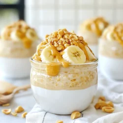 Für die Erdnussbutter-Bananen-Übernachtungs-Haferflocken brauchen wir: - 1 Tasse Haferflocken (zarte) - 2 Tassen Mandelmilch (oder jede andere Milch nach Wahl) - 2 Esslöffel natürliche Erdnussbutter - 1 reife Banane, in Scheiben geschnitten - 1 Esslöffel Chiasamen - 1 Esslöffel Ahornsirup (optional, für Süße) - 1/2 Teelöffel Vanilleextrakt - 1/4 Teelöffel Zimt - Eine Prise Salz Diese Zutaten sorgen für einen leckeren und nahrhaften Start in den Tag. Die Haferflocken geben dir Energie, während die Banane und die Erdnussbutter einen tollen Geschmack bieten. Du kannst das Rezept nach deinen Wünschen anpassen. Hier sind einige optionale Zutaten: - Zerdrückte Erdnüsse für mehr Crunch - Weitere Bananenscheiben für extra Frische - Schokoladenstückchen für eine süße Note Mit diesen Zutaten kannst du deine Haferflocken nach Lust und Laune verfeinern. Experimentiere ruhig mit verschiedenen Toppings, um dein persönliches Lieblingsfrühstück zu finden. Wenn du Allergien hast oder bestimmte Zutaten nicht magst, gibt es Alternativen: - Verwende Haferflocken ohne Gluten, wenn du glutenfrei bist. - Statt Mandelmilch kannst du Soja-, Hafer- oder Kokosmilch nutzen. - Wenn du Erdnüsse nicht magst, probiere Mandel- oder Cashewbutter. Achte darauf, die Zutaten zu wählen, die dir gut tun. So kannst du das Rezept genießen, ohne dir Sorgen zu machen. {{ingredient_image_2}} Zuerst nimmst du eine große Rührschüssel. Gib die Haferflocken hinein. Füge dann die Mandelmilch, die Chiasamen und die Erdnussbutter hinzu. Rühre alles gut um, bis es gleichmäßig vermischt ist. Achte darauf, dass die Erdnussbutter gut verteilt ist. So schmecken die Haferflocken später besser. Jetzt kommt der spannende Teil! Füge den Ahornsirup, den Vanilleextrakt, den Zimt und eine Prise Salz hinzu. Diese Zutaten bringen Geschmack. Mische alles erneut gründlich. Du solltest eine glatte Masse haben. Danach nimm die Bananenscheiben und hebe sie vorsichtig unter die Mischung. Bewahre einige Scheiben für die Dekoration auf. Teile die Mischung gleichmäßig auf zwei Gläser oder Behälter auf. Verschließe die Behälter gut. Stelle sie in den Kühlschrank. Lass die Haferflocken dort über Nacht stehen. Wenn du es eilig hast, reichen auch vier Stunden. So quellen die Haferflocken und die Aromen verbinden sich. Am Morgen rührst du die Haferflocken gut um. Bei Bedarf kannst du etwas mehr Milch hinzufügen. Das macht sie cremiger. Um die perfekte Konsistenz für deine Erdnussbutter-Bananen Overnight Oats zu erreichen, sind einige Schritte wichtig. Verwende die richtige Menge Milch. Zwei Tassen Mandelmilch sind ideal. Wenn du eine cremigere Mischung magst, füge etwas mehr Milch hinzu. Die Chiasamen helfen dabei, die Haferflocken zu binden und geben eine angenehme Textur. Lass die Mischung über Nacht im Kühlschrank, damit alles gut durchzieht. Die Haferflocken sollten in einem luftdichten Behälter gelagert werden. So bleiben sie frisch und verhindern, dass sie austrocknen. Verwende Gläser mit Deckel oder spezielle Vorratsbehälter. Stelle sicher, dass du die Mischung gut umrührst, wenn du sie am Morgen herausnimmst. Das sorgt für eine gleichmäßige Verteilung der Zutaten. Wenn du mehr Flüssigkeit brauchst, füge etwas Milch hinzu. Toppings bringen deine Overnight Oats auf ein neues Level. Du kannst zerdrückte Erdnüsse für den Crunch verwenden. Weitere Bananenscheiben sind auch lecker. Schokoladenstückchen geben einen süßen Kick. Auch frische Beeren oder Joghurt passen gut dazu. Experimentiere mit verschiedenen Kombinationen, um deine persönlichen Favoriten zu finden. Pro Tipps Haferflockenwahl: Verwenden Sie zarte Haferflocken für eine cremigere Konsistenz, während grobe Haferflocken mehr Biss geben. Milchalternative: Experimentieren Sie mit verschiedenen Milchsorten wie Kokos- oder Sojamilch für zusätzliche Aromen. Süße anpassen: Passen Sie die Menge an Ahornsirup je nach Reife der Banane an; eine sehr reife Banane benötigt weniger Süßstoff. Vorbereitung im Voraus: Bereiten Sie die Haferflocken am Abend vorher vor, um morgens Zeit zu sparen und ein schnelles Frühstück zu genießen. {{image_4}} Möchten Sie eine glutenfreie Version? Verwenden Sie glutenfreie Haferflocken. Diese sind speziell behandelt, um kein Gluten zu enthalten. Für eine vegane Option ersetzen Sie die Mandelmilch durch eine pflanzliche Milch wie Hafer- oder Kokosmilch. Beide sind lecker und passen gut zu den Haferflocken. Für mehr Geschmack können Sie zusätzliche Früchte hinzufügen. Probieren Sie frische Beeren wie Erdbeeren oder Himbeeren. Diese Früchte bringen eine süße Note und sind gesund. Auch Äpfel oder Birnen passen gut. Sie können auch Aromen wie Kakaopulver oder Kokosraspeln hinzufügen. Diese geben den Haferflocken eine neue Dimension. Schokolade ist immer eine gute Idee! Fügen Sie Schokoladenstückchen oder Kakaonibs hinzu. Diese geben einen schönen Crunch und eine süße Note. Wenn Sie Nüsse mögen, fügen Sie gehackte Mandeln oder Walnüsse hinzu. Diese sorgen für eine tolle Textur und mehr Nährstoffe. Mischen Sie alles gut und genießen Sie Ihre eigenen Variationen! Nach der Zubereitung sind die Erdnussbutter Bananen Overnight Oats einfach zu lagern. Stelle sicher, dass du die Haferflocken in einem luftdichten Behälter im Kühlschrank aufbewahrst. So bleiben die Aromen frisch und die Konsistenz bleibt angenehm cremig. Du kannst die Haferflocken in Gläsern oder Behältern mit Deckel aufbewahren. Die zubereiteten Haferflocken halten sich im Kühlschrank etwa 3 bis 5 Tage. Es ist wichtig, die Haferflocken vor dem Essen gut durchzurühren. Wenn du einen leicht trockenen Zustand bemerkst, füge einfach etwas mehr Milch hinzu. So erhältst du die gewünschte Konsistenz zurück. Wenn du die Overnight Oats länger aufbewahren willst, kannst du sie einfrieren. Portioniere die Mischung in gefriergeeignete Behälter oder Beutel. Achte darauf, etwas Platz für die Ausdehnung beim Einfrieren zu lassen. Die Haferflocken halten sich im Gefrierfach bis zu 3 Monate. Um sie zu genießen, taue sie einfach im Kühlschrank auf oder erwärme sie in der Mikrowelle. Du kannst die Haferflocken bis zu fünf Tage im Kühlschrank aufbewahren. Achte darauf, die Behälter gut zu verschließen. So bleiben die Aromen frisch. Wenn du sie länger aufbewahren willst, friere sie ein. Das macht die Zubereitung am Morgen noch einfacher. Ja, du kannst jede Milchalternative verwenden. Sojamilch, Kokosmilch oder Hafermilch sind tolle Optionen. Jede Milch hat ihren eigenen Geschmack. Probiere aus, was dir am besten gefällt. Das Rezept bleibt lecker und nahrhaft, egal welche Milch du wählst. Chiasamen sind kleine Kraftpakete. Sie sind reich an Ballaststoffen, Omega-3-Fettsäuren und Antioxidantien. Diese Nährstoffe helfen, den Körper gesund zu halten. Sie unterstützen die Verdauung und fördern das Sättigungsgefühl. So bleibst du länger zufrieden. Außerdem geben sie der Mischung eine tolle Textur. Erdnussbutter-Bananen-Glücksübernachtungs-Haferflocken sind einfach zuzubereiten. Wir haben die Hauptzutaten und optionale Ergänzungen besprochen. Die Schritt-für-Schritt-Anleitung hilft dir, die perfekte Mischung zu machen. Tipps zur Aufbewahrung und kreative Variationen geben deinem Gericht einen besonderen Twist. Diese Haferflocken sind nicht nur lecker, sondern auch gesund. Mit den richtigen Zutaten kannst du sie nach deinem Geschmack anpassen. Nutze die Tipps für ein tolles Ergebnis und genieße deine Kreation!