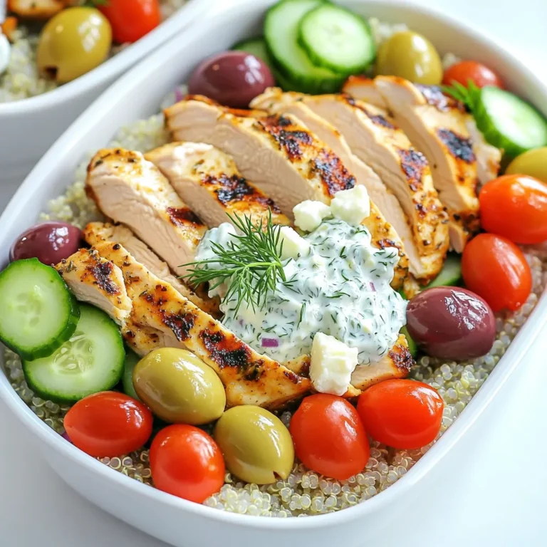 - 2 Hähnchenbrustfilets ohne Haut und Knochen - 1 Esslöffel Olivenöl und Gewürze - 1 Tasse gekochte Quinoa oder Reis Die Hauptzutaten sind wichtig für den Geschmack. Du brauchst frisches Hähnchen, gutes Olivenöl und die richtigen Gewürze. Ich empfehle getrockneten Oregano, Knoblauchpulver und Zwiebelpulver. Diese Gewürze machen das Hähnchen besonders lecker. Quinoa oder Reis geben dir eine gute Basis für deine Bowl. - 1 Tasse Kirschtomaten, halbiert - 1 Gurke, gewürfelt - 1/2 rote Zwiebel, dünn geschnitten - 1/2 Tasse Kalamata-Oliven, entkernt und halbiert - 1 Esslöffel frischer Dill, gehackt - Frische Petersilie, zum Garnieren Frische Zutaten bringen Farbe und Geschmack in deine Gyro Bowl. Kirschtomaten sind süß und knackig. Die Gurke sorgt für Frische. Rote Zwiebeln geben einen tollen Geschmack und Kalamata-Oliven fügen eine salzige Note hinzu. Dill und Petersilie sind wunderbare Kräuter, die das Gericht abrunden. - 1 Tasse griechischer Joghurt - 1 Esslöffel Zitronensaft und Gewürze Die Tzatziki-Sauce ist das Herzstück deiner Bowl. Griechischer Joghurt macht sie cremig und lecker. Der Zitronensaft bringt Frische. Du kannst auch etwas Salz und Pfeffer hinzufügen, um den Geschmack zu verbessern. Diese Sauce ist einfach zu machen und passt perfekt zu deinen Gyro Bowls. Zuerst mischen Sie das Olivenöl, Oregano, Knoblauchpulver, Zwiebelpulver, Salz und Pfeffer in einer Schüssel. Fügen Sie die Hähnchenbrustfilets hinzu und stellen Sie sicher, dass sie gut bedeckt sind. Decken Sie die Schüssel ab und stellen Sie sie für mindestens 30 Minuten in den Kühlschrank. Diese Marinierzeit gibt dem Hähnchen viel Geschmack. Heizen Sie eine Grillpfanne oder eine normale Pfanne auf mittlerer bis hoher Hitze vor. Braten Sie die marinierten Hähnchenfilets etwa 6-7 Minuten auf jeder Seite. Achten Sie darauf, dass sie vollständig durchgegart sind. Die Säfte sollten klar laufen. Lassen Sie das Hähnchen nach dem Braten einige Minuten ruhen. Danach können Sie es in Streifen schneiden. Für die Sauce mischen Sie den griechischen Joghurt, Zitronensaft, Dill, Salz und Pfeffer in einer Schüssel. Rühren Sie gut um und passen Sie den Geschmack nach Ihren Vorlieben an. Die Tzatziki-Sauce ist frisch und passt perfekt zu den Gyro-Bowls. Nehmen Sie jede Schüssel und geben Sie eine Basis aus gekochter Quinoa oder Reis. Legen Sie die geschnittenen Hähnchenstreifen darauf und garnieren Sie mit Kirschtomaten, gewürfelter Gurke, roten Zwiebeln und Kalamata-Oliven. Diese frischen Zutaten bringen Farbe und Geschmack. Träufeln Sie die Tzatziki-Sauce großzügig über die Bowls. Bröseln Sie etwas Fetakäse darüber, um einen reichen Geschmack zu erhalten. Zum Schluss streuen Sie frische Petersilie für einen schönen Farbtupfer darüber. Ihr Gericht sieht jetzt toll aus und schmeckt himmlisch! Um den echten Geschmack zu erreichen, passe die Marinade an. Füge mehr Oregano oder frische Kräuter hinzu. Das bringt mehr Aroma. Frische Zutaten sind ebenfalls wichtig. Nutze frische Kirschtomaten und knackige Gurken. Sie machen den Unterschied in deinem Gericht. Die Garzeit ist entscheidend. Überprüfe die Garstärke mit einem Fleischthermometer. Das Hähnchen sollte 75 Grad Celsius erreichen. So bleibt es saftig und zart. Verhindere trockenes Hähnchen, indem du es nach dem Braten ruhen lässt. Dies hilft, die Säfte zu bewahren. Du kannst die Tzatziki-Sauce leicht variieren. Füge Knoblauch oder Minze hinzu für neuen Geschmack. Auch die Verwendung von Joghurt-Alternativen ist möglich. Probiere Kokosjoghurt oder Sojajoghurt für eine andere Note. Das macht deine Sauce besonders und lecker. {{image_4}} Um eine vegetarische Variante der griechischen Chicken Gyro Bowls zu machen, nutze gegrilltes Gemüse. Zucchini, Paprika und Auberginen sind großartige Optionen. Du kannst sie einfach mit Olivenöl und Gewürzen nach Wahl marinieren und grillen. Für die Tzatziki-Sauce kannst du Joghurt auf pflanzlicher Basis verwenden. So bleibt der Geschmack frisch und lecker. Wenn du Hähnchen nicht magst, kannst du es durch Lamm oder Pute ersetzen. Beide Optionen bringen einen tollen Geschmack. Für eine vegane Version nimm pflanzliche Proteinquellen wie Kichererbsen oder Linsen. Sie sind nahrhaft und passen gut zu den anderen Zutaten. Quinoa ist eine hervorragende glutenfreie Basis für deine Bowls. Sie hat einen tollen Geschmack und ist nährstoffreich. Alternativ kannst du auch Reis oder Hirse verwenden. Diese Getreidealternativen sind ebenfalls glutenfrei und passen gut zu den anderen frischen Zutaten. - Bewahre die Reste in einem luftdichten Behälter auf. - Stelle sicher, dass das Hähnchen und die Zutaten vollständig abgekühlt sind, bevor du sie lagerst. - Halte die Tzatziki-Sauce separat, um die Frische zu bewahren. - Verwende die Reste innerhalb von drei Tagen für beste Qualität. - Erwärme die Bowls in der Mikrowelle bei mittlerer Hitze. - Decke die Schüssel mit einem mikrowellengeeigneten Deckel ab. - Erwärme für 1-2 Minuten oder bis alles heiß ist. - Rühre die Zutaten nach der Hälfte der Zeit um, um eine gleichmäßige Erwärmung zu gewährleisten. - Lagere das Hähnchen im Kühlschrank, um die Frische zu erhalten. - Gekochte Quinoa oder Reis bleiben bis zu fünf Tage frisch. - Achte auf den Geruch und die Farbe der frischen Zutaten. - Verwende frische Kirschtomaten und Gurken innerhalb von zwei Tagen nach dem Kauf. Die Zubereitung dauert insgesamt eine Stunde. Die Vorbereitungszeit liegt bei etwa 30 Minuten. Dabei marinierst du das Hähnchen und bereitest die anderen Zutaten vor. Anschließend garst du das Hähnchen und stellst die Bowls zusammen. Ja, du kannst die Gyro-Bowls im Voraus zubereiten. Marinieren das Hähnchen am Vortag spart Zeit. Auch die Tzatziki-Sauce kannst du im Voraus machen. Lagere alles in luftdichten Behältern im Kühlschrank. Stelle die Bowls erst kurz vor dem Servieren zusammen, um die Frische zu bewahren. Zu Hähnchen-Gyro-Bowls passen viele Beilagen. Hier sind einige beliebte Optionen: - Fladenbrot oder Pita - Gegrilltes Gemüse - Grüner Salat mit Zitronen-Dressing - Reis oder Quinoa als zusätzliche Grundlage Um das Rezept für mehr Portionen anzupassen, verdopple einfach die Zutaten. Verwende mehr Hähnchen, Quinoa und Gemüse. Achte darauf, die Marinade ebenfalls zu erhöhen. Das Garen kann länger dauern, wenn du mehr Hähnchen auf einmal zubereitest. Stelle sicher, dass alles gleichmäßig gart. Diese Gyro-Bowls sind einfach und lecker. Wir haben frische Zutaten, Tzatziki-Sauce und tolle Alternativen besprochen. Mit knusprigem Hähnchen oder vegetarischen Optionen lassen sich gesunde Mahlzeiten zaubern. Wenn du die Tipps zur Aufbewahrung befolgst, bleiben die Reste frisch. Probiere verschiedene Variationen aus und finde deinen Favoriten. Guten Appetit!