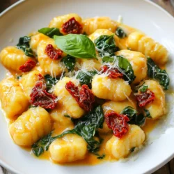 Für cremige Sun-Dried Tomato Gnocchi benötigst du folgende Hauptzutaten: - 1 Packung (450 g) Gnocchi - 240 ml getrocknete Tomaten, grob gehackt (nicht in Öl) - 1 Esslöffel Olivenöl - 3 Knoblauchzehen, fein gehackt - 240 ml Sahne - 240 ml Gemüsebrühe - 1 Tasse frischer Spinat - 50 g frisch geriebener Parmesan - Salz und Pfeffer nach Geschmack Diese Zutaten machen das Gericht reichhaltig und schmackhaft. Die Gnocchi sind der Hauptbestandteil. Sie sind weich und nehmen die Aromen der Sauce gut auf. Die getrockneten Tomaten geben einen intensiven Geschmack. Um den Geschmack zu intensivieren, kannst du folgende Aromen hinzufügen: - Eine Prise Chili für Schärfe - Ein Hauch von Zitronensaft für Frische Diese Gewürze bringen zusätzliche Dimensionen in das Gericht. Chili gibt Wärme, während Zitronensaft eine schöne Balance schafft. Frische Kräuter machen das Gericht lebendig. Hier sind einige Optionen: - Basilikum für ein klassisches Aroma - Petersilie für Frische - Oregano für mediterranen Geschmack Diese Kräuter sind leicht verfügbar und bringen Farbe und Geschmack. Sie können die Gnocchi noch ansprechender machen. Fühle dich frei, mit Kräutern zu experimentieren, um deinen persönlichen Favoriten zu finden. {{ingredient_image_2}} Bringe einen großen Topf mit gesalzenem Wasser zum Kochen. Füge die Gnocchi hinzu, sobald das Wasser sprudelt. Koche sie etwa 2-3 Minuten, bis sie an die Oberfläche steigen. Dies zeigt, dass sie fertig sind. Gieße die Gnocchi in ein Sieb und lasse sie gut abtropfen. Leg sie beiseite, während du die Soße machst. Erhitze in einer großen Pfanne das Olivenöl bei mittlerer Hitze. Füge die fein gehackten Knoblauchzehen hinzu und brate sie für etwa 1 Minute an. Der Knoblauch sollte duften, aber nicht braun werden. Jetzt kommen die grob gehackten getrockneten Tomaten in die Pfanne. Brate sie 2-3 Minuten lang und rühre oft um, damit sie nicht anbrennen. Gieße nun die Sahne und Gemüsebrühe in die Pfanne. Rühre alles gut um und lasse die Mischung sanft köcheln. Füge den frisch geriebenen Parmesan dazu und rühre weiter, bis der Käse schmilzt und die Soße cremig ist. Schmecke die Soße mit Salz und Pfeffer ab. Gib den frischen Spinat und die gekochten Gnocchi in die Pfanne mit der Soße. Wende alles vorsichtig, damit die Gnocchi gut mit der Soße überzogen sind. Der Spinat sollte nur leicht verwelken, was etwa 2-3 Minuten dauert. Nimm die Pfanne vom Herd und lasse das Gericht kurz ruhen, damit es leicht andickt. Serviere die cremigen Gnocchi sofort und garniere sie mit frischen Basilikumblättern. Sie bringen zusätzlichen Geschmack und Farbe. Die Soße sollte cremig und glatt sein. Um dies zu erreichen, verwenden Sie frische Sahne und hochwertige Gemüsebrühe. Gießen Sie die Sahne langsam in die Pfanne und rühren Sie ständig. So vermeiden Sie Klumpen. Wenn die Soße zu dick wird, fügen Sie etwas mehr Brühe hinzu. Kochen Sie die Soße nur leicht, damit sie nicht gerinnt. Lassen Sie sie nach dem Hinzufügen des Käses kurz köcheln, damit sie gut eindickt. Frische Gnocchi haben die beste Textur. Wenn Sie Gnocchi selbst machen, achten Sie auf die richtige Menge Kartoffeln. Zu viel Mehl macht sie hart. Kochen Sie die Kartoffeln in der Schale, um Wasser zu sparen. Drücken Sie sie dann durch eine Presse. Achten Sie darauf, die Gnocchi gleichmäßig zu formen. Wenn Sie sie im Wasser kochen, warten Sie, bis sie an die Oberfläche steigen, bevor Sie sie abtropfen lassen. Servieren Sie die Gnocchi sofort für den besten Geschmack. Garnieren Sie das Gericht mit frischen Basilikumblättern. Ein Spritzer Olivenöl oder etwas frisch geriebener Parmesan gibt zusätzlichen Geschmack. Sie können auch geröstete Pinienkerne für einen Knusperfaktor hinzufügen. Servieren Sie einen frischen Salat als Beilage. Das bringt Farbe und Frische auf den Teller. Pro Tipps Gnocchi richtig kochen: Achten Sie darauf, die Gnocchi in ausreichend gesalzenem Wasser zu kochen, da dies ihren Geschmack verbessert. Warten Sie, bis sie an die Oberfläche steigen, um sicherzustellen, dass sie gar sind. Getrocknete Tomaten einweichen: Wenn Sie eine intensivere Geschmackstiefe wünschen, können Sie die getrockneten Tomaten vorher in heißem Wasser einweichen, um sie weicher und aromatischer zu machen. Frischer Spinat: Fügen Sie den Spinat am Ende der Kochzeit hinzu, um sicherzustellen, dass er nur leicht verwelkt und seine leuchtende grüne Farbe behält. Nach Geschmack anpassen: Scheuen Sie sich nicht, die Sauce mit zusätzlichen Gewürzen wie Chili-Flocken oder frischen Kräutern anzupassen, um Ihr Gericht nach Ihrem persönlichen Geschmack zu verfeinern. {{image_4}} Für eine vegetarische Variante der cremigen Sun-Dried Tomato Gnocchi kann man einige einfache Änderungen vornehmen. Statt Parmesan kann man auch einen veganen Käse verwenden. Außerdem sind Nüsse wie Cashews eine tolle Ergänzung. Sie geben einen nussigen Geschmack und eine schöne Textur. Um die Gnocchi noch gesünder zu machen, können Sie zusätzlich ein paar Pilze anbraten. Champignons oder Shiitake-Pilze passen perfekt zu den getrockneten Tomaten. Möchten Sie den Geschmack Ihrer Gnocchi intensivieren? Fügen Sie einige Zutaten hinzu! Oliven oder Kapern können einen salzigen Kick bringen. Auch blanchierte Erbsen oder Zucchini passen gut. Diese Zutaten machen das Gericht bunter und nahrhafter. Außerdem können Sie frische Kräuter wie Schnittlauch oder Petersilie darüber streuen. Diese Kräuter bringen Frische und Farbe ins Gericht. Wenn Sie eine glutenfreie Option wünschen, gibt es viele gute Alternativen. Suchen Sie nach glutenfreien Gnocchi, die aus Kartoffeln oder Reis bestehen. Diese Gnocchi sind oft weich und lecker. Auch die Sahnesoße kann leicht angepasst werden. Verwenden Sie einfach glutenfreie Brühe und überprüfen Sie die Zutatenliste auf der Sahne. So bleibt Ihr Gericht geschmackvoll und ohne Gluten. Um die Reste deiner cremigen Gnocchi richtig zu lagern, nutze einen luftdichten Behälter. Stelle sicher, dass die Gnocchi vollständig abgekühlt sind, bevor du sie eingibst. So bleiben sie frisch. Lagere die Reste im Kühlschrank. Sie sollten innerhalb von 2-3 Tagen verzehrt werden. Um die Gnocchi aufzuwärmen, kannst du sie in der Mikrowelle oder auf dem Herd erhitzen. Wenn du die Mikrowelle benutzt, erwärme die Gnocchi in kurzen Intervallen. Überprüfe, ob sie gleichmäßig warm sind. Wenn du den Herd nutzt, erhitze sie in einer Pfanne bei mittlerer Hitze. Füge einen Schuss Gemüsebrühe oder Sahne hinzu, um die Cremigkeit zu erhalten. Die Haltbarkeit der Zutaten hängt von verschiedenen Faktoren ab. Frisch geriebener Parmesan bleibt im Kühlschrank etwa 1 Woche frisch. Getrocknete Tomaten können bis zu 6 Monate halten, wenn sie richtig gelagert werden. Die Sahne sollte innerhalb von 1 Woche nach dem Öffnen verwendet werden. Gemüsebrühe bleibt ungeöffnet bis zu einem Jahr haltbar. Achte auf das Haltbarkeitsdatum, um die besten Ergebnisse zu erzielen. Um Gnocchi selber zu machen, brauchen Sie Kartoffeln, Mehl und ein Ei. Kochen Sie die Kartoffeln, bis sie weich sind. Dann pürieren Sie sie und lassen sie abkühlen. Fügen Sie Mehl und das Ei hinzu. Kneten Sie alles gut, bis ein Teig entsteht. Teilen Sie den Teig in kleine Stücke und formen Sie sie zu langen Rollen. Schneiden Sie diese in kleine Stücke und drücken Sie mit einer Gabel leicht darauf, um die typische Gnocchi-Form zu erhalten. Kochen Sie die Gnocchi in gesalzenem Wasser, bis sie an die Oberfläche steigen. So einfach ist das! Ja, Sie können frische Tomaten verwenden! Frische Tomaten bringen einen tollen Geschmack. Schneiden Sie sie in kleine Stücke und fügen Sie sie in die Pfanne, nachdem der Knoblauch angebraten ist. Kochen Sie sie, bis sie weich sind. Die frischen Tomaten verleihen der Sauce eine frische Note. Wenn die Sauce zu flüssig wird, lassen Sie sie einfach etwas länger köcheln. Zu cremigen Gnocchi passen viele Beilagen. Ein einfacher grüner Salat mit einem leichten Dressing harmoniert gut. Auch geröstetes Gemüse ist eine tolle Wahl. Wenn Sie etwas mehr Protein möchten, servieren Sie Hähnchenbrust oder Garnelen dazu. Frisches Brot zum Dippen in die Sauce ist ebenfalls eine gute Idee. Probieren Sie es aus und finden Sie Ihre Lieblingskombination! Cremige Gnocchi sind einfach und lecker. Wir haben die besten Zutaten und Tipps besprochen. Die Schritt-für-Schritt-Anleitung macht die Zubereitung leicht. Dabei können Sie Ihre Gnocchi nach Lust und Laune variieren. Ob vegetarisch oder glutenfrei, es gibt viele Optionen. Achten Sie auf die Aufbewahrung, um die Reste frisch zu halten. Gnocchi sind vielseitig und immer ein Genuss. Probieren Sie es aus und entdecken Sie neue Geschmacksmöglichkeiten. Es lohnt sich!