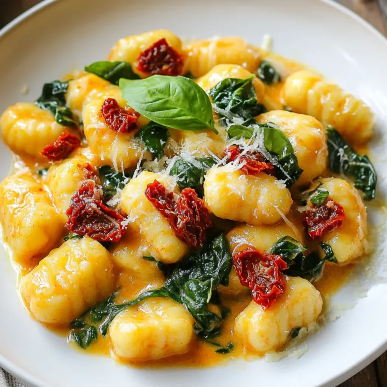 Für cremige Sun-Dried Tomato Gnocchi benötigst du folgende Hauptzutaten: - 1 Packung (450 g) Gnocchi - 240 ml getrocknete Tomaten, grob gehackt (nicht in Öl) - 1 Esslöffel Olivenöl - 3 Knoblauchzehen, fein gehackt - 240 ml Sahne - 240 ml Gemüsebrühe - 1 Tasse frischer Spinat - 50 g frisch geriebener Parmesan - Salz und Pfeffer nach Geschmack Diese Zutaten machen das Gericht reichhaltig und schmackhaft. Die Gnocchi sind der Hauptbestandteil. Sie sind weich und nehmen die Aromen der Sauce gut auf. Die getrockneten Tomaten geben einen intensiven Geschmack. Um den Geschmack zu intensivieren, kannst du folgende Aromen hinzufügen: - Eine Prise Chili für Schärfe - Ein Hauch von Zitronensaft für Frische Diese Gewürze bringen zusätzliche Dimensionen in das Gericht. Chili gibt Wärme, während Zitronensaft eine schöne Balance schafft. Frische Kräuter machen das Gericht lebendig. Hier sind einige Optionen: - Basilikum für ein klassisches Aroma - Petersilie für Frische - Oregano für mediterranen Geschmack Diese Kräuter sind leicht verfügbar und bringen Farbe und Geschmack. Sie können die Gnocchi noch ansprechender machen. Fühle dich frei, mit Kräutern zu experimentieren, um deinen persönlichen Favoriten zu finden. {{ingredient_image_2}} Bringe einen großen Topf mit gesalzenem Wasser zum Kochen. Füge die Gnocchi hinzu, sobald das Wasser sprudelt. Koche sie etwa 2-3 Minuten, bis sie an die Oberfläche steigen. Dies zeigt, dass sie fertig sind. Gieße die Gnocchi in ein Sieb und lasse sie gut abtropfen. Leg sie beiseite, während du die Soße machst. Erhitze in einer großen Pfanne das Olivenöl bei mittlerer Hitze. Füge die fein gehackten Knoblauchzehen hinzu und brate sie für etwa 1 Minute an. Der Knoblauch sollte duften, aber nicht braun werden. Jetzt kommen die grob gehackten getrockneten Tomaten in die Pfanne. Brate sie 2-3 Minuten lang und rühre oft um, damit sie nicht anbrennen. Gieße nun die Sahne und Gemüsebrühe in die Pfanne. Rühre alles gut um und lasse die Mischung sanft köcheln. Füge den frisch geriebenen Parmesan dazu und rühre weiter, bis der Käse schmilzt und die Soße cremig ist. Schmecke die Soße mit Salz und Pfeffer ab. Gib den frischen Spinat und die gekochten Gnocchi in die Pfanne mit der Soße. Wende alles vorsichtig, damit die Gnocchi gut mit der Soße überzogen sind. Der Spinat sollte nur leicht verwelken, was etwa 2-3 Minuten dauert. Nimm die Pfanne vom Herd und lasse das Gericht kurz ruhen, damit es leicht andickt. Serviere die cremigen Gnocchi sofort und garniere sie mit frischen Basilikumblättern. Sie bringen zusätzlichen Geschmack und Farbe. Die Soße sollte cremig und glatt sein. Um dies zu erreichen, verwenden Sie frische Sahne und hochwertige Gemüsebrühe. Gießen Sie die Sahne langsam in die Pfanne und rühren Sie ständig. So vermeiden Sie Klumpen. Wenn die Soße zu dick wird, fügen Sie etwas mehr Brühe hinzu. Kochen Sie die Soße nur leicht, damit sie nicht gerinnt. Lassen Sie sie nach dem Hinzufügen des Käses kurz köcheln, damit sie gut eindickt. Frische Gnocchi haben die beste Textur. Wenn Sie Gnocchi selbst machen, achten Sie auf die richtige Menge Kartoffeln. Zu viel Mehl macht sie hart. Kochen Sie die Kartoffeln in der Schale, um Wasser zu sparen. Drücken Sie sie dann durch eine Presse. Achten Sie darauf, die Gnocchi gleichmäßig zu formen. Wenn Sie sie im Wasser kochen, warten Sie, bis sie an die Oberfläche steigen, bevor Sie sie abtropfen lassen. Servieren Sie die Gnocchi sofort für den besten Geschmack. Garnieren Sie das Gericht mit frischen Basilikumblättern. Ein Spritzer Olivenöl oder etwas frisch geriebener Parmesan gibt zusätzlichen Geschmack. Sie können auch geröstete Pinienkerne für einen Knusperfaktor hinzufügen. Servieren Sie einen frischen Salat als Beilage. Das bringt Farbe und Frische auf den Teller. Pro Tipps Gnocchi richtig kochen: Achten Sie darauf, die Gnocchi in ausreichend gesalzenem Wasser zu kochen, da dies ihren Geschmack verbessert. Warten Sie, bis sie an die Oberfläche steigen, um sicherzustellen, dass sie gar sind. Getrocknete Tomaten einweichen: Wenn Sie eine intensivere Geschmackstiefe wünschen, können Sie die getrockneten Tomaten vorher in heißem Wasser einweichen, um sie weicher und aromatischer zu machen. Frischer Spinat: Fügen Sie den Spinat am Ende der Kochzeit hinzu, um sicherzustellen, dass er nur leicht verwelkt und seine leuchtende grüne Farbe behält. Nach Geschmack anpassen: Scheuen Sie sich nicht, die Sauce mit zusätzlichen Gewürzen wie Chili-Flocken oder frischen Kräutern anzupassen, um Ihr Gericht nach Ihrem persönlichen Geschmack zu verfeinern. {{image_4}} Für eine vegetarische Variante der cremigen Sun-Dried Tomato Gnocchi kann man einige einfache Änderungen vornehmen. Statt Parmesan kann man auch einen veganen Käse verwenden. Außerdem sind Nüsse wie Cashews eine tolle Ergänzung. Sie geben einen nussigen Geschmack und eine schöne Textur. Um die Gnocchi noch gesünder zu machen, können Sie zusätzlich ein paar Pilze anbraten. Champignons oder Shiitake-Pilze passen perfekt zu den getrockneten Tomaten. Möchten Sie den Geschmack Ihrer Gnocchi intensivieren? Fügen Sie einige Zutaten hinzu! Oliven oder Kapern können einen salzigen Kick bringen. Auch blanchierte Erbsen oder Zucchini passen gut. Diese Zutaten machen das Gericht bunter und nahrhafter. Außerdem können Sie frische Kräuter wie Schnittlauch oder Petersilie darüber streuen. Diese Kräuter bringen Frische und Farbe ins Gericht. Wenn Sie eine glutenfreie Option wünschen, gibt es viele gute Alternativen. Suchen Sie nach glutenfreien Gnocchi, die aus Kartoffeln oder Reis bestehen. Diese Gnocchi sind oft weich und lecker. Auch die Sahnesoße kann leicht angepasst werden. Verwenden Sie einfach glutenfreie Brühe und überprüfen Sie die Zutatenliste auf der Sahne. So bleibt Ihr Gericht geschmackvoll und ohne Gluten. Um die Reste deiner cremigen Gnocchi richtig zu lagern, nutze einen luftdichten Behälter. Stelle sicher, dass die Gnocchi vollständig abgekühlt sind, bevor du sie eingibst. So bleiben sie frisch. Lagere die Reste im Kühlschrank. Sie sollten innerhalb von 2-3 Tagen verzehrt werden. Um die Gnocchi aufzuwärmen, kannst du sie in der Mikrowelle oder auf dem Herd erhitzen. Wenn du die Mikrowelle benutzt, erwärme die Gnocchi in kurzen Intervallen. Überprüfe, ob sie gleichmäßig warm sind. Wenn du den Herd nutzt, erhitze sie in einer Pfanne bei mittlerer Hitze. Füge einen Schuss Gemüsebrühe oder Sahne hinzu, um die Cremigkeit zu erhalten. Die Haltbarkeit der Zutaten hängt von verschiedenen Faktoren ab. Frisch geriebener Parmesan bleibt im Kühlschrank etwa 1 Woche frisch. Getrocknete Tomaten können bis zu 6 Monate halten, wenn sie richtig gelagert werden. Die Sahne sollte innerhalb von 1 Woche nach dem Öffnen verwendet werden. Gemüsebrühe bleibt ungeöffnet bis zu einem Jahr haltbar. Achte auf das Haltbarkeitsdatum, um die besten Ergebnisse zu erzielen. Um Gnocchi selber zu machen, brauchen Sie Kartoffeln, Mehl und ein Ei. Kochen Sie die Kartoffeln, bis sie weich sind. Dann pürieren Sie sie und lassen sie abkühlen. Fügen Sie Mehl und das Ei hinzu. Kneten Sie alles gut, bis ein Teig entsteht. Teilen Sie den Teig in kleine Stücke und formen Sie sie zu langen Rollen. Schneiden Sie diese in kleine Stücke und drücken Sie mit einer Gabel leicht darauf, um die typische Gnocchi-Form zu erhalten. Kochen Sie die Gnocchi in gesalzenem Wasser, bis sie an die Oberfläche steigen. So einfach ist das! Ja, Sie können frische Tomaten verwenden! Frische Tomaten bringen einen tollen Geschmack. Schneiden Sie sie in kleine Stücke und fügen Sie sie in die Pfanne, nachdem der Knoblauch angebraten ist. Kochen Sie sie, bis sie weich sind. Die frischen Tomaten verleihen der Sauce eine frische Note. Wenn die Sauce zu flüssig wird, lassen Sie sie einfach etwas länger köcheln. Zu cremigen Gnocchi passen viele Beilagen. Ein einfacher grüner Salat mit einem leichten Dressing harmoniert gut. Auch geröstetes Gemüse ist eine tolle Wahl. Wenn Sie etwas mehr Protein möchten, servieren Sie Hähnchenbrust oder Garnelen dazu. Frisches Brot zum Dippen in die Sauce ist ebenfalls eine gute Idee. Probieren Sie es aus und finden Sie Ihre Lieblingskombination! Cremige Gnocchi sind einfach und lecker. Wir haben die besten Zutaten und Tipps besprochen. Die Schritt-für-Schritt-Anleitung macht die Zubereitung leicht. Dabei können Sie Ihre Gnocchi nach Lust und Laune variieren. Ob vegetarisch oder glutenfrei, es gibt viele Optionen. Achten Sie auf die Aufbewahrung, um die Reste frisch zu halten. Gnocchi sind vielseitig und immer ein Genuss. Probieren Sie es aus und entdecken Sie neue Geschmacksmöglichkeiten. Es lohnt sich!