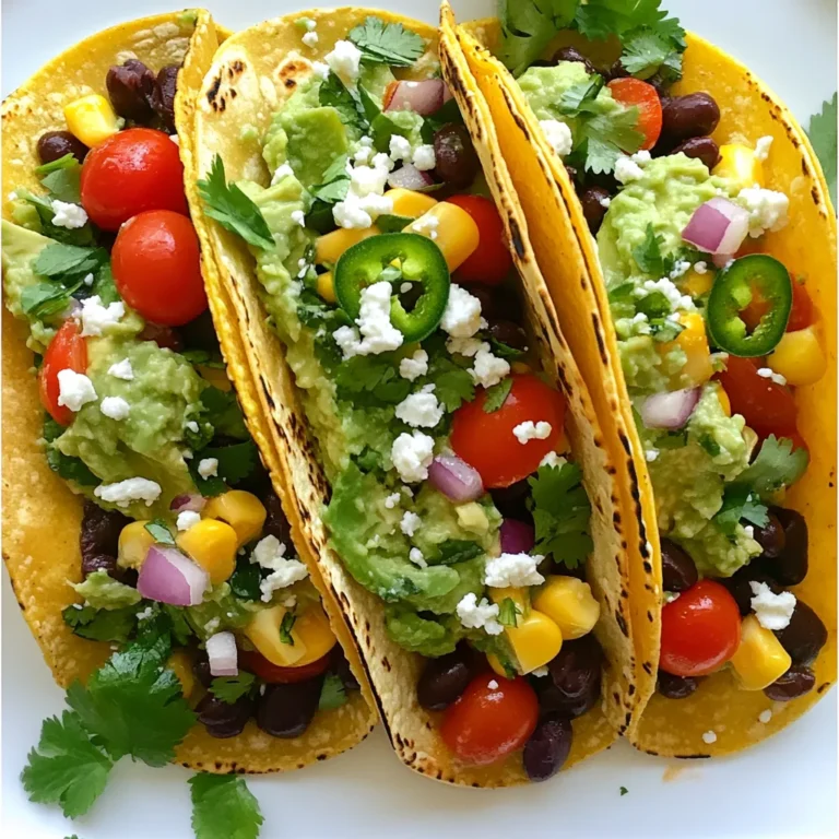 Für diese Tacos brauchst du einige frische und schmackhafte Zutaten. Hier ist die Liste: - 1 Dose (15 oz) schwarze Bohnen, gut abgespült und abgetropft - 2 reife Avocados, zerdrückt - 1 Tasse Kirschtomaten, geviertelt - 1 kleine rote Zwiebel, fein gehackt - 1 Jalapeño, ohne Kerne und klein gehackt - 8 kleine Maistortillas Diese Zutaten bieten eine tolle Grundlage für die Tacos. Die schwarzen Bohnen sind herzhaft und nahrhaft. Avocados bringen eine cremige Textur. Kirschtomaten und Zwiebeln sorgen für frische Aromen. Die Jalapeño fügt einen kleinen Kick hinzu. Die Gewürze machen die Tacos besonders lecker. Hier sind die wichtigsten: - 2 Esslöffel frischer Limettensaft - 1 Teelöffel Kreuzkümmel - 1 Teelöffel geräuchertes Paprikapulver - Salz und Pfeffer nach Geschmack Limettensaft gibt den Tacos einen spritzigen Geschmack. Kreuzkümmel bringt Wärme und Tiefe, während geräuchertes Paprikapulver ein rauchiges Aroma hinzufügt. Salz und Pfeffer heben die Aromen hervor. Du kannst die Tacos nach deinem Geschmack anpassen. Hier sind einige tolle Optionen: - Frischer Koriander, zum Garnieren - Optional: zerbröselter Feta oder Queso Fresco Koriander bringt Frische, während der Käse Cremigkeit bietet. Du kannst auch Limettenviertel als Beilage verwenden. So kannst du jedem Taco einen zusätzlichen Spritzer Limette geben. {{ingredient_image_2}} Zuerst sammeln Sie alle Zutaten. Diese sind wichtig für den besten Geschmack. Sie brauchen: - 1 Dose schwarze Bohnen - 2 reife Avocados - 1 Tasse Kirschtomaten - 1 kleine rote Zwiebel - 1 Jalapeño - 2 Esslöffel frischer Limettensaft - 1 Teelöffel Kreuzkümmel - 1 Teelöffel geräuchertes Paprikapulver - Salz und Pfeffer - 8 kleine Maistortillas - Frischer Koriander - Optional: Feta oder Queso Fresco Spülen Sie die Bohnen gut ab. Das entfernt die Konservierungsstoffe. Schneiden Sie die Kirschtomaten und die Zwiebel klein. Hacken Sie auch den Jalapeño. In einer mittelgroßen Schüssel mischen Sie die schwarzen Bohnen, die Zwiebel, die Kirschtomaten und den Jalapeño. Fügen Sie dann den Limettensaft, Kreuzkümmel und das Paprikapulver hinzu. Mischen Sie vorsichtig, damit die Bohnen ganz bleiben. Schmecken Sie die Mischung mit Salz und Pfeffer ab. Diese Mischung gibt den Tacos viel Geschmack. In einer anderen Schüssel zerdrücken Sie die Avocados. Achten Sie darauf, dass sie schön cremig wird. Fügen Sie eine Prise Salz und Limettensaft hinzu. Das verhindert, dass die Avocado braun wird. So bleibt sie frisch und lecker. Jetzt erhitzen Sie die Maistortillas. Nutzen Sie eine trockene Pfanne auf mittlerer Hitze. Erhitzen Sie jede Tortilla etwa 30 Sekunden auf jeder Seite. Sie sollen warm und biegsam sein. Um die Tacos zusammenzustellen, geben Sie einen großen Löffel der zerdrückten Avocado auf jede Tortilla. Dann fügen Sie einige Löffel der schwarzen Bohnenmischung hinzu. Wenn Sie möchten, streuen Sie zerbröselten Feta oder Queso Fresco darüber. Garnieren Sie jeden Taco mit frischem Koriander. Servieren Sie die Tacos sofort. Fügen Sie zusätzliche Limettenviertel für mehr Geschmack hinzu. Um die Avocado frisch zu halten, gibt es einfache Tricks. Zerdrücke die Avocados erst kurz vorm Servieren. So bleibt die Farbe schön. Füge einen Spritzer Limettensaft hinzu. Das verhindert das Braunwerden. Bewahre die zerdrückte Avocado in einem luftdichten Behälter auf. Lege Frischhaltefolie direkt auf die Avocado. So bleibt sie länger grün. Die Gewürze machen den Unterschied. Kreuzkümmel bringt einen warmen, erdigen Geschmack. Geräuchertes Paprikapulver gibt den Tacos Tiefe. Du kannst die Menge nach deinem Geschmack anpassen. Füge mehr Jalapeño hinzu, wenn du es schärfer magst. Eine Prise Salz verstärkt die Aromen. Mische alles gut, um die Gewürze gleichmäßig zu verteilen. Eine schöne Präsentation macht viel aus. Verwende frische Korianderblätter als Garnitur. Sie bringen Farbe und Frische. Lege die Tacos auf ein schönes Brett oder einen Teller. Füge Limettenviertel dazu. Das sieht toll aus und gibt einen frischen Kick. Achte darauf, die Tacos gleichmäßig zu füllen. So sieht jeder Taco lecker und einladend aus. Pro Tipps Frische Zutaten verwenden: Verwenden Sie reife Avocados und frische Kräuter für den besten Geschmack und die beste Textur. Würzen nach Geschmack: Passen Sie die Gewürze an Ihre Vorlieben an. Fügen Sie mehr Limettensaft oder Jalapeño für zusätzliche Schärfe hinzu. Tortillas aufwärmen: Erwärmen Sie die Tortillas in einer heißen, trockenen Pfanne, um sie weich und geschmeidig zu halten, bevor Sie die Füllung hinzufügen. Servieren Sie sofort: Diese Tacos schmecken am besten frisch zubereitet. Servieren Sie sie sofort nach dem Füllen. {{image_4}} Wenn du vegane Avocado Lime Black Bean Tacos machen willst, sind die Zutaten perfekt. Die schwarzen Bohnen und Avocados sind schon vegan. Du kannst den zerbröselten Feta oder Queso Fresco weglassen. Stattdessen kannst du etwas veganen Käse verwenden oder die Tacos einfach ohne Käse genießen. Das wird die Aromen nicht schmälern. Um mehr Protein hinzuzufügen, sind einige Optionen einfach. Du kannst Kichererbsen oder Linsen in die schwarze Bohnenmischung einarbeiten. Diese Hülsenfrüchte sind nahrhaft und passen gut zu den anderen Zutaten. Eine weitere Idee ist, etwas Tofu zu braten. Füge ihn einfach zu den Tacos hinzu, um sie noch sättigender zu machen. Reis oder Quinoa machen die Tacos noch reichhaltiger. Du kannst etwas gekochten Reis oder Quinoa unter die schwarze Bohnenmischung mischen. Das sorgt für mehr Textur und Geschmack. Es ist eine tolle Möglichkeit, die Tacos zu füllen und mehr Nährstoffe hinzuzufügen. Wenn du Tacos übrig hast, bewahre sie in einem luftdichten Behälter auf. Lege die Füllung und die Tortillas separat. So bleibt die Textur der Tortillas knusprig. Die Reste sind im Kühlschrank etwa zwei Tage haltbar. Um die Avocados frisch zu halten, packe sie in eine luftdichte Schüssel mit etwas Limettensaft. Das verhindert, dass sie braun werden. Lagere die Bohnen in ihrem eigenen Saft oder in einem anderen Behälter. So bleiben sie feucht und lecker. Frische Kirschtomaten sollten bei Raumtemperatur gelagert werden, um ihren Geschmack zu bewahren. Falls du die Tacos länger aufbewahren möchtest, kannst du die Füllung einfrieren. Fülle die Bohnenmischung in einen luftdichten Behälter und friere sie ein. Sie halten so bis zu drei Monate. Die Tortillas kannst du ebenfalls einfrieren. Lege sie zwischen Backpapier, um ein Verkleben zu vermeiden. Zum Auftauen einfach im Kühlschrank oder bei Zimmertemperatur lassen. Die Tacos sind frisch am besten. Sie halten sich im Kühlschrank etwa zwei Tage. Achte darauf, die Avocado separat aufzubewahren. So bleibt sie grün und frisch. Wenn du die Tacos aufbewahrst, kann die Tortilla weich werden. Am besten isst du sie sofort. Ja, du kannst die Bohnen selbst kochen. Trockene schwarze Bohnen sind eine tolle Option. Weiche sie über Nacht ein und koche sie dann in frischem Wasser. Das braucht Zeit, aber der Geschmack ist viel besser. Frisch gekochte Bohnen sind nahrhaft und lecker. Viele Beilagen passen gut dazu. Hier sind einige Ideen: - Reis oder Quinoa für mehr Füllung - Frischer Salat für etwas Knackiges - Salsa oder Pico de Gallo für mehr Geschmack - Limettenviertel zum Beträufeln - Gegrilltes Gemüse für eine zusätzliche Portion Gesundheit Diese Beilagen machen die Tacos noch besser! Diese Avocado Lime Black Bean Tacos sind einfach zuzubereiten und lecker. Wir haben die Hauptzutaten, Gewürze, und die besten Toppings besprochen, um den perfekten Taco zu kreieren. Du hast auch eine Schritt-für-Schritt-Anleitung erhalten, um es einfach zu machen. Tipps zur Aufbewahrung und Variationen helfen dir, das Rezept nach deinem Geschmack anzupassen. Fertige Tacos sind schnell gemacht und halten lange, wenn du sie richtig lagerst. Viel Spaß beim Ausprobieren und Genießen dieser köstlichen Tacos!