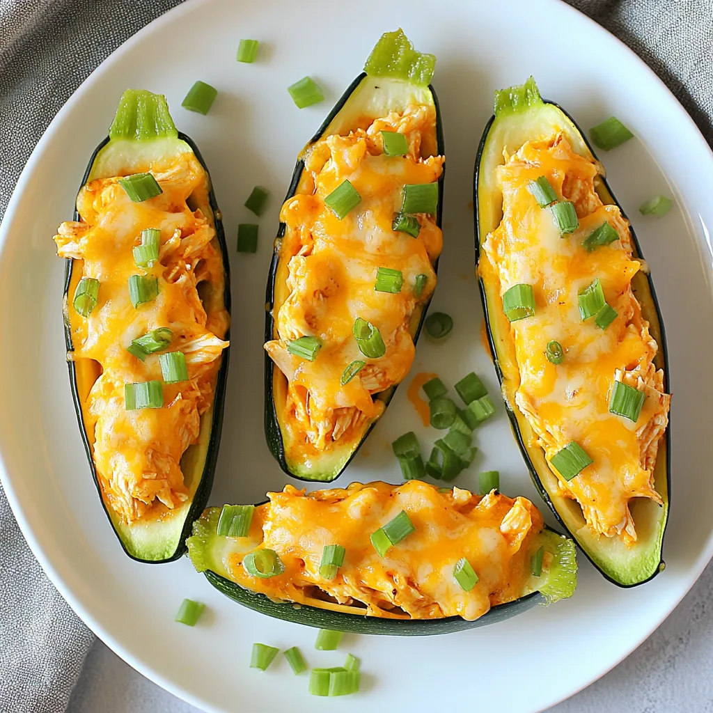 Um die besten Buffalo Chicken gefüllten Zucchini-Boote zu machen, brauchen Sie: - 4 mittelgroße Zucchini - 2 Tassen gekochtes, zerfleddertes Hühnchen - ½ Tasse Buffalo-Sauce (nach Geschmack anpassen) - 1 Tasse Frischkäse, weich - 1 Tasse geriebener Cheddar-Käse - ¼ Tasse grüne Zwiebeln, gehackt - 1 Teelöffel Knoblauchpulver - Salz und Pfeffer nach Geschmack - 2 Esslöffel Olivenöl Diese Zutaten bieten einen guten Mix aus Texturen und Aromen. Die Zucchini gibt einen frischen Geschmack, während das Hühnchen und die Buffalo-Sauce eine würzige Note bringen. Die Qualität der Zutaten ist wichtig für den Geschmack. Wählen Sie frische Zucchini, die fest und grün sind. Für das Hühnchen verwenden Sie am besten gekochtes Hähnchenbrustfilet. Achten Sie darauf, dass die Buffalo-Sauce gut gewürzt ist. Frischkäse sollte weich sein, um sich gut vermischen zu lassen. Kaufen Sie hochwertigen Cheddar-Käse für den besten Geschmack. Wenn Sie keine Zucchini mögen, probieren Sie Auberginen oder Paprika. Für eine vegetarische Option verwenden Sie Quinoa oder schwarze Bohnen anstelle von Hühnchen. Statt Buffalo-Sauce können Sie BBQ-Sauce verwenden, wenn Sie es milder mögen. Bei Käse können Sie Mozzarella oder Gouda ausprobieren. Sehen Sie, was für Sie am besten passt! {{ingredient_image_2}} Beginne mit der Auswahl von vier mittelgroßen Zucchini. Diese Zucchini sind perfekt für das Füllen. Heize deinen Ofen auf 190°C vor. Fette eine Auflaufform leicht mit Olivenöl ein. Halbiere die Zucchini der Länge nach. Nutze einen Löffel, um die Kerne zu entfernen. So erhältst du die Form von Booten. Lege die Zucchini mit der Schnittseite nach oben in die Auflaufform. In einer großen Schüssel mische zwei Tassen gekochtes, zerfleddertes Hühnchen mit ½ Tasse Buffalo-Sauce. Du kannst die Sauce nach deinem Geschmack anpassen. Füge 1 Tasse weichen Frischkäse hinzu. Mische dann 1 Tasse geriebenen Cheddar-Käse, ¼ Tasse gehackte grüne Zwiebeln, 1 Teelöffel Knoblauchpulver sowie Salz und Pfeffer nach Geschmack. Rühre die Mischung gut um, bis alles gut vermischt ist. Fülle jede Zucchini mit der Buffalo-Hühnchen-Mischung. Drücke die Füllung leicht an, damit sie gut sitzt. Bestreue die gefüllten Zucchini mit dem restlichen geriebenen Cheddar-Käse. Träufle etwas Olivenöl über die Zucchini, um sie saftig zu halten. Backe die Zucchini 25-30 Minuten im Ofen. Die Zucchini sind fertig, wenn sie zart sind und der Käse goldbraun ist. Lass die Zucchini-Boote einige Minuten abkühlen, bevor du sie servierst. Wählen Sie Zucchini, die fest und glänzend sind. Achten Sie auf die Farbe; sie sollte tiefgrün sein. Vermeiden Sie Zucchini mit weichen Stellen oder Flecken. Kleinere Zucchini sind oft zarter und haben weniger Kerne. Diese eignen sich am besten für gefüllte Zucchini-Boote. Für die besten Ergebnisse, kaufen Sie frische Zucchini im örtlichen Markt oder beim Gemüsehändler. Buffalo-Sauce kann sehr scharf sein. Passen Sie die Menge der Sauce nach Ihrem Geschmack an. Beginnen Sie mit einer halben Tasse und probieren Sie die Füllung. Wenn Sie es schärfer mögen, fügen Sie mehr Sauce hinzu. Für eine mildere Version können Sie die Buffalo-Sauce mit etwas Frischkäse mischen. So bleibt der Geschmack, aber die Schärfe wird gemildert. Ein häufiger Fehler ist, die Zucchini zu lange zu backen. Überbacken macht sie matschig. Achten Sie darauf, die Zucchini nur 25 bis 30 Minuten zu backen. Ein weiterer Fehler ist, zu viel Füllung zu verwenden. Zu viel Füllung lässt die Zucchini überlaufen. Achten Sie darauf, die Füllung leicht zu packen, damit sie gut sitzt. Salz und Pfeffer sollten in der Füllung nicht vergessen werden. Sie bringen den Geschmack richtig zur Geltung. Pro Tipps Zucchini richtig auswählen: Wählen Sie Zucchini, die fest und glänzend sind, um sicherzustellen, dass sie frisch und knackig sind. Buffalo-Sauce anpassen: Passen Sie die Menge der Buffalo-Sauce nach Ihrem Geschmack an; weniger für eine mildere Version, mehr für zusätzliche Schärfe. Frischkäse temperieren: Lassen Sie den Frischkäse vor der Verwendung einige Minuten bei Raumtemperatur stehen, damit er sich leichter vermengen lässt. Überbacken für mehr Geschmack: Für eine noch geschmackvollere Kruste können Sie die gefüllten Zucchini zum Schluss einige Minuten unter den Grill stellen. {{image_4}} Wenn Sie neue Geschmäcker mögen, probieren Sie verschiedene Füllungen. Sie können Hackfleisch oder Pulled Pork verwenden. Fügen Sie Paprika, Zwiebeln oder sogar Bohnen hinzu. Diese Zutaten bringen einen neuen Kick. Sie können auch Frischkäse mit anderen Käsesorten mischen. Mozzarella oder Feta geben eine andere Note. Für eine vegetarische Option, ersetzen Sie das Hühnchen durch Kichererbsen oder Quinoa. Kombinieren Sie diese mit Gemüse wie Spinat oder Brokkoli. Fügen Sie etwas scharfe Sauce hinzu, um den Geschmack zu verstärken. Diese Version ist gesund und voller Protein. Sie bleibt sehr schmackhaft und sättigend. Toppings machen jede Mahlzeit besser. Streuen Sie frische Kräuter wie Petersilie oder Basilikum über die Zucchini-Boote. Für zusätzlichen Crunch, fügen Sie geröstete Nüsse oder Semmelbrösel hinzu. Servieren Sie die Boote mit einem frischen Salat oder etwas Reis. Das gibt eine schöne Balance zur Füllung. Sie können auch etwas Joghurt oder Sour Cream dazu reichen. Wenn Sie Zucchini-Boote übrig haben, bewahren Sie sie in einem luftdichten Behälter auf. Lassen Sie die Zucchini zuerst auf Raumtemperatur abkühlen. Stellen Sie sicher, dass sie gut verschlossen sind. So bleibt die Füllung frisch. Sie können die Zucchini-Boote bis zu drei Tage im Kühlschrank aufbewahren. Möchten Sie die Zucchini-Boote länger aufbewahren? Dann frieren Sie sie ein. Wickeln Sie jede gefüllte Zucchini fest in Plastikfolie ein. Legen Sie sie in einen gefrierfesten Beutel. So vermeiden Sie Gefrierbrand. Zum Auftauen nehmen Sie die Zucchini-Boote einfach aus dem Gefrierfach. Lassen Sie sie über Nacht im Kühlschrank auftauen. Sie können sie dann im Ofen aufwärmen, bis sie heiß sind. Die übrig gebliebenen Zucchini-Boote schmecken auch kalt. Sie können sie als Snack genießen oder als Teil eines Salattellers verwenden. Für ein schnelles Mittagessen servieren Sie sie mit etwas Joghurt oder einem frischen Dip. Frische Kräuter oder zusätzliche grüne Zwiebeln bringen Farbe und Geschmack. Die Zubereitung der Zucchini-Boote dauert etwa 15 Minuten. Danach backen sie für 25-30 Minuten im Ofen. Insgesamt sind es also rund 45 Minuten von Anfang bis Ende. So schnell kannst du ein leckeres Gericht zaubern! Ja, du kannst die Buffalo-Sauce ganz einfach selbst machen! Mische ½ Tasse scharfe Sauce mit ¼ Tasse geschmolzener Butter. Füge etwas Knoblauchpulver und Paprika hinzu, um den Geschmack zu verbessern. So hast du eine frische, leckere Sauce, die perfekt zu den Zucchini-Boote passt. Du kannst viele Alternativen zum Hühnchen nutzen. Probiere gekochte Kichererbsen oder gewürfelten Tofu für eine vegetarische Option. Auch Rindfleisch oder Schweinefleisch sind möglich, wenn du eine andere Fleischart bevorzugst. Sei kreativ und passe das Rezept nach deinem Geschmack an! Buffalo Chicken gefüllte Zucchini-Boote sind lecker und gesund. Du hast gelernt, welche Zutaten du brauchst und wie du sie vorbereitest. Ich habe dir Tipps gegeben, um häufige Fehler zu vermeiden und Variationen zu entdecken. Das Wichtigste ist, die Zucchini gut auszuwählen und so zu füllen, dass es schmeckt. Probiere auch, eigene Saucen und Füllungen zu machen. So wird jedes Gericht einzigartig. Viel Spaß beim Kochen und Genießen deiner Zucchini-Boote!