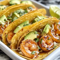 Um köstliche Honig-Limetten-Garnelen-Tacos zu machen, benötigen Sie folgende Zutaten: - 450 g Garnelen, geschält und entdarmt - 3 Esslöffel Honig - 2 Esslöffel Limettensaft - 1 Teelöffel Limettenschale - 1 Esslöffel Olivenöl - 1 Teelöffel geräuchertes Paprikapulver - 1 Teelöffel Knoblauchpulver - Salz und Pfeffer nach Geschmack - 8 kleine Maistortillas Diese Zutaten sorgen für frischen Geschmack und tolle Aromen. Die Garnelen sind der Hauptdarsteller. Honig und Limette geben süßen und sauren Genuss. Um Ihre Tacos noch besser zu machen, fügen Sie frische Beilagen hinzu: - 1 Tasse Kohl, gerieben (grün oder rot) - 1 Avocado, in Scheiben geschnitten - Frischer Koriander, als Garnitur - Limettenschnitze, zum Servieren Der Kohl bringt Crunch. Die Avocado macht die Tacos cremig. Koriander und Limette verleihen Frische und Farbe. Falls Sie etwas anderes wollen, können Sie einige Zutaten austauschen. Hier sind ein paar Ideen: - Verwenden Sie Hähnchen oder Tofu statt Garnelen. - Statt Olivenöl kann auch Kokosöl verwendet werden. - Für mehr Schärfe, fügen Sie etwas Chili oder Jalapeños hinzu. - Ersetzen Sie den Kohl durch Rucola oder Spinat. Diese Alternativen machen die Tacos vielseitig. Experimentieren Sie mit verschiedenen Geschmäckern und Texturen! {{ingredient_image_2}} Um die Marinade zu machen, nimm eine Schüssel. Füge 3 Esslöffel Honig, 2 Esslöffel Limettensaft und 1 Teelöffel Limettenschale hinzu. Dann kommen 1 Esslöffel Olivenöl, 1 Teelöffel geräuchertes Paprikapulver und 1 Teelöffel Knoblauchpulver dazu. Würze die Mischung mit Salz und Pfeffer nach Geschmack. Rühre alles gut um, bis du eine glatte Marinade hast. Jetzt ist es Zeit für die Garnelen. Nimm 450 g geschälte und entdarmte Garnelen und gib sie in die Marinade. Mische die Garnelen gut durch, damit sie gleichmäßig bedeckt sind. Lass sie 15 bis 20 Minuten marinieren. Dies gibt den Garnelen viel Geschmack und macht sie zart. Erhitze eine Pfanne auf mittlerer bis hoher Temperatur. Wenn die Pfanne heiß ist, füge die marinierten Garnelen hinzu. Brate sie 3 bis 4 Minuten auf jeder Seite, bis sie rosa und durchgegart sind. Während die Garnelen braten, nimm eine separate Pfanne. Erwärme dort 8 kleine Maistortillas etwa 30 Sekunden auf jeder Seite. Jetzt kannst du die Tacos zusammenstellen. Lege einige Garnelen auf jede Tortilla. Füge dann eine großzügige Portion geriebenen Kohl und einige Scheiben Avocado hinzu. Garniere mit frischem Koriander und einem Spritzer Limettensaft. Fertig! Die Marinade macht den Unterschied in deinem Gericht. Hier sind einige Tipps: - Verwende frischen Limettensaft für mehr Geschmack. - Mische die Marinade gut, damit die Aromen sich verbinden. - Lass die Garnelen 15-20 Minuten marinieren. So nehmen sie die Aromen auf. - Du kannst die Marinade auch mit etwas Chili für mehr Würze anpassen. Das Braten der Garnelen kann knifflig sein. Vermeide diese Fehler: - Überfülle die Pfanne nicht. Garnele brauchen Platz zum Braten. - Brate sie nicht zu lange. Sie werden hart und zäh. - Die Pfanne sollte heiß sein, bevor du die Garnelen hinzufügst. So braten sie gleichmäßig. - Wende die Garnelen nur einmal. So bleiben sie saftig und zart. Die Präsentation macht viel aus. Hier sind einige Ideen: - Serviere die Tacos auf einem schönen Teller. - Platziere die Limettenschnitze neben den Tacos. - Garniere die Tacos mit frischem Koriander. - Füge eine bunte Mischung aus Gemüse hinzu. So wird das Gericht lebendig. - Stelle Salsa oder scharfe Soße daneben für den extra Kick. Pro Tipps Marinieren für mehr Geschmack: Lassen Sie die Garnelen mindestens 15-20 Minuten in der Marinade, um den vollen Geschmack zu entfalten. Richtige Hitze verwenden: Achten Sie darauf, dass die Pfanne heiß genug ist, bevor Sie die Garnelen hinzufügen, um ein Ankleben zu vermeiden und eine schöne Bräunung zu erzielen. Frische Zutaten: Verwenden Sie frischen Koriander und frisch gepressten Limettensaft für ein intensiveres Aroma in Ihren Tacos. Zusätzliche Beilagen: Experimentieren Sie mit zusätzlichen Beilagen wie Salsa oder scharfer Sauce, um den Tacos eine persönliche Note zu verleihen. {{image_4}} Wenn du es schärfer magst, füge etwas frische Jalapeños hinzu. Du kannst auch Chilipulver oder Cayennepfeffer in die Marinade geben. Das steigert den Geschmack und bringt mehr Hitze. Probiere es aus, um den perfekten Schärfegrad zu finden. Ein Spritzer scharfer Sauce kann ebenfalls Wunder wirken. Für eine vegetarische Option kannst du die Garnelen durch gegrillten Tofu oder schwarze Bohnen ersetzen. Tofu nimmt die Marinade gut auf und ist eine großartige Proteinquelle. Du kannst auch Blumenkohl verwenden, der gewürzt und geröstet wird. Diese Alternativen bieten einen tollen Geschmack und passen gut zu den anderen Zutaten. Du kannst den Belag nach deinem Geschmack ändern. Füge statt Kohl etwas gehackten Salat oder Rucola hinzu. Auch Mango oder Ananas bringen eine süße Note. Für mehr Textur sind gehackte Nüsse oder Samen eine schöne Ergänzung. Experimentiere mit verschiedenen Kräutern wie Minze oder Petersilie für einen frischen Geschmack. Die marinierten Garnelen sind einfach aufzubewahren. Legen Sie sie in einen luftdichten Behälter. Sie können sie im Kühlschrank für bis zu zwei Tage aufbewahren. Wenn Sie die Garnelen länger lagern wollen, frieren Sie sie ein. In einem gefrierfesten Behälter bleiben sie bis zu drei Monate frisch. Denken Sie daran, die Garnelen vor dem Kochen vollständig aufzutauen. Die fertigen Tacos schmecken am besten frisch. Wenn Sie Reste haben, lagern Sie die Zutaten separat. Wickeln Sie die Tortillas in Folie, damit sie nicht austrocknen. Bewahren Sie die Garnelen und die Beilagen in einem anderen Behälter auf. So bleibt alles frisch. Die Tacos können auch am nächsten Tag gegessen werden, aber sie verlieren etwas an Knusprigkeit. Die gebratenen Garnelen halten sich im Kühlschrank bis zu zwei Tage. Um sie wieder zu erwärmen, legen Sie sie in eine Pfanne bei mittlerer Hitze. Rühren Sie sie vorsichtig um, bis sie heiß sind. Tortillas können in der Mikrowelle für 10-15 Sekunden erwärmt werden. Achten Sie darauf, sie nicht zu lange zu erhitzen, damit sie nicht hart werden. Die Garnelen sollten 15 bis 20 Minuten in der Marinade ruhen. Diese Zeit erlaubt den Garnelen, den Honig und die Limette aufzunehmen. Wenn du sie zu lange marinierst, können sie zu weich werden. Ein guter Tipp ist, die Garnelen immer im Kühlschrank zu marinieren. So bleiben sie frisch und kühl. Ja, du kannst die Tacos teilweise im Voraus machen. Du kannst die Marinade und die Garnelen am Tag zuvor vorbereiten. Achte darauf, die Garnelen im Kühlschrank zu lagern. Die Tortillas kannst du kurz vor dem Servieren erwärmen. So bleiben sie frisch und lecker. Zu diesen Tacos passen viele leckere Beilagen. Hier sind einige Vorschläge: - Reis: Ein einfacher, fluffiger Reis ergänzt die Tacos gut. - Bohnen: Schwarze Bohnen oder Pinto-Bohnen bieten einen tollen Kontrast. - Salat: Ein frischer Salat bringt Farbe und Knusprigkeit. - Salsa: Eine fruchtige Salsa erhöht den Geschmack. - Guacamole: Cremige Guacamole passt perfekt zu den Tacos. Experimentiere mit diesen Beilagen, um dein Gericht zu vervollständigen! Du hast nun alles, was du brauchst, um köstliche Honig-Limetten-Garnelen-Tacos zuzubereiten. Wir haben die Hauptzutaten, die Marinade und wichtige Tipps besprochen. Es ist leicht, die Garnelen zu marinieren und eine perfekte Taco-Basis zu schaffen. Denk an verschiedene Varianten, um die Tacos deinen Vorlieben anzupassen. Vergiss nicht, frisch zu servieren und die Beilagen kreativ zu gestalten. Diese Tacos sind einfach lecker und bieten viele Möglichkeiten. Viel Spaß beim Kochen!
