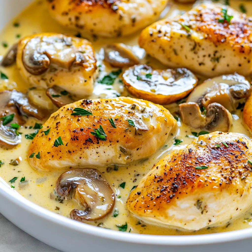 - 2 Hähnchenbrüste, ohne Knochen und Haut - 1 Tasse geschnittene Pilze (Cremini oder Champignons) - 1 Tasse Schlagsahne - 1 Tasse Hühnerbrühe Die Hauptzutaten bilden die Basis für unser Gericht. Hähnchenbrüste sind zart und saftig. Sie geben dem Gericht Protein und Fülle. Geschnittene Pilze sorgen für einen herzhaften Geschmack. Ich bevorzuge Cremini-Pilze, aber Champignons passen auch gut. Schlagsahne macht die Sauce reichhaltig und cremig. Hühnerbrühe fügt Tiefe und Geschmack hinzu. - 1 Esslöffel Olivenöl - 2 Knoblauchzehen, fein gehackt - 1 kleine Zwiebel, fein gewürfelt - 1 Teelöffel getrockneter Thymian - 1 Teelöffel Paprika - Salz und Pfeffer nach Geschmack Die Gewürze und Öle bringen alles zusammen. Olivenöl ist ideal zum Anbraten. Es gibt der Mischung einen leichten Geschmack. Knoblauch und Zwiebel bringen Aromen ins Spiel. Sie sind die Basis für die Sauce. Thymian und Paprika fügen Tiefe hinzu. Salz und Pfeffer runden alles ab. - Frische Petersilie, gehackt Frische Petersilie ist das i-Tüpfelchen. Sie bringt Farbe und Frische. Ich streue sie vor dem Servieren über das Gericht. Sie macht das Essen appetitlicher. {{ingredient_image_2}} - Würzen der Hähnchenbrüste Beginne damit, die Hähnchenbrüste mit Salz, Pfeffer und Paprika zu würzen. Diese Gewürze machen das Fleisch lecker. Lass die Gewürze einige Minuten einziehen, damit sie gut durchziehen. - Anbraten der Hähnchenbrüste Erhitze 1 Esslöffel Olivenöl in einer großen Pfanne bei mittlerer Hitze. Wenn das Öl heiß ist, lege die gewürzten Hähnchenbrüste hinein. Brate sie für 6-7 Minuten pro Seite, bis sie goldbraun sind. Das Hähnchen sollte eine Innentemperatur von 75°C erreichen. Nimm das Hähnchen aus der Pfanne und lege es auf einen Teller. - Sautieren von Zwiebel und Knoblauch In der gleichen Pfanne gib die gewürfelte Zwiebel und den gehackten Knoblauch hinzu. Sautiere diese Mischung für 2-3 Minuten. Die Zwiebel sollte weich und aromatisch sein. - Hinzufügen der Pilze und Hühnerbrühe Füge 1 Tasse geschnittene Pilze in die Pfanne. Brate sie für 5 Minuten, bis sie weich und goldbraun sind. Gieße dann 1 Tasse Hühnerbrühe in die Pfanne und lasse die Mischung köcheln. Reduziere die Brühe um die Hälfte, was etwa 4-5 Minuten dauert. - Einrühren der Schlagsahne Verringere die Hitze und rühre 1 Tasse Schlagsahne und 1 Teelöffel getrockneten Thymian ein. Mische alles gut und lasse die Sauce für 3-4 Minuten sanft köcheln, bis sie leicht eindickt. - Hähnchen in die Sauce zurücklegen Lege das gegarte Hähnchen zurück in die Pfanne. Löffle die cremige Pilzsauce über das Hähnchen. Lass alles für 2-3 Minuten warm werden. Prüfe die Sauce und passe die Würze mit mehr Salz und Pfeffer an. Um die Hähnchenbrüste perfekt zu würzen, benutze Salz, Pfeffer und Paprika. Lass die Gewürze für einige Minuten einziehen. Dies hilft, den Geschmack zu intensivieren. Brate die Hähnchenbrüste bei mittlerer Hitze. So werden sie goldbraun und saftig. Achte darauf, dass die Innentemperatur 75°C erreicht. Dies sorgt dafür, dass das Hähnchen durchgegart ist, aber nicht trocken wird. Um die Sauce noch cremiger zu machen, kannst du mehr Schlagsahne verwenden. Das gibt der Sauce eine reichhaltige Textur. Alternativ kannst du auch Frischkäse hinzufügen. Rühre ihn gut ein, während die Sauce kocht. Dies macht die Sauce besonders samtig. Achte darauf, die Hitze niedrig zu halten, damit die Sauce nicht anbrennt. Für eine ansprechende Präsentation, serviere das Hühnchen auf einem Bett aus Kartoffelbrei oder mit gedämpftem Gemüse. Träufle etwas von der extra Sauce über das Hühnchen. Streue frische, gehackte Petersilie darüber für einen frischen Farbkontrast. Dies sieht nicht nur schön aus, sondern bringt auch mehr Geschmack. Pro Tipps Hähnchen vorbereiten: Lassen Sie das Hähnchen vor dem Kochen Zimmertemperatur erreichen, um eine gleichmäßige Garung zu gewährleisten. Pilze richtig braten: Braten Sie die Pilze in einer einzigen Schicht, damit sie schön goldbraun werden und nicht dämpfen. Schlagsahne substituieren: Verwenden Sie für eine leichtere Variante statt Schlagsahne griechischen Joghurt oder eine pflanzliche Sahne. Würzen anpassen: Passen Sie die Gewürze nach Ihrem Geschmack an; frische Kräuter wie Thymian oder Rosmarin können der Sauce zusätzliches Aroma verleihen. {{image_4}} Für eine vegetarische Variante der cremigen Pilz-Hühnchen-Pfanne kann man das Hähnchen durch Tofu oder Tempeh ersetzen. Diese Proteine sind reich an Nährstoffen und nehmen die Aromen gut auf. Man kann auch Kichererbsen oder Linsen nutzen. Diese bieten zusätzliche Ballaststoffe und machen das Essen sättigender. Füge mehr Gemüse hinzu, wie Brokkoli oder Spinat, um mehr Farbe und Geschmack zu erhalten. Die Wahl der Pilze kann den Geschmack stark beeinflussen. Du kannst mit verschiedenen Pilzen experimentieren, wie Shiitake, Portobello oder Pfifferlinge. Shiitake-Pilze haben einen kräftigen Geschmack, der gut mit der Sahnesauce harmoniert. Portobello-Pilze sind herzhaft und geben viel Textur. Pfifferlinge bringen eine süßliche Note. Probiere aus, welche Kombination dir am besten gefällt. Um den Geschmack zu verbessern, kannst du mit Gewürzen spielen. Füge frische Kräuter wie Basilikum oder Oregano hinzu. Sie bringen Frische in die Sauce. Für mehr Schärfe kannst du Chili-Flocken oder Cayennepfeffer verwenden. Eine Prise Muskatnuss passt gut zur Sahne und gibt einen warmen, nussigen Geschmack. Experimentiere mit deinem Lieblingsgewürz und finde deine perfekte Mischung. Um die Cremige Pilz-Hühnchen-Pfanne frisch zu halten, müssen Sie sie richtig verpacken. Lassen Sie das Gericht zuerst abkühlen. Dann füllen Sie es in einen luftdichten Behälter. Es hält sich im Kühlschrank etwa 3 bis 4 Tage. Achten Sie darauf, die Sauce gut zu bedecken. So bleibt sie cremig und lecker. Wenn Sie das Gericht länger aufbewahren möchten, können Sie es einfrieren. Teilen Sie die Pilz-Hühnchen-Pfanne in Portionen auf. Legen Sie diese in gefriergeeignete Behälter. Sie können auch Gefrierbeutel verwenden. Achten Sie darauf, die Luft herauszudrücken, bevor Sie die Beutel schließen. So bleibt das Gericht bis zu 3 Monate frisch. Um das Gericht aufzutauen, legen Sie es über Nacht in den Kühlschrank. Um die cremige Sauce beim Wiedererhitzen perfekt zu erhalten, verwenden Sie eine Pfanne. Erwärmen Sie die Sauce bei mittlerer Hitze. Fügen Sie etwas Hühnerbrühe oder Sahne hinzu, um die Konsistenz zu verbessern. Rühren Sie gut um, um Klumpen zu vermeiden. Wenn das Gericht heiß ist, servieren Sie es sofort. Genießen Sie den vollen Geschmack der Sauce, die Sie so lieben! Die Zubereitungszeit für das Hühnchen beträgt etwa 12 bis 14 Minuten. Ich brate die Hähnchenbrüste für 6 bis 7 Minuten pro Seite. So erreichen sie eine sichere Innentemperatur von 75°C. Für die Sauce benötigen Sie zusätzlich 10 bis 12 Minuten. Insgesamt dauert das Gericht also etwa 30 Minuten. Ja, Sie können die Schlagsahne ersetzen. Eine gute Alternative ist ungesüßte Kokosmilch. Diese gibt der Sauce eine leichte Süße. Auch griechischer Joghurt funktioniert gut, wenn Sie eine leichtere Sauce möchten. Achten Sie darauf, den Joghurt gut einzuarbeiten, um Klumpen zu vermeiden. Zu dieser cremigen Pilz-Hühnchen-Pfanne passen viele Beilagen. Fluffiger Kartoffelbrei ist eine tolle Wahl. Er nimmt die Sauce gut auf. Gedämpftes Gemüse wie Brokkoli oder grüne Bohnen ergänzt das Gericht perfekt. Auch ein frischer Salat sorgt für einen schönen Kontrast. Zusammenfassend haben wir die Hauptzutaten und die Zubereitung für ein köstliches Hähnchengericht besprochen. Wir haben auch Tipps und Variationen erkundet, um das Gericht zu verbessern. Zehn einfache Schritte machen die Zubereitung leicht. Denken Sie daran, die Sauce cremig zu halten und frische Garnituren zu nutzen. Genießen Sie das Kochen und experimentieren Sie mit neuen Zutaten. So wird jede Mahlzeit besonders und lecker.