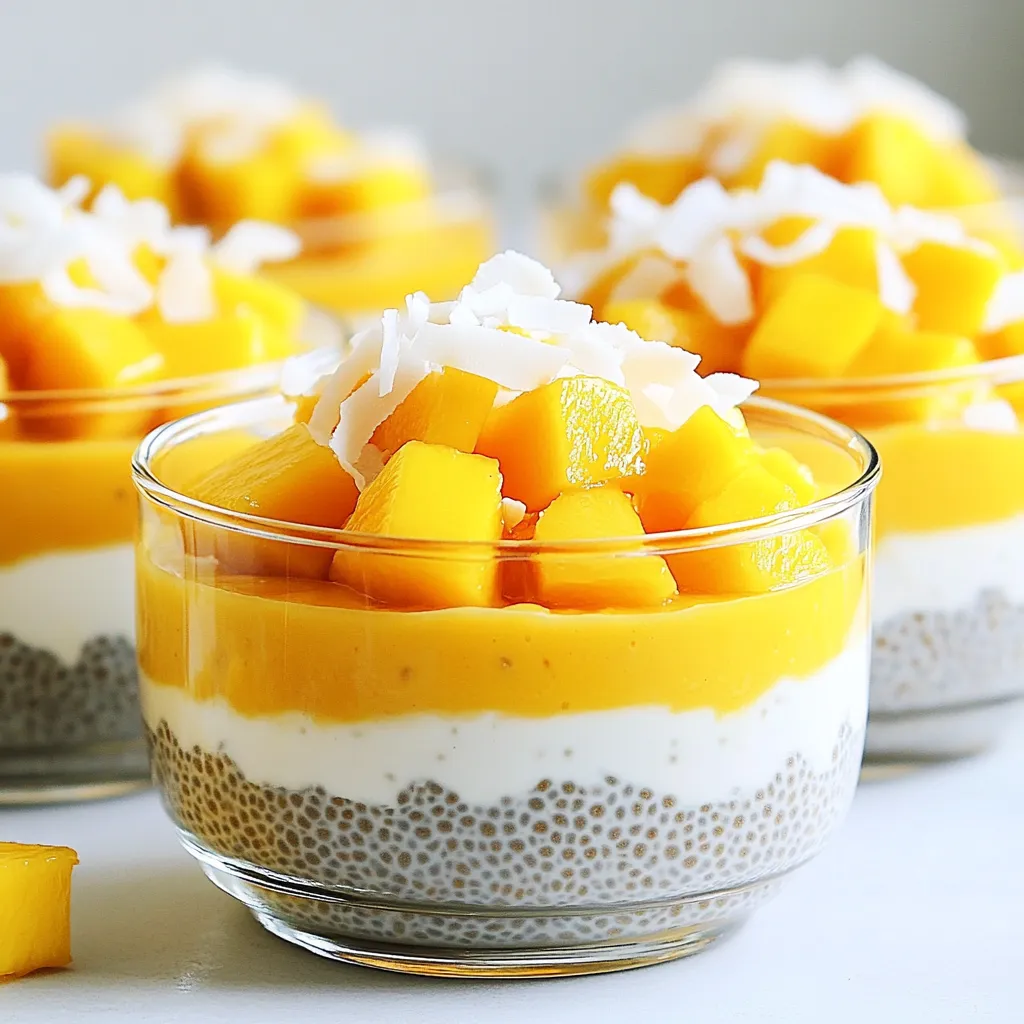 Für den Mango Kokos Chia Pudding brauchst du: - 1 Tasse Kokosmilch - 2 Esslöffel Chiasamen - 1 reife Mango, püriert - 2 Esslöffel Honig oder Ahornsirup - 1 Teelöffel Vanilleextrakt - Eine Prise Salz - Frische Mangoscheiben und geraspelte Kokosnuss zur Dekoration Diese Zutaten machen deinen Pudding cremig und süß. Die Kokosmilch gibt den starken Geschmack. Die Chiasamen sorgen für die dicke, puddingartige Konsistenz. Wähle hochwertige Kokosmilch. Die aus der Dose hat oft mehr Geschmack. Achte auf die Zutatenliste. Sie sollte einfach sein, ohne Zusatzstoffe. Die Mango muss reif sein. Sie sollte leicht drücken, wenn du sie anfasst. Frische Mangos sind am besten, aber gefrorene sind auch okay. Die Süße kannst du anpassen. Honig hat einen reicheren Geschmack als Ahornsirup. Vanilleextrakt bringt eine schöne Tiefe. Eine Prise Salz hebt die Aromen hervor. Wenn du keine Kokosmilch hast, benutze Mandelmilch oder Hafermilch. Diese geben einen anderen Geschmack, sind aber lecker. Für die Chiasamen kannst du Leinsamen verwenden, aber der Pudding wird anders. Wenn du keinen Honig magst, nimm Zucker oder einen anderen Süßstoff. Die Mango kann auch durch andere Früchte wie Passionsfrucht oder Ananas ersetzt werden. So hast du viele Varianten. {{ingredient_image_2}} Um den Mango Kokos Chia Pudding zu machen, brauchst du nur einige einfache Schritte. Zuerst nimm eine mittelgroße Schüssel. Füge dort die Kokosmilch, die Chiasamen, den Honig oder Ahornsirup, den Vanilleextrakt und eine Prise Salz hinzu. Rühre alles gut um, bis du eine gleichmäßige Mischung hast. Lass die Mischung für etwa 5 bis 10 Minuten stehen. Das gibt den Chiasamen Zeit, ein wenig zu quellen. Rühre danach erneut um, um Klumpen zu vermeiden. Jetzt decke die Schüssel ab und stelle sie in den Kühlschrank. Lass sie dort für mindestens 4 Stunden oder über Nacht. Dies hilft dem Pudding, eine schöne, dicke Konsistenz zu bekommen. Beim Mixen der Zutaten ist es wichtig, dass alles gut vermischt wird. Du kannst einen Schneebesen oder eine Gabel verwenden. Achte darauf, dass die Chiasamen gleichmäßig verteilt sind. Wenn du die Mischung ruhen lässt, macht es das einfacher, Klumpen zu vermeiden. Wenn du möchten, kannst du auch einen Mixer nutzen, um die Creme noch glatter zu machen. Aber sei vorsichtig, damit die Chiasamen nicht zu sehr zermahlen werden. Sie sollten ganz bleiben, um ihre Textur zu behalten. Jetzt kommt der spaßige Teil: das Schichten! Nimm deinen Chia-Pudding aus dem Kühlschrank und rühre ihn gut um. Fülle dann deine Serviergläser oder Schalen. Beginne mit einer Schicht Chia-Pudding. Danach kommt eine Schicht der pürierten Mango. Wiederhole diesen Vorgang, bis die Gläser gefüllt sind. Vor dem Servieren, dekoriere die Pudding-Gläser mit frischen Mangoscheiben und etwas geraspelter Kokosnuss. Das macht das Dessert nicht nur lecker, sondern sieht auch toll aus! Um den perfekten Chia-Pudding zu machen, brauchst du die richtige Mischung. Achte darauf, dass du die Kokosmilch gut mit den Chiasamen vermischst. Das sorgt für eine gleichmäßige Textur. Lasse die Mischung etwa 5-10 Minuten ruhen. So quellen die Chiasamen gut. Rühre danach um, um Klumpen zu vermeiden. Lass den Pudding mindestens 4 Stunden im Kühlschrank. Über Nacht ist ideal. So wird er schön fest und cremig. Du kannst den Mango Kokos Chia Pudding ganz einfach anpassen. Füge zum Beispiel frische Beeren hinzu. Heidelbeeren oder Erdbeeren passen wunderbar. Du magst es exotisch? Probiere Ananasstücke oder Passionsfrucht. Das gibt deinem Pudding einen frischen Kick. Du kannst auch Gewürze wie Zimt oder Muskatnuss verwenden. Diese sorgen für einen warmen, süßen Geschmack. Ein häufiger Fehler ist, die Chiasamen nicht genug quellen zu lassen. Wenn du es eilig hast, wird der Pudding nicht dick. Ein weiterer Fehler ist, die Zutaten nicht gut zu vermischen. Klumpen sind nicht schön und die Textur leidet. Stelle sicher, dass du die Mischung gut rührst, bevor du sie kühlst. Überprüfe den Pudding nach der Kühlzeit. Rühre ihn nochmal um, um eine glatte Konsistenz zu erreichen. Pro Tipps Mango reif wählen: Achte darauf, eine reife Mango zu verwenden, um den besten Geschmack und die süßeste Note in deinem Pudding zu erzielen. Kokosmilch variieren: Du kannst auch ungesüßte Kokosmilch verwenden, um den Zuckergehalt zu reduzieren und den Geschmack anzupassen. Chiasamen gut quellen lassen: Lasse die Mischung ausreichend im Kühlschrank, damit die Chiasamen gut quellen und die gewünschte Konsistenz erreichen. Schichten kreativ gestalten: Experimentiere mit verschiedenen Schichten, indem du zum Beispiel auch andere Früchte oder Nüsse hinzufügst, um mehr Textur und Geschmack zu erhalten. {{image_4}} Du kannst deinen Mango Kokos Chia Pudding ganz einfach anpassen. Füge frische Beeren hinzu, um mehr Farbe und Geschmack zu bekommen. Himbeeren, Erdbeeren oder Heidelbeeren passen gut dazu. Die Säure der Beeren harmoniert perfekt mit der Süße der Mango. So wird dein Pudding noch frischer und fruchtiger. Diese Kombination macht dein Dessert noch spannender und gesünder. Eine andere tolle Idee ist, Ananas mit deinem Pudding zu kombinieren. Püriere frische Ananas und schichte sie zwischen die Chia-Schichten. Der tropische Geschmack von Ananas ergänzt die Kokosnuss sehr gut. Du kannst auch geröstete Kokosraspeln für zusätzlichen Crunch hinzufügen. Diese exotische Variante bringt einen Hauch von Urlaub auf deinen Tisch. Wenn du eine vegane Option suchst, ersetze den Honig durch Ahornsirup oder Agavendicksaft. Beide Süßungsmittel sind pflanzlich und schmecken klasse. Du kannst die Süße nach deinem Geschmack anpassen. Diese Alternativen machen deinen Pudding nicht nur vegan, sondern auch lecker. So bleibt dein Dessert für alle zugänglich und köstlich. Mango Kokos Chia Pudding bleibt im Kühlschrank etwa 4 bis 5 Tage frisch. Lagere ihn in einem luftdichten Behälter. So bleibt der Pudding lecker und sicher. Du kannst ihn auch nach dem ersten Tag genießen, wenn du ihn gut abdeckst. Ja, du kannst Chia-Pudding einfrieren. Fülle ihn in einen gefrierfesten Behälter. Achte darauf, etwas Platz zu lassen, da der Pudding beim Gefrieren expandiert. So bleibt er bis zu 3 Monate frisch. Zum Auftauen stelle den Pudding einfach in den Kühlschrank. Das dauert einige Stunden. Die beste Methode zur Aufbewahrung ist der Kühlschrank. Verwende immer einen luftdichten Behälter. So bleibt der Pudding frisch und die Aromen bleiben erhalten. Vermeide es, den Pudding mehrmals umzuschütten. Das kann die Konsistenz verändern. Wenn du frische Mangoscheiben hinzufügst, dekoriere sie erst kurz vor dem Servieren. Ja, Mango Kokos Chia Pudding ist gesund. Chiasamen sind reich an Ballaststoffen und Omega-3-Fettsäuren. Sie fördern die Verdauung und das Herz. Kokosmilch liefert gesunde Fette und gibt eine cremige Konsistenz. Mangos sind voll von Vitaminen und Antioxidantien. Diese Kombination macht den Pudding zu einer nahrhaften Wahl. Ja, du kannst Chiasamen durch Leinsamen ersetzen. Leinsamen haben ähnliche Eigenschaften, sind aber anders im Geschmack. Du musst sie vorher mahlen, damit sie gut quellen. Du kannst auch Tapiokastärke verwenden. Diese gibt eine ähnliche Textur, ist aber weniger nahrhaft. Achte darauf, die Menge anzupassen. Sie quellen anders als Chiasamen. Um den Pudding süßer zu machen, füge mehr Honig oder Ahornsirup hinzu. Fang mit einem Esslöffel mehr an und probiere, bevor du mehr hinzufügst. Wenn du es weniger süß magst, verringere den Honig oder verwende weniger. Du kannst auch ungesüßte Kokosmilch verwenden, um den Zuckergehalt zu senken. Experimentiere mit verschiedenen Süßungsmitteln für einen anderen Geschmack. Mango Kokos Chia Pudding ist einfach zuzubereiten und voller Geschmack. Wir haben die Hauptzutaten, Zubereitung und viele Tipps besprochen. Variationen machen das Rezept aufregend. Du kannst frische Beeren oder Ananas verwenden. Auch vegane Alternativen sind leicht zu finden. Denke daran, die Haltbarkeit des Puddings zu beachten. Mit diesen Tipps gelingst du spielend deinen eigenen Chia-Pudding. Sei kreativ und entdecke deinen eigenen Lieblingsgeschmack!