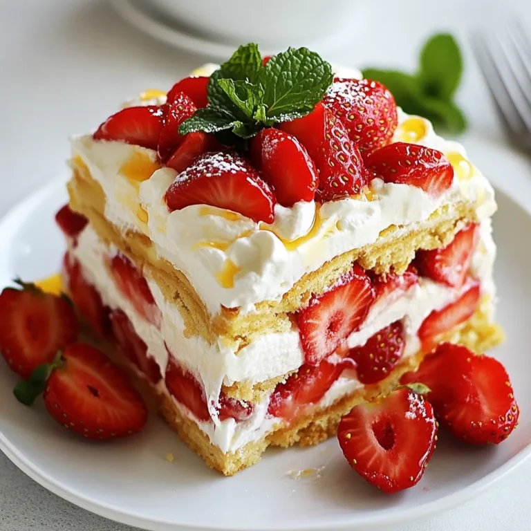 Für einen leckeren Erdbeerkuchen im Kühlschrank brauchst du folgende Hauptzutaten: - 900 g frische Erdbeeren, geputzt und in Scheiben geschnitten - 100 g Zucker (geteilt, 50 g für die Erdbeeren und 50 g für die Schlagsahne) - 480 ml Schlagsahne - 1 Teelöffel Vanilleextrakt - 1 Packung (400 g) Löffelbiskuits oder Biskuitkuchen-Scheiben - Frische Minzblätter zum Garnieren (optional) Diese Zutaten geben dem Kuchen seine frische und süße Note. Die Erdbeeren sorgen für einen tollen Geschmack, während die Schlagsahne eine cremige Textur bringt. Wenn du keine Löffelbiskuits oder Biskuitkuchen hast, gibt es viele Alternativen. Du kannst: - Kekse wie Butterkekse oder Haferkekse verwenden - Selbstgemachten Biskuitboden nutzen - Gekaufte Kuchenreste verwenden Diese Optionen passen gut zu den Erdbeeren und der Sahne. Sie geben dem Kuchen einen eigenen Charakter. Um die besten Erdbeeren zu finden, achte auf: - Leuchtend rote Farbe ohne grüne Stellen - Feste, pralle Frucht - Einen süßen, fruchtigen Duft Wähle Erdbeeren, die frisch und in Saison sind. Sie schmecken besser und bringen mehr Aroma in deinen Kuchen. Frische Erdbeeren sind der Schlüssel zu einem köstlichen Erdbeerkuchen. {{ingredient_image_2}} Um die Erdbeeren gut vorzubereiten, schneide 900 g frische Erdbeeren in Scheiben. Gib sie in eine große Schüssel. Streue 50 g Zucker über die Erdbeeren und rühre sanft um. Lass die Erdbeeren für etwa 20 Minuten stehen. So geben sie ihren Saft ab. Der Saft macht die Erdbeeren süßer und saftiger. Dies ist der Schlüssel für den Geschmack des Kuchens. Für die Schlagsahne benötigst du 480 ml Schlagsahne. Gib die Schlagsahne in eine andere Schüssel. Füge 50 g Zucker und 1 Teelöffel Vanilleextrakt hinzu. Schlage die Mischung mit einem Handmixer oder einem Schneebesen. Schlage, bis weiche Spitzen entstehen. Achte darauf, nicht zu lange zu schlagen, sonst wird die Sahne butterartig. Die perfekte Schlagsahne macht deinen Kuchen leicht und luftig. Jetzt beginnt der Spaß mit dem Schichten! Nimm eine rechteckige oder quadratische Form. Lege eine Schicht Löffelbiskuits oder Biskuitkuchen-Scheiben auf den Boden. Das gibt dem Kuchen Stabilität. Verteile die Hälfte der marinierten Erdbeeren über die Biskuits. Löffle dann eine Schicht Schlagsahne gleichmäßig darüber. Wiederhole diesen Vorgang. Füge eine weitere Schicht Biskuits hinzu, gefolgt von den restlichen Erdbeeren. Beende mit einer Schicht Schlagsahne obenauf. Decke die Form mit Frischhaltefolie ab und stelle sie mindestens 4 Stunden in den Kühlschrank. So verbinden sich die Aromen. Vor dem Servieren, garniere mit frischen Erdbeeren und Minzblättern. Das sieht schön aus und schmeckt frisch! Ein häufiger Fehler ist, die Erdbeeren nicht genug ziehen zu lassen. Lass sie mindestens 20 Minuten mit Zucker stehen. So geben sie ihren Saft ab. Ein weiterer Fehler ist, die Schlagsahne zu lange zu schlagen. Wenn sie zu fest wird, lässt sie sich schwer auftragen. Achte darauf, dass die Löffelbiskuits gleichmäßig verteilt sind. So bleibt der Kuchen stabil. Um die Schlagsahne stabiler zu machen, kannst du etwas Sahnesteif hinzufügen. Das hilft der Sahne, ihre Form zu halten. Du kannst auch Frischkäse oder Joghurt unter die Schlagsahne mischen. Achte darauf, die Zutaten gut zu vermengen, aber nicht zu lange zu schlagen. So bleibt sie luftig und leicht. Für die Präsentation schneide den Kuchen in schöne Quadrate. Lege die Stücke auf einen dekorativen Teller. Ein wenig Erdbeersaft auf dem Teller sieht toll aus. Du kannst auch frische Erdbeeren und Minzblätter als Garnitur verwenden. Das macht den Kuchen noch frischer und appetitlicher. Pro Tipps Erdbeeren vorbereiten: Verwende frische, reife Erdbeeren für den besten Geschmack. Falls die Erdbeeren nicht süß genug sind, kannst du etwas mehr Zucker hinzufügen, um die Süße zu intensivieren. Schlagsahne perfektionieren: Achte darauf, die Schlagsahne nicht zu übermixen. Sie sollte steif, aber nicht trocken sein, um eine cremige Textur zu gewährleisten. Variationen ausprobieren: Du kannst die Erdbeeren mit anderen Früchten wie Himbeeren oder Heidelbeeren kombinieren, um verschiedene Geschmäcker zu kreieren. Servieren: Lass den Kuchen vor dem Servieren ausreichend im Kühlschrank, um die Aromen zu intensivieren. Ein Übernacht-Kühlen bringt die besten Ergebnisse. {{image_4}} Um eine schokoladige Variante zu machen, kannst du Kakao verwenden. Füge 30 g ungesüßten Kakao zur Schlagsahne hinzu. Das gibt dem Kuchen einen tollen Schokoladengeschmack. Du kannst auch Schokoladenkekse anstelle von Löffelbiskuits verwenden. Schichte die Schokolade und die Erdbeeren wie im Originalrezept. Der Kontrast von Erdbeeren und Schokolade macht jeden Bissen besonders. Wenn du Erdbeeren nicht so magst, probiere andere Beeren! Himbeeren, Heidelbeeren oder Brombeeren sind großartig. Du kannst eine Mischung aus verschiedenen Beeren verwenden. Das gibt dem Kuchen mehr Farben und Geschmäcker. Achte darauf, die Beeren gut zu waschen und in Scheiben zu schneiden, wenn nötig. Das macht den Kuchen frisch und aufregend. Für eine glutenfreie Version kannst du glutenfreie Löffelbiskuits verwenden. Diese sind in vielen Geschäften erhältlich. Achte darauf, die Zutatenliste zu prüfen, um sicherzugehen, dass sie wirklich glutenfrei sind. Du kannst auch einen glutenfreien Biskuitkuchen backen. Die Füllung bleibt gleich. So kannst du den Geschmack und die Textur genießen, ohne Gluten zu konsumieren. Um den Erdbeerkuchen im Kühlschrank richtig aufzubewahren, decke ihn gut ab. Verwende Frischhaltefolie oder einen luftdichten Behälter. So bleibt der Kuchen frisch und die Aromen erhalten. Ich empfehle, die Schichten nicht zu trennen. Das sorgt dafür, dass der Kuchen saftig bleibt. Stelle den Kuchen immer nach hinten im Kühlschrank. Dort ist es kühler und stabiler. Der Erdbeerkuchen hält sich im Kühlschrank etwa drei bis vier Tage. Achte darauf, ihn gut abzudecken. So vermeidest du, dass er Gerüche von anderen Lebensmitteln aufnimmt. Nach ein paar Tagen kann die Textur etwas weicher werden. Wenn du die Schichten gut schichtest, bleibt der Geschmack jedoch frisch. Prüfe vor dem Essen immer, ob die Erdbeeren noch gut aussehen. Du kannst den Erdbeerkuchen auch einen Tag im Voraus machen. Das hilft, die Aromen besser zu verbinden. Wenn du ihn länger lagern möchtest, mache die Schlagsahne kurz vor dem Servieren. So bleibt sie luftig und frisch. Die Erdbeeren kannst du schon einen Tag vorher marinieren. Das gibt ihnen Zeit, ihren Saft abzugeben und den Kuchen noch leckerer zu machen. Der Erdbeerkuchen hält sich gut für etwa drei Tage im Kühlschrank. Nach dieser Zeit kann die Frische abnehmen. Die Löffelbiskuits können weich werden, aber der Geschmack bleibt lecker. Ich empfehle, den Kuchen in einem luftdichten Behälter aufzubewahren. So bleibt er frisch und schmeckt wunderbar. Ja, du kannst gefrorene Erdbeeren verwenden. Achte darauf, sie vorher gut abzutauen. Lass sie dann abtropfen, um überschüssige Flüssigkeit zu entfernen. Dadurch bleibt der Kuchen nicht zu nass. Gefrorene Erdbeeren sind oft süß und schmecken gut. Sie sind eine tolle Option, wenn frische Erdbeeren nicht verfügbar sind. Definitiv! Dieser Erdbeerkuchen ist perfekt für Feste oder besondere Anlässe. Er sieht toll aus und schmeckt köstlich. Die frischen Erdbeeren und die Sahne machen ihn besonders lecker. Du kannst ihn auch mit Minze oder anderen Früchten dekorieren. So wird er zu einem echten Hingucker auf jedem Tisch. Erdbeerkuchen ist ein Genuss, den jeder lieben sollte. Wir haben die besten Zutaten und Alternativen besprochen. Die Schritt-für-Schritt-Anleitung macht die Zubereitung einfach. Tipps helfen dir, Fehler zu vermeiden und den Kuchen schön zu präsentieren. Denk auch an Variationen und Lagerung. Mit diesen Informationen bist du gut gerüstet, um einen tollen Kuchen zu backen. Viel Spaß beim Ausprobieren und Genießen!