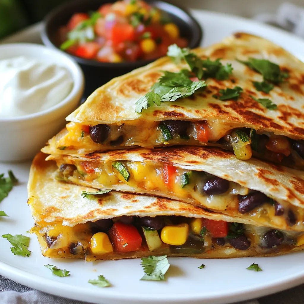 Für die Black Bean Veggie Quesadillas benötigen Sie: - 1 Dose schwarze Bohnen, abgetropft und gewaschen - 1 Tasse Maiskörner (frisch oder gefroren) - 1 rote Paprika, gewürfelt - 1 kleine Zucchini, gewürfelt - 1 kleine rote Zwiebel, gewürfelt - 2 Knoblauchzehen, fein gehackt - 1 Teelöffel gemahlener Kreuzkümmel - 1 Teelöffel Chili-Pulver - Salz und Pfeffer nach Geschmack - 4 große Vollkorn-Tortillas - 1 Tasse geriebener Käse (Cheddar oder Monterey Jack) - 2 Esslöffel Olivenöl - Frischer Koriander, gehackt (zum Garnieren) - Salsa und Sauerrahm (zum Servieren) Diese Zutaten bieten eine tolle Mischung aus Geschmack und Nährstoffen. Die schwarzen Bohnen sind reich an Protein und Ballaststoffen. Das Gemüse sorgt für Vitamine und Mineralstoffe. Die Quesadillas sind nicht nur lecker, sondern auch gesund. Eine Portion enthält etwa: - 300 Kalorien - 15 g Protein - 10 g Ballaststoffe - 20 g Fett (mit Käse) Diese Kombination macht sie zu einer guten Wahl für eine nahrhafte Mahlzeit. Sie sind ideal für alle, die gesunde und schmackhafte Gerichte mögen. Achten Sie beim Kauf auf frische Zutaten. Wählen Sie eine festere Zucchini und eine lebendige Paprika. Die Bohnen sollten ohne Zusatzstoffe sein. Frischer Koriander verleiht den Quesadillas einen tollen Geschmack. Für den Käse können Sie Cheddar oder Monterey Jack wählen. Beide schmelzen gut und bringen Geschmack. Wenn Sie eine schärfere Note möchten, verwenden Sie einen würzigen Käse. {{ingredient_image_2}} Zuerst sammeln wir alle Zutaten. Du brauchst: - 1 Dose schwarze Bohnen, abgetropft und gründlich gewaschen - 1 Tasse Maiskörner (frisch oder gefroren) - 1 rote Paprika, gewürfelt - 1 kleine Zucchini, gewürfelt - 1 kleine rote Zwiebel, gewürfelt - 2 Knoblauchzehen, fein gehackt - 1 Teelöffel gemahlener Kreuzkümmel - 1 Teelöffel Chili-Pulver - Salz und Pfeffer nach Geschmack - 4 große Vollkorn-Tortillas - 1 Tasse geriebener Käse (Cheddar oder Monterey Jack) - 2 Esslöffel Olivenöl - Frischer Koriander, gehackt (zum Garnieren) - Salsa und Sauerrahm (zum Servieren) Wasche die Bohnen gut, damit sie sauber sind. Schneide das Gemüse in kleine Stücke. Das macht das Kochen einfacher und schneller. Erhitze 1 Esslöffel Olivenöl in einer großen Pfanne bei mittlerer Hitze. Füge die gewürfelte rote Zwiebel und die Paprika hinzu. Brate sie für etwa 3-4 Minuten, bis sie weich sind. Dann kommt der gehackte Knoblauch, die Zucchini, der Mais und die schwarzen Bohnen dazu. Streue den Kreuzkümmel und das Chili-Pulver ein. Würze mit Salz und Pfeffer. Lasse alles für 5-7 Minuten köcheln, bis die Zucchini zart ist. Nimm die Pfanne vom Herd und stelle die Füllung beiseite. Heize eine saubere Pfanne bei mittlerer Hitze vor und füge 1/2 Esslöffel Olivenöl hinzu. Lege eine Tortilla in die Pfanne. Belege die Hälfte mit einer großzügigen Portion der Füllung und streue 1/4 Tasse Käse darüber. Klappe die Tortilla zusammen und backe sie für 3-4 Minuten, bis der Käse schmilzt und die Tortilla goldbraun wird. Wende die Quesadilla und backe sie auf der anderen Seite für 2-3 Minuten, bis sie knusprig ist. Wiederhole diesen Schritt für die restlichen Tortillas und die Füllung. Schneide die Quesadillas in Keile und bestreue sie mit frischem Koriander. Serviere sie warm mit Salsa und Sauerrahm. Um eine perfekte Quesadilla zu machen, achte auf die Hitze. Zu hohe Hitze kann die Tortilla verbrennen. Ich empfehle, die Pfanne auf mittlere Hitze zu stellen. Verwende frische Zutaten für den besten Geschmack. Mische die Gemüse gut, damit sie gleichmäßig garen. Wenn du die Quesadilla wendest, benutze einen großen Spatel. So bleibt alles an seinem Platz. Lass den Käse gut schmelzen, bevor du die Tortilla umdrehst. Das sorgt für eine schöne, schmelzige Füllung. Salsa und Sauerrahm sind klassisch, aber du kannst mehr ausprobieren. Guacamole passt hervorragend zu Quesadillas. Frischer Koriander gibt einen tollen Geschmack. Du kannst auch einen einfachen Salat dazu servieren. Ein gemischter grüner Salat mit Limettensaft ist frisch und lecker. Wenn du es schärfer magst, füge Jalapeños hinzu. Für einen besonderen Kick, versuche eine Mango-Salsa. Das bringt eine süße Note. Ein häufiger Fehler ist, die Tortilla zu überfüllen. Wenn du zu viel Füllung nimmst, wird es schwer zu wenden. Halte die Füllung auf einen guten Esslöffel voll. Ein weiterer Fehler ist, die Quesadilla nicht genug zu braten. Du solltest die Tortilla goldbraun sehen. Wenn sie blass bleibt, fehlt der Geschmack. Achte darauf, frische Zutaten zu verwenden. Alte Bohnen oder schlaffe Gemüse machen das Gericht weniger schmackhaft. Pro Tipps Frische Zutaten: Verwenden Sie frisches Gemüse, wenn möglich, um den Geschmack und die Textur Ihrer Quesadillas zu verbessern. Käsewahl: Experimentieren Sie mit verschiedenen Käsesorten wie Pepper Jack für einen zusätzlichen Kick oder Mozzarella für eine mildere Variante. Richtige Hitze: Stellen Sie sicher, dass die Pfanne nicht zu heiß ist, um ein Anbrennen der Tortilla zu vermeiden, während der Käse schmilzt. Dip-Optionen: Servieren Sie die Quesadillas mit verschiedenen Dips wie Guacamole oder einer scharfen Salsa, um die Aromen zu variieren. {{image_4}} Für ein vegetarisches Gericht können Sie nur Gemüse und Käse verwenden. Wenn Sie vegan leben, lassen Sie den Käse weg oder wählen Sie eine pflanzliche Käsealternative. Viele Marken bieten leckere vegane Käseoptionen an. Diese schmecken gut und schmelzen ähnlich wie normaler Käse. Fühlen Sie sich frei, die Füllungen anzupassen. Sie können Spinat, Pilze oder Avocado hinzufügen. Diese Zutaten bringen mehr Geschmack und Textur. Für Käse können Sie auch Mozzarella oder Gouda verwenden. Diese Käsesorten sind mild und passen gut zu den Bohnen und dem Gemüse. Wenn Sie es scharf mögen, fügen Sie frische Chilis oder Jalapeños hinzu. Diese bringen eine tolle Schärfe in die Quesadillas. Sie können auch scharfe Soßen oder gewürztes Chili-Pulver benutzen. Experimentieren Sie, um Ihre perfekte Mischung zu finden. So wird jedes Mal etwas Neues und Aufregendes daraus! Um übrig gebliebene Quesadillas zu lagern, lassen Sie sie zuerst abkühlen. Wickeln Sie jede Quesadilla in Frischhaltefolie oder Aluminiumfolie. Legen Sie die gewickelten Quesadillas in einen luftdichten Behälter. So bleiben sie frisch und lecker. Im Kühlschrank bleiben die Quesadillas etwa 3 bis 4 Tage gut. Wenn Sie sie länger aufbewahren möchten, frieren Sie sie ein. Im Gefrierfach sind sie bis zu 3 Monate haltbar. Achten Sie darauf, die Quesadillas gut zu verpacken, um Gefrierbrand zu vermeiden. Um die Quesadillas aufzuwärmen, verwenden Sie eine Pfanne bei mittlerer Hitze. Legen Sie die Quesadilla hinein und erwärmen Sie sie 3 bis 4 Minuten pro Seite. So wird die Tortilla wieder knusprig und der Käse schmilzt schön. Alternativ können Sie auch einen Toasterofen verwenden. Um deine Quesadillas knusprig zu machen, achte auf die Hitze. Nutze eine mittlere Hitze, um die Tortillas gleichmäßig zu bräunen. Verwende auch etwas Olivenöl in der Pfanne. Das hilft, die Außenfläche schön knusprig zu machen. Klappe die Tortilla zu und drücke sie leicht an. So bleibt die Füllung drin, und die Quesadilla wird gleichmäßiger gebräunt. Wende sie vorsichtig, um eine schöne goldene Farbe zu erhalten. Ja, du kannst die Quesadillas ohne Käse machen. Die schwarze Bohnen Mischung ist schon reichhaltig und lecker. Du kannst stattdessen mehr Gemüse oder Avocado hinzufügen. Wenn du eine vegane Option wählst, gibt es viele köstliche Käsealternativen, die du probieren kannst. So bleibt der Geschmack toll, auch ohne Käse. Es dauert etwa 15 Minuten, um die Zutaten vorzubereiten. Die Gesamtzeit für das Kochen beträgt ungefähr 30 Minuten. Das macht es einfach, sie schnell zu machen. Du kannst sie auch im Voraus zubereiten und später aufwärmen. Perfekt für ein schnelles Abendessen oder einen Snack! In diesem Blogbeitrag haben wir alles über Quesadillas behandelt. Wir haben die besten Zutaten, die Zubereitung und Lagerung besprochen. Ich habe Tipps gegeben, um Perfektion zu erreichen und häufige Fehler zu vermeiden. Quesadillas können vielseitig sein, sei es vegetarisch oder würzig. Achte beim Lagern auf die richtigen Methoden, um den Geschmack zu erhalten. Mit diesen Informationen kannst du jetzt leckere Quesadillas selbst zubereiten. Viel Spaß beim Kochen und Genießen!
