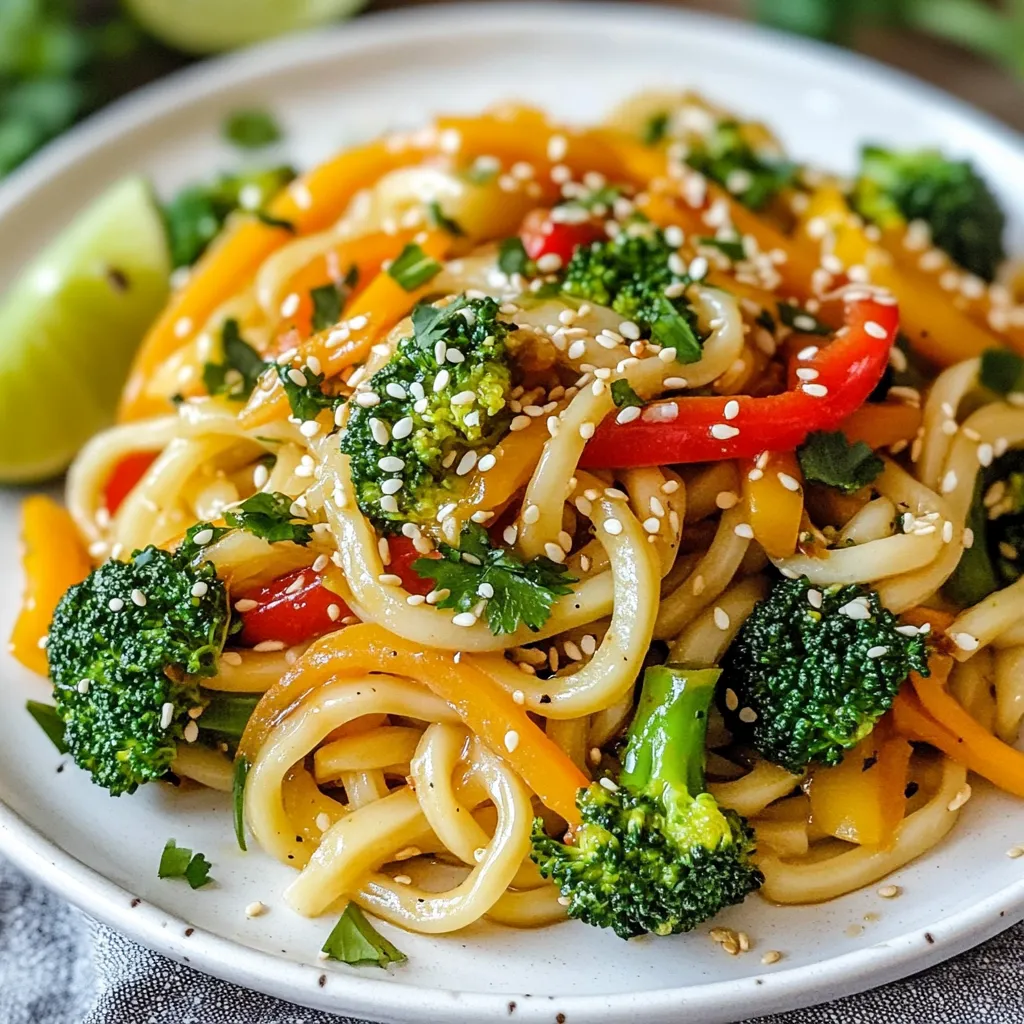 Für das perfekte Sesame Udon Noodle Stir-Fry benötigst du: - 200g Udon-Nudeln - 2 Esslöffel Sesamöl - 1 Tasse Brokkoli-Röschen - 1 rote Paprika, in Scheiben geschnitten - 1 Karotte, in feine Streifen geschnitten - 3 Frühlingszwiebeln, gehackt - 2 Knoblauchzehen, gehackt - 1 Esslöffel frischer Ingwer, gerieben - 2 Esslöffel Sojasauce - 1 Esslöffel Hoisinsauce - 1 Esslöffel Sesamsamen - Prise rote Pfefferflocken (optional) - Frischer Koriander zur Garnierung Diese Zutaten sind einfach zu finden und machen das Gericht schmackhaft und bunt. Wenn du keine frischen Zutaten hast, ist das kein Problem. Hier sind einige Alternativen: - Du kannst gefrorenes Gemüse verwenden, das du einfach direkt in die Pfanne gibst. - Statt frischem Ingwer kannst du Ingwerpulver nutzen, aber die Frische geht verloren. - Für die Frühlingszwiebeln kannst du auch Zwiebeln verwenden. Diese Alternativen helfen dir, das Gericht schnell zuzubereiten, auch wenn du wenig Zeit hast. Udon-Nudeln sind dick und weich. Hier sind einige Tipps, um die besten Udon-Nudeln zu wählen: - Suche nach frischen Udon-Nudeln im Kühlregal. Sie sind oft besser als trockene. - Achte auf die Zutatenliste. Die besten Udon-Nudeln haben nur Wasser, Mehl und Salz. - Wenn du keine Udon-Nudeln findest, kannst du auch andere Nudeln wie Soba oder Ramen verwenden. Diese Tipps helfen dir, die besten Nudeln für dein Stir-Fry auszuwählen. {{ingredient_image_2}} Um die Udon-Nudeln zu kochen, bringe einen großen Topf mit Wasser zum Kochen. Füge die 200g Udon-Nudeln hinzu. Koche sie nach den Anweisungen auf der Packung, etwa 4-5 Minuten. Wenn sie fertig sind, lasse sie abtropfen. Spüle die Nudeln gut mit kaltem Wasser ab. So stoppst du den Kochprozess und die Nudeln bleiben nicht klebrig. Stelle sie dann beiseite. Jetzt geht es ans Gemüse. Erhitze in einer großen Pfanne oder einem Wok 2 Esslöffel Sesamöl bei mittlerer bis hoher Hitze. Füge 2 gehackte Knoblauchzehen und 1 Esslöffel geriebenen Ingwer hinzu. Brate sie etwa 30 Sekunden lang an. Sie sollten aromatisch sein. Dann gebe den Brokkoli, die rote Paprika und die Karotte in die Pfanne. Brate das Gemüse 4-5 Minuten lang an, bis es zart, aber noch knackig ist. Reduziere die Hitze auf mittlere Stufe. Füge die gekochten Udon-Nudeln zur Pfanne hinzu. Mische alles vorsichtig, damit die Nudeln gut mit dem Gemüse vermischt sind. Gieße 2 Esslöffel Sojasauce und 1 Esslöffel Hoisinsauce über die Mischung. Werfe alles gut um. So verteilen sich die Saucen gleichmäßig. Füge die gehackten Frühlingszwiebeln und 1 Esslöffel Sesamsamen hinzu. Wenn du es scharf magst, streue eine Prise rote Pfefferflocken darüber. Brate alles für weitere 2-3 Minuten, um es gut zu durchwärmen. Um die Udon-Nudeln perfekt zuzubereiten, bringen Sie einen großen Topf mit Wasser zum Kochen. Geben Sie 200g Udon-Nudeln hinein und kochen Sie sie 4-5 Minuten. Sobald sie weich sind, gießen Sie sie ab und spülen Sie sie mit kaltem Wasser ab. So stoppen Sie den Kochprozess. Dies verhindert, dass die Nudeln matschig werden. Lassen Sie die Nudeln dann beiseite, bis Sie sie brauchen. Die Saucen sind der Schlüssel zu diesem Gericht. Verwenden Sie 2 Esslöffel Sojasauce und 1 Esslöffel Hoisinsauce. Diese Saucen bringen Geschmack und Tiefe. Geben Sie die Saucen erst nach dem Anbraten des Gemüses hinzu. So bleibt das Gemüse knackig. Fügen Sie auch 1 Esslöffel Sesamöl hinzu, um ein nussiges Aroma zu erhalten. Für einen kleinen Kick können Sie eine Prise rote Pfefferflocken hinzufügen. Die Präsentation macht das Essen noch ansprechender. Garnieren Sie jeden Teller mit frischem Koriander und streuen Sie zusätzlich Sesamsamen darüber. Dies gibt dem Gericht mehr Textur und Farbe. Servieren Sie eine Limette dazu. Der Saft bringt Frische und macht das Gericht lebendiger. Achten Sie darauf, die Nudeln gleichmäßig zu verteilen, damit jeder Bissen lecker ist. Profi Tipps Gekochte Nudeln abspülen: Spülen Sie die gekochten Udon-Nudeln mit kaltem Wasser ab, um überschüssige Stärke zu entfernen und ein Verkleben zu verhindern. Gemüse knackig halten: Achten Sie darauf, das Gemüse nur so lange zu braten, bis es zart, aber noch knackig ist, um den vollen Geschmack und die Nährstoffe zu erhalten. Saucen nach Geschmack anpassen: Experimentieren Sie mit der Menge an Sojasauce und Hoisinsauce, um die perfekte Balance zwischen salzig und süß für Ihren Gaumen zu finden. Frische Kräuter verwenden: Garnieren Sie das Gericht immer mit frischen Kräutern wie Koriander oder Schnittlauch für zusätzliche Frische und Farbe. {{image_4}} Für eine vegetarische oder vegane Version dieser Udon-Nudeln, lasse einfach die Hoisinsauce weg, wenn sie Fischsauce enthält. Du kannst auch mehr Gemüse hinzufügen, um die Aromen zu steigern. Brokkoli, Paprika und Karotten sind nahrhaft und lecker. Kichererbsen oder Tofu sind gute Proteinquellen. Soja- oder Kokosaminosauce sind tolle Alternativen zur Sojasauce. Wenn du etwas mehr Protein willst, füge Hähnchen, Garnelen oder Rindfleisch hinzu. Brate das Fleisch zuerst an, bevor du das Gemüse hinzufügst. Auch Tofu oder Tempeh sind gute Optionen. Sie nehmen den Geschmack der Saucen gut auf. Achte darauf, das Protein gleichmäßig zu garen, damit es zart bleibt. Das Beste an diesem Gericht ist die Flexibilität mit Gemüse. Du kannst Zucchini, Pilze oder Spinat verwenden. Diese Gemüsesorten verleihen dem Gericht Farbe und Textur. Achte darauf, das Gemüse in gleich große Stücke zu schneiden. So gart alles gleichmäßig und bleibt knackig. Probiere auch verschiedene Gewürze und Kräuter aus, um neue Geschmäcker zu entdecken. Um Reste von deinem Sesame Udon Noodle Stir-Fry gut zu lagern, folge diesen Schritten. Lass das Gericht zuerst abkühlen. Packe es dann in einen luftdichten Behälter. Achte darauf, dass der Behälter nicht zu voll ist. So bleibt das Essen frisch. Lagere den Behälter im Kühlschrank. Wenn du das Gericht wieder aufwärmen möchtest, benutze am besten eine Pfanne. Erhitze etwas Sesamöl darin. Füge die Reste hinzu und brate sie kurz an. Das sorgt für einen tollen Geschmack. Du kannst auch einen Mikrowellenaufsatz nutzen. Achte darauf, das Essen gleichmäßig zu erhitzen. Dein Sesame Udon Noodle Stir-Fry hält sich im Kühlschrank etwa drei bis vier Tage. Nach dieser Zeit kann der Geschmack nachlassen. Achte darauf, das Essen gut zu schauen und zu riechen, bevor du es isst. Wenn es komisch aussieht oder riecht, schmeiß es weg. So bleibst du gesund! Die Zubereitung von Udon-Nudeln dauert etwa 4 bis 5 Minuten. Sie bringen einfach Wasser zum Kochen. Fügen Sie dann die Nudeln hinzu und kochen Sie sie. Nach dem Kochen lassen Sie die Nudeln abtropfen und spülen sie mit kaltem Wasser ab. So bleiben sie al dente und kleben nicht zusammen. Ja, Sie können andere Saucen verwenden. Sojasauce ist eine gute Basis. Sie können auch Teriyaki- oder Erdnusssauce ausprobieren. Diese Saucen geben dem Gericht einen anderen Geschmack. Fühlen Sie sich frei, kreativ zu sein und Ihre Lieblingssaucen zu mischen! Zu diesem Gericht passen viele Beilagen. Ein frischer Salat gibt einen tollen Kontrast. Sie können auch gedämpftes Gemüse oder frische Frühlingsrollen servieren. Auch ein Stück Limette bringt eine spritzige Note. Kombinieren Sie, was Ihnen am besten schmeckt! Zusammengefasst haben wir die wichtigsten Zutaten für Udon-Nudeln behandelt. Ich habe Tipps gegeben, wie man die Nudeln richtig kocht und zubereitet. Außerdem gab es Ideen für Variationen und lagermethoden. Wenn du diese Schritte und Tricks befolgst, macht das Kochen Spaß und das Essen wird lecker. Denke daran, kreativ zu sein und verschiedene Zutaten auszuprobieren. So wird jedes Gericht ein neues Highlight!