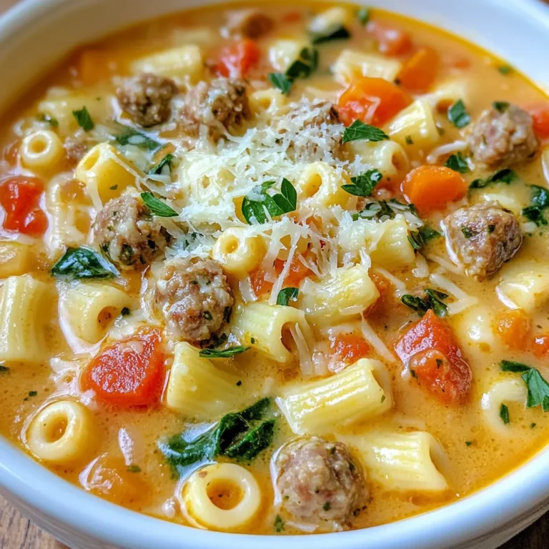 Die Hauptzutaten machen diese Suppe cremig und lecker. Hier sind die Zutaten, die Sie benötigen: - 450 g italienische Wurst (süß oder scharf, nach Wahl) - 1 mittlere Zwiebel, gewürfelt - 3 Knoblauchzehen, fein gehackt - 3 mittlere Karotten, gewürfelt - 2 Stangen Sellerie, gewürfelt - 1 Dose (410 g) gewürfelte Tomaten, ungedrained - 1,5 Liter Hühner- oder Gemüsebrühe - 240 g ungekochte kleine Pasta (wie Ditalini oder Ellenbogen-Pasta) - 240 ml Sahne - 100 g frisch geriebener Parmesan-Käse - 100 g Babyspinat Die Gewürze und zusätzlichen Zutaten bringen den Geschmack zur Geltung. Sie benötigen: - 1 Teelöffel italienische Gewürzmischung - Salz und Pfeffer nach Geschmack - Frische Petersilie, gehackt (zum Garnieren) Frische Zutaten sind der Schlüssel zu einem großartigen Geschmack. Hier sind einige Tipps: - Wurst: Suchen Sie nach frischer italienischer Wurst. Schauen Sie sich lokale Märkte an. - Gemüse: Wählen Sie knackige Karotten und frische Selleriestangen. Sie sollten fest und leuchtend sein. - Käse: Kaufen Sie frischen Parmesan und reiben Sie ihn selbst. So schmeckt er besser. - Spinat: Achten Sie darauf, dass er frisch und grün aussieht. Vermeiden Sie welke Blätter. Mit diesen Zutaten und Tipps sind Sie bereit, eine köstliche Creamy Parmesan Sausage Pasta Soup zu zaubern. {{ingredient_image_2}} Zuerst müssen wir alle Zutaten bereitstellen. Das macht den Kochprozess einfacher und schneller. Du brauchst: - 450 g italienische Wurst - 1 mittlere Zwiebel - 3 Knoblauchzehen - 3 mittlere Karotten - 2 Stangen Sellerie - 1 Dose gewürfelte Tomaten - 1,5 Liter Hühner- oder Gemüsebrühe - 240 g kleine Pasta - 240 ml Sahne - 100 g frisch geriebenen Parmesan - 100 g Babyspinat - 1 Teelöffel italienische Gewürzmischung - Salz und Pfeffer - Frische Petersilie Jetzt ist alles bereit, um zu starten! Nimm einen großen Topf und erhitze ihn bei mittlerer Hitze. Die Wurst aus der Hülle nehmen und in den Topf krümeln. Brate die Wurst etwa 5 bis 7 Minuten an, bis sie braun ist. Zerdrücke die Wurst mit einem Löffel, damit sie gleichmäßig brät. Füge die gewürfelte Zwiebel, den Knoblauch, die Karotten und den Sellerie in den Topf. Brate das Gemüse etwa 5 Minuten an, bis es weich ist. Rühre die Mischung oft um, damit nichts anbrennt. Der Duft ist jetzt schon köstlich! Gib die gewürfelten Tomaten und die Brühe in den Topf. Bringe die Mischung zum Kochen. Wenn die Suppe kocht, reduziere die Hitze. Füge die ungekochte Pasta hinzu und koche sie nach den Anweisungen auf der Verpackung, meist 8 bis 10 Minuten. Reduziere die Hitze auf niedrig und rühre die Sahne und den Parmesan ein. Mische alles gut, bis der Käse schmilzt und die Suppe schön cremig ist. Füge den Babyspinat und die italienische Gewürzmischung hinzu. Lass den Spinat kurz welken. Mit Salz und Pfeffer abschmecken. Nimm die Suppe vom Herd und lass sie einige Minuten ruhen, bevor du sie servierst. Um die perfekte Konsistenz zu erreichen, ist die Wahl der Pasta wichtig. Ich empfehle kleine Pasta wie Ditalini oder Ellenbogen-Pasta. Diese Formen nehmen die Brühe gut auf. Achte darauf, die Pasta nach den Anweisungen auf der Packung zu kochen. Damit sie al dente bleibt, rühre die Suppe regelmäßig um. Wenn die Suppe zu dick wird, füge etwas Brühe hinzu. So bleibt die Suppe schön cremig und leicht zu genießen. Um den Geschmack zu verbessern, kannst du frische Kräuter hinzufügen. Basilikum oder Thymian passen gut dazu. Auch ein Spritzer Zitronensaft bringt Frische. Wenn du es würziger magst, füge mehr italienische Gewürze hinzu. Für einen rauchigen Geschmack, probiere geräucherten Paprika. Achte darauf, die Gewürze nach und nach zu testen, um die perfekte Balance zu finden. Eine Prise Parmesan zum Schluss verstärkt den herzhaften Geschmack. Die Präsentation ist wichtig. Schöpfe die Suppe in schöne Schalen. Garniere sie mit frisch geriebenem Parmesan und gehackter Petersilie. Diese Farben machen die Suppe einladend. Serviere dazu knuspriges Brot. Du kannst das Brot in die Suppe dippen. Das macht das Essen noch genussvoller. Achte darauf, dass die Schalen warm sind. So bleibt die Suppe länger heiß. Pro Tipps Wurstwahl: Wählen Sie eine Wurst, die Ihnen gefällt – süß oder scharf. So können Sie den Geschmack der Suppe nach Ihrem Wunsch anpassen. Pasta al dente: Achten Sie darauf, die Pasta nicht zu überkochen, damit sie in der Suppe ihren Biss behält und nicht matschig wird. Frische Kräuter: Verwenden Sie frische Petersilie oder Basilikum zur Garnierung, um der Suppe einen zusätzlichen Frischekick zu geben. Sahne hinzufügen: Fügen Sie die Sahne am Ende des Kochens hinzu, damit sie nicht gerinnt und die Suppe schön cremig bleibt. {{image_4}} Für eine vegetarische Version dieser Suppe kannst du die Wurst durch eine Mischung aus Linsen und Pilzen ersetzen. Diese Zutaten geben der Suppe eine herzhafte Note. Wenn du eine vegane Option möchtest, nutze pflanzliche Sahne und lasse den Käse weg oder verwende eine vegane Käsealternative. Du wirst überrascht sein, wie gut diese Varianten schmecken! Die Wahl der Pasta kann den Geschmack der Suppe verändern. Probier doch mal Penne oder Farfalle aus! Diese Formen halten die Sauce gut fest und sorgen für einen tollen Biss. Auch glutenfreie Pasta funktioniert gut in dieser suppe, sodass jeder mitessen kann. Denk daran, die Kochzeit entsprechend anzupassen. Füge deiner Suppe mehr Farbe und Nährstoffe hinzu, indem du zusätzliches Gemüse verwendest. Zucchini, Paprika oder grüne Bohnen passen hervorragend. Wenn du es würziger magst, probiere etwas Chili oder Jalapeños. Diese Extras machen die Suppe noch gesünder und leckerer! Die Suppe kann gut im Kühlschrank aufbewahrt werden. Fülle die Suppe in einen luftdichten Behälter. So bleibt sie frisch und lecker. Stelle sicher, dass die Suppe vollständig abgekühlt ist, bevor du sie in den Kühlschrank stellst. So vermeidest du Kondensation, die die Konsistenz beeinflussen kann. Die Suppe hält sich etwa drei bis fünf Tage. Wenn du mehr Suppe gekocht hast, friere sie ein. Nutze gefriergeeignete Behälter oder Beutel. Lass etwas Platz, damit sich die Suppe beim Gefrieren ausdehnen kann. Die Suppe bleibt bis zu drei Monate frisch im Gefrierfach. Um die beste Qualität zu erhalten, beschrifte die Behälter mit Datum und Inhalt. Um die Suppe aufzuwärmen, benutze einen Topf bei niedriger Hitze. Rühre die Suppe gut um, damit sie gleichmäßig erhitzt wird. Wenn die Suppe zu dick ist, füge etwas Brühe oder Wasser hinzu. Das hilft, die Konsistenz zu verbessern. Lasse die Suppe nicht zu lange kochen, um den Geschmack zu bewahren. So bleibt sie cremig und köstlich. Ja, du kannst die Sauce dicker machen. Füge einfach mehr Sahne hinzu. Eine andere Methode ist, etwas Mehl oder Maisstärke in Wasser aufzulösen und in die Suppe zu rühren. Lass die Suppe etwas länger köcheln, damit sie eindickt. Zu dieser Suppe passen viele Beilagen gut. Knuspriges Brot ist eine tolle Wahl. Es ist perfekt zum Eintunken. Salate mit frischen Zutaten sind auch eine gute Ergänzung. Du kannst auch ein Stück Käse auf den Tisch stellen. Die Suppe hält bis zu drei Tage im Kühlschrank. Stelle sicher, dass sie in einem luftdichten Behälter ist. So bleibt der Geschmack frisch. Wenn du die Suppe länger aufbewahren möchtest, friere sie ein. Ja, du kannst die Wurst ersetzen. Hähnchen, Rind oder sogar Pute sind gute Alternativen. Du kannst auch vegetarische Wurst verwenden, wenn du es leicht und gesund magst. Achte darauf, die Kochzeit anzupassen. In diesem Blogbeitrag haben wir eine leckere Suppe besprochen. Wir haben die Hauptzutaten, Gewürze und Tipps zur Auswahl frischer Produkte behandelt. Außerdem gab es eine Schritt-für-Schritt-Anleitung, um die Suppe zuzubereiten. Mit nützlichen Tipps zur Konsistenz und Präsentation sowie Variationen und Lagerinformationen haben Sie viel gelernt. Kochen macht Spaß! Experimentieren Sie mit neuen Zutaten und Möglichkeiten. So wird jede Suppe einzigartig und köstlich!