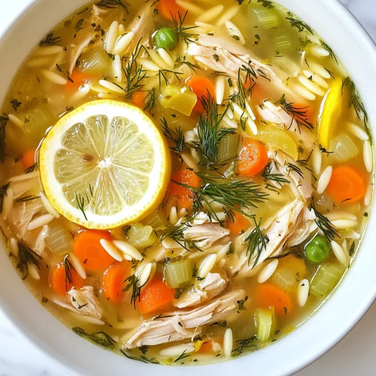 Die Hauptzutaten machen diese Suppe gesund und lecker. Hier sind sie: - 450 g Hähnchenbrustfilets ohne Haut und Knochen - 1,5 Liter Hühnerbrühe - 1 mittelgroße Zwiebel, fein gehackt - 2 Knoblauchzehen, zerdrückt - 2 große Karotten, gewürfelt - 2 Stangen Sellerie, gewürfelt - 150 g ungekochtes Orzo-Nudeln - 3 große Eier - 60 ml frischer Zitronensaft (ca. 2 Zitronen) - 1 Esslöffel Olivenöl - Salz und Pfeffer nach Geschmack - 1/4 Tasse frischer Dill, gehackt (oder 1 Esslöffel getrockneter Dill) - Zitronenscheiben zum Garnieren (optional) Diese Zutaten bringen die Aromen und die Textur in die Suppe. Das Hähnchen gibt der Suppe Protein. Die Brühe sorgt für den herzhaften Geschmack. Die Zwiebel und der Knoblauch fügen Tiefe hinzu. Die Karotten und der Sellerie bringen Süße und Crunch. Gewürze sind der Schlüssel zum Geschmack. In dieser Suppe sind die wichtigsten: - Salz - Pfeffer - Dill Dill ist besonders wichtig. Er gibt der Suppe einen frischen Geschmack. Du kannst frischen Dill verwenden oder getrockneten Dill nehmen. Salz und Pfeffer sind essenziell für die Grundwürze. Du solltest sie nach deinem Geschmack anpassen. Wenn du einige Zutaten nicht hast, gibt es tolle Alternativen. Hier sind einige Vorschläge: - Hähnchenbrust kann durch Putenbrust ersetzt werden. - Orzo-Nudeln kannst du durch Reis oder kleine Pasta ersetzen. - Für eine vegetarische Option kannst du Hühnerbrühe durch Gemüsebrühe tauschen. Diese Alternativen machen das Rezept flexibler und einfacher. Du kannst die Suppe anpassen, je nachdem, was du hast. So bleibt sie immer lecker und gesund. {{ingredient_image_2}} Beginne mit einem großen Topf und erhitze das Olivenöl bei mittlerer Hitze. Füge die gehackte Zwiebel hinzu. Brate sie etwa 4-5 Minuten, bis sie durchscheinend ist. Rühre dann den zerdrückten Knoblauch, die gewürfelten Karotten und den Sellerie ein. Koche die Mischung weitere 3-4 Minuten, bis das Gemüse weich wird. Gib die Hähnchenbrustfilets in den Topf. Gieße die Hühnerbrühe dazu und bringe die Mischung zum sanften Kochen. Reduziere die Hitze und lasse die Suppe 20 Minuten köcheln, bis das Hähnchen zart ist. Nimm das Hähnchen aus dem Topf und lege es auf ein Schneidebrett. Rühre die ungekochten Orzo-Nudeln in die Suppe und lasse sie weitere 10 Minuten köcheln, bis sie al dente sind. Zerkleinere das gegarte Hähnchen in mundgerechte Stücke. In einer separaten Schüssel verquirle die Eier mit dem Zitronensaft. Löffle langsam zwei Tassen der heißen Suppe in die Ei-Mischung, um sie zu temperieren. Rühre dabei ständig. Gieße die temperierte Ei-Mischung zurück in den Topf und rühre weiter. Füge das zerkleinerte Hähnchen hinzu. Schmecke die Suppe mit Salz, Pfeffer und frischem Dill ab. Erwärme sie gut, aber lass sie nicht kochen. Ein häufiges Problem ist, die Brühe zu stark zu kochen. Das Hähnchen wird dann zäh. Halte die Suppe nur leicht am Köcheln. Ein weiterer Fehler ist, die Eier zu schnell in die Suppe zu geben. Temperiere die Eier zuerst mit etwas heißer Brühe. So vermeidest du, dass sie gerinnen. Achte darauf, die Gewürze gut zu dosieren. Zu viel Salz kann den frischen Geschmack überdecken. Die Konsistenz der Suppe ist wichtig. Um sie cremig zu machen, mische die Ei-Zitronen-Mischung langsam ein. Rühre ständig, um Klumpen zu vermeiden. Wenn die Suppe zu dick wird, füge etwas mehr Brühe hinzu. Achte darauf, die Orzo-Nudeln nicht zu lange zu kochen. Sie sollten al dente sein und etwas Biss haben. Plane deine Schritte gut. Während die Zwiebel und das Gemüse anbraten, kannst du das Hähnchen vorbereiten. Wenn das Hähnchen kocht, bereite die Ei-Zitronen-Mischung vor. So sparst du Zeit. Die gesamte Zubereitung dauert etwa 50 Minuten. Teile die Zeit gut ein, um alles rechtzeitig fertig zu haben. Pro Tipps Hähnchenbrust marinieren: Mariniere das Hähnchen für mindestens 30 Minuten in Zitronensaft und Gewürzen, um mehr Geschmack zu erzielen. Gemüse variieren: Füge zusätzliches Gemüse wie Spinat oder Zucchini hinzu, um die Suppe noch nährstoffreicher zu machen. Orzo-Nudeln al dente kochen: Achte darauf, die Orzo-Nudeln nicht zu lange zu kochen, damit sie beim Einfüllen in die Suppe nicht matschig werden. Dill frisch verwenden: Verwende frischen Dill, wenn möglich, da er der Suppe ein intensiveres Aroma verleiht. {{image_4}} Du kannst die Hähnchenbrust durch Kichererbsen oder Tofu ersetzen. Diese Optionen sind reich an Proteinen. Anstelle von Hühnerbrühe nimm Gemüsebrühe. Das gibt der Suppe einen vollmundigen Geschmack. Frischer Zitronensaft bleibt die beste Wahl für einen spritzigen Kick. Orzo ist klassisch, aber du kannst auch Reis oder kleine Muschelnudeln verwenden. Reis braucht etwas länger, um zu kochen. Achte darauf, die Kochzeit anzupassen. Muschelnudeln bringen eine interessante Form in die Suppe. Sie sind ebenfalls gut für die Textur. Frischer Dill verleiht der Suppe ein tolles Aroma. Du kannst auch Petersilie oder Schnittlauch nutzen. Wenn du es schärfer magst, füge etwas Cayennepfeffer hinzu. Das bringt Wärme und Tiefe. Experimentiere mit anderen Kräutern, um deinen eigenen Geschmack zu finden. Um die griechische Zitronen-Hühnchen-Suppe frisch zu halten, lagere sie in einem luftdichten Behälter. Lass die Suppe zuerst auf Raumtemperatur abkühlen. Das verhindert Kondensation und hält die Suppe länger frisch. Im Kühlschrank bleibt sie 3 bis 4 Tage genießbar. Achte darauf, die Suppe vor dem Servieren gut durchzuwärmen. Das Einfrieren dieser Suppe ist eine tolle Option. Verwende einen gefrierfesten Behälter oder spezielle Gefrierbeutel. Fülle die Suppe nicht bis zum Rand, um Platz für die Ausdehnung beim Einfrieren zu lassen. So bleibt der Geschmack erhalten. Die Suppe kann bis zu 3 Monate eingefroren werden. Wenn du sie auftauen möchtest, lasse sie über Nacht im Kühlschrank. Erhitze die Suppe dann langsam auf dem Herd. Die Haltbarkeit der Suppe im Kühlschrank beträgt 3 bis 4 Tage. Du kannst sie wieder aufwärmen, indem du sie in einem Topf bei mittlerer Hitze erhitzt. Rühre oft um, damit sie gleichmäßig warm wird. Vermeide das Kochen, da die Eier gerinnen könnten. Beim Einfrieren bleibt die Suppe bis zu 3 Monate haltbar. Achte darauf, sie gut zu verpacken, damit sie nicht an Geschmack verliert. Du kannst die griechische Zitronen-Hühnchen-Suppe bis zu drei Tage im Kühlschrank aufbewahren. Stelle sicher, dass du sie in einem luftdichten Behälter lagerst. Vor dem Essen solltest du die Suppe gut aufwärmen, um sie wieder heiß und lecker zu machen. Ja, du kannst die Suppe im Voraus zubereiten. Sie schmeckt sogar besser, wenn die Aromen Zeit haben, sich zu vermischen. Bereite die Suppe bis zur Zugabe der Eier und des Zitronensafts vor. Kühle die Suppe dann ab und bewahre sie im Kühlschrank auf. Erhitze sie vor dem Servieren und füge die Eier-Mischung hinzu. Die besten Beilagen zu dieser Suppe sind frisches Brot oder knusprige Brötchen. Du kannst auch einen einfachen grünen Salat mit Olivenöl und Zitrone servieren. Dies ergänzt die Aromen der Suppe und bietet eine schöne Balance. Eine Scheibe Zitrone auf dem Teller sieht nicht nur gut aus, sondern gibt auch einen zusätzlichen Frischekick. Die griechische Zitronen-Hühnchen-Suppe ist einfach und lecker. Wir haben die Hauptzutaten, Gewürze und Alternativen gesehen. Die Schritt-für-Schritt-Anleitung hilft dir beim Kochen. Wichtig sind auch Tipps, um Fehler zu vermeiden und die richtige Konsistenz zu erreichen. Du kannst Variationen ausprobieren, um die Suppe anzupassen. Auch die Lagerung spielt eine große Rolle für den Geschmack. Denke daran, die häufigsten Fragen zu klären. Mit diesen Infos kannst du ein tolles Gericht zaubern. Viel Spaß beim Kochen!