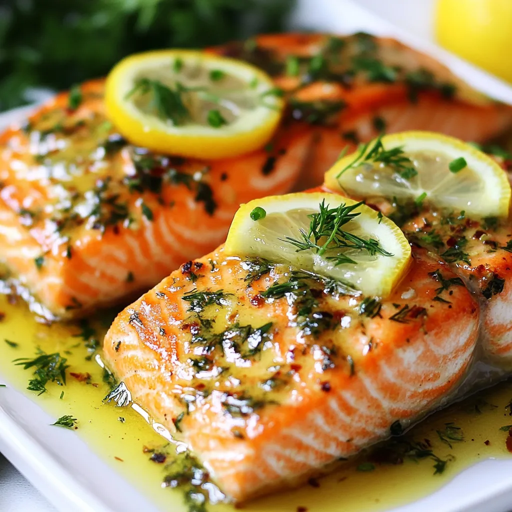 Um Knoblauchbutter Kräuterlachs zu machen, brauchen Sie: - 4 Lachsfilets (etwa 170 g jeweils) - 4 Esslöffel ungesalzene Butter - 4 Knoblauchzehen, fein gehackt - 2 Esslöffel frische Petersilie, gehackt - 1 Esslöffel frischer Dill, gehackt - 1 Esslöffel frische Schnittlauch, gehackt - Saft von 1 Zitrone - Salz und Pfeffer nach Geschmack - Zitronenscheiben zum Garnieren Diese Zutaten geben dem Lachs einen tollen Geschmack. Frische Kräuter sind wichtig für den besten Geschmack. Petersilie, Dill und Schnittlauch bringen frische Aromen. Sie machen den Lachs lebendig und lecker. Verwenden Sie nur frische Kräuter. Getrocknete Kräuter können den Geschmack verändern. Frische Kräuter sind einfach besser. Wählen Sie frischen Lachs. Achten Sie auf die Farbe. Er sollte leuchtend orange oder rosa sein. Der Lachs sollte fest und nicht matschig sein. Fragen Sie den Fischhändler nach dem Fangdatum. Wildlachs hat oft besseren Geschmack als Zuchtlachs. Wenn Sie gefrorenen Lachs kaufen, lassen Sie ihn langsam im Kühlschrank auftauen. So bleibt der Geschmack erhalten. {{ingredient_image_2}} Heize deinen Ofen auf 190°C vor. Das gibt dem Lachs die perfekte Hitze. Während der Ofen sich aufheizt, bereite die Zutaten vor. Du brauchst 4 Lachsfilets, 4 Esslöffel Butter, 4 Knoblauchzehen, frische Kräuter, Zitronensaft, Salz und Pfeffer. Hacke die Knoblauchzehen fein und die Kräuter ebenfalls. So entfalten sie ihren besten Geschmack. In einem kleinen Topf schmelze die Butter bei mittlerer Hitze. Sobald die Butter flüssig ist, füge den gehackten Knoblauch hinzu. Brate den Knoblauch für etwa 1-2 Minuten an, bis er duftet. Achte darauf, dass er nicht bräunt. Das kann bitter schmecken. Mische dann die gehackte Petersilie, den Dill und den Schnittlauch in die Butter. Nimm den Topf vom Herd. Lege die Lachsfilets in eine Auflaufform. Würze sie großzügig mit Salz und Pfeffer. Gieße die Knoblauch-Kräuter-Butter gleichmäßig über die Filets. Presse den Zitronensaft darüber, um dem Lachs Frische zu verleihen. Backe den Lachs im vorgeheizten Ofen für 12 bis 15 Minuten. Der Lachs ist fertig, wenn er sich leicht mit einer Gabel zerteilen lässt. Lass ihn nach dem Backen kurz ruhen. Garnieren kannst du ihn mit Zitronenscheiben und frischen Kräutern. Um den perfekten Lachs zu garen, ist die richtige Temperatur wichtig. Heizen Sie den Ofen auf 190°C vor. Der Lachs sollte 12 bis 15 Minuten backen. Testen Sie den Lachs mit einer Gabel. Er sollte sich leicht zerteilen lassen. Wenn er noch roh aussieht, backen Sie ihn etwas länger. Achten Sie darauf, ihn nicht zu übergaren. So bleibt er saftig und zart. Die Knoblauchbutter lässt sich leicht variieren. Fügen Sie zum Beispiel Chili-Flocken hinzu, um mehr Schärfe zu bekommen. Sie können auch Parmesan oder Zitronenschale für mehr Geschmack einmixen. Versuchen Sie, verschiedene Kräuter wie Oregano oder Thymian zu verwenden. Jede Variation verleiht dem Lachs eine neue Note. Experimentieren Sie mit den Zutaten, um Ihren Lieblingsgeschmack zu finden. Präsentation spielt eine große Rolle beim Servieren von Lachs. Legen Sie den Lachs auf ein Bett aus gedämpftem Spargel. Alternativ können Sie ihn mit geröstetem Gemüse servieren. Das macht das Gericht farbenfroh und ansprechend. Träufeln Sie die restliche Knoblauch-Kräuter-Butter über den Lachs. Garnieren Sie mit frischen Kräutern und Zitronenscheiben. So sieht Ihr Gericht nicht nur lecker aus, sondern schmeckt auch fantastisch. Pro Tipps Buttertemperatur: Stellen Sie sicher, dass die Butter weich ist, bevor Sie sie schmelzen, damit sie sich gleichmäßig mit den Kräutern vermischt. Frische Kräuter: Verwenden Sie frische Kräuter, um den besten Geschmack zu erzielen. Getrocknete Kräuter können den Geschmack beeinträchtigen. Garzeit überwachen: Überprüfen Sie den Lachs gegen Ende der Garzeit, um sicherzustellen, dass er nicht übergart wird und trocken wird. Serviervorschlag: Servieren Sie den Lachs mit einem trockenen Weißwein, um die Aromen zu ergänzen und das Essen aufzuwerten. {{image_4}} Du kannst den Lachs leicht variieren. Probiere Paprika für eine rauchige Note. Kümmel gibt dem Gericht eine erdige Tiefe. Für einen asiatischen Twist, nutze Sojasauce und Ingwer. Wenn du keine Knoblauchbutter verwenden möchtest, probiere Olivenöl mit Zitrone. Eine Mischung aus Honig und Senf bringt Süße und Schärfe. Für einen exotischen Geschmack, nutze Kokosöl mit Limette. Serviere den Lachs mit gedämpftem Spargel oder Brokkoli. Reis oder Quinoa sind tolle Beilagen. Ein frischer Salat mit Tomaten und Gurken ergänzt das Gericht perfekt. Wenn du Reste von deinem Knoblauchbutter Kräuterlachs hast, lagere sie gut. Verwende einen luftdichten Behälter. So bleibt der Lachs frisch. Stelle sicher, dass der Lachs abgekühlt ist, bevor du ihn in den Behälter gibst. Du kannst auch Frischhaltefolie verwenden, um den Lachs abzudecken. Beim Aufwärmen ist es wichtig, den Lachs nicht zu überkochen. Du kannst ihn in der Mikrowelle bei niedriger Leistung erhitzen. Lege dazu ein feuchtes Papiertuch über den Lachs. So bleibt er saftig. Alternativ kannst du den Lachs in einer Pfanne mit etwas Wasser oder Brühe erwärmen. Das hilft, den Geschmack zu bewahren. Im Kühlschrank hält der Lachs etwa 2-3 Tage. Achte darauf, ihn gut verpackt zu lassen. Wenn du ihn länger aufbewahren möchtest, kannst du den Lachs einfrieren. Im Gefrierschrank bleibt er bis zu 3 Monate frisch. Stelle sicher, dass er gut eingewickelt ist, um Gefrierbrand zu vermeiden. Backen Sie den Lachs für 12 bis 15 Minuten bei 190°C. Die genaue Zeit hängt von der Dicke der Filets ab. Überprüfen Sie den Lachs, indem Sie ihn mit einer Gabel leicht anstechen. Wenn er sich leicht zerteilen lässt, ist er fertig. Achten Sie darauf, dass der Lachs nicht übergart, damit er saftig bleibt. Ja, Sie können frische Kräuter durch getrocknete Kräuter ersetzen. Verwenden Sie jedoch weniger, da getrocknete Kräuter stärker sind. Zum Beispiel, anstelle von zwei Esslöffeln frischer Petersilie, nutzen Sie nur einen Teelöffel getrocknete. Frische Kräuter geben den besten Geschmack. Aber es ist nicht notwendig, sie zu haben. Experimentieren Sie mit dem, was Sie mögen! Ja, dieses Rezept ist glutenfrei. Alle Zutaten, die wir verwenden, sind natürlich ohne Gluten. Achten Sie jedoch darauf, dass die Butter und die anderen Zutaten keine versteckten Glutenquellen haben. So können Sie sicher sein, dass Sie ein leckeres und sicheres Gericht genießen. Dieser Blogpost bietet einen klaren Leitfaden für die Zubereitung von Knoblauchbutter Kräuterlachs. Wir haben die besten Zutaten, die Schritte zur Zubereitung und nützliche Tipps behandelt. Zudem gibt es Varianten und Aufbewahrungshinweise. Knoblauchbutter mit frischen Kräutern hebt den Geschmack und macht das Gericht besonders. Verwenden Sie frische Zutaten für das beste Ergebnis. Experimentieren Sie mit Gewürzen und präsentieren Sie den Lachs schön. So genießen Sie ein leckeres und einfaches Gericht, das jeden begeistert.