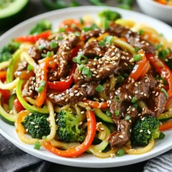 Die Hauptzutaten sind wichtig für den Geschmack. Hier ist, was Sie brauchen: - 450 g Rinderfilet, dünn geschnitten - 4 mittelgroße Zucchini, in Nudeln (Zoodles) spiralisiert - 1 rote Paprika, dünn geschnitten - 1 Tasse Brokkoliröschen - 2 Karotten, in feine Streifen geschnitten - 3 Knoblauchzehen, fein gehackt - 2,5 cm Stück Ingwer, gerieben Die Gewürze bringen den besonderen Geschmack. Hier sind die zusätzlichen Zutaten: - 60 ml Sojasauce mit niedrigem Natriumgehalt - 2 Esslöffel Honig - 1 Esslöffel Sesamöl - 1 Esslöffel Maisstärke vermischt mit 2 Esslöffeln Wasser (Schlamm zur Verdickung) - 2 Frühlingszwiebeln, gehackt (zur Garnierung) - Sesamsamen (zur Garnierung) - Salz und Pfeffer nach Geschmack Die Mengen sind für vier Portionen gedacht. Verwenden Sie frische Zutaten für den besten Geschmack. Wählen Sie Rinderfilet mit gutem Fettanteil für mehr Saftigkeit. Zucchini sollten fest und ohne Flecken sein. Achten Sie darauf, dass die Paprika leuchtend rot ist. Frischer Ingwer und Knoblauch bringen das Aroma nach vorne. Kaufen Sie Sojasauce mit niedrigem Natriumgehalt für weniger Salz. {{ingredient_image_2}} Zuerst musst du die Zutaten bereitstellen. Spiralisiere die Zucchini, um Zoodles zu machen. Schneide das Rindfleisch, die Paprika und die Karotten in dünne Streifen. Hacke den Knoblauch fein und reibe den Ingwer. Halte alles bereit, damit du schnell arbeiten kannst. Für die Teriyaki-Sauce mische in einer Schüssel die Sojasauce, den Honig, das Sesamöl, den gehackten Knoblauch und den geriebenen Ingwer. Rühre alles gut durch. Diese Sauce bringt viel Geschmack. Stelle sie dann beiseite, während du das Rindfleisch anbrätst. Erhitze eine große Pfanne oder einen Wok bei mittlerer Hitze. Füge einen Schuss Sesamöl hinzu. Gib das geschnittene Rindfleisch in die Pfanne und würze es mit Salz und Pfeffer. Brate das Fleisch für 3 bis 4 Minuten, bis es schön gebräunt ist. Nimm das Rindfleisch dann aus der Pfanne und lege es beiseite. In der gleichen Pfanne füge die rote Paprika, den Brokkoli und die Karotten hinzu. Brate das Gemüse 4 bis 5 Minuten lang, bis es weich wird. Rühre dabei oft um. Das Gemüse gibt der Pfanne eine schöne Farbe und Geschmack. Jetzt kommen die Zoodles in die Pfanne. Gib die spiralisierten Zucchini mit dem Gemüse und der Teriyaki-Sauce dazu. Rühre vorsichtig um, damit alles gleichmäßig vermischt wird. Brate alles für etwa 2 Minuten, bis die Zoodles warm sind. Um die Sauce dicker zu machen, rühre die Maisstärkemischung in die Pfanne. Mische alles gut durch. Lasse es eine weitere Minute kochen. Die Sauce wird jetzt schön cremig und bleibt an den Zoodles und dem Fleisch haften. Jetzt kommt das Rindfleisch zurück in die Pfanne. Vermische alles gut mit der Sauce. Koche für eine weitere Minute, damit alles durchwärmt ist. Du möchtest, dass jedes Stück Fleisch und jede Zoodle die köstliche Sauce aufnimmt. Nimm die Pfanne vom Herd. Garniere das Gericht mit gehackten Frühlingszwiebeln und Sesamsamen. Jetzt ist dein Teriyaki Beef Zoodle Stir-Fry bereit zum Servieren. Lass es dir schmecken! - Verwende frisches Rindfleisch. Es macht das Gericht zart und lecker. - Zucchini gleichmäßig spiralieren, damit alle Stücke gleich garen. - Erhitze die Pfanne gut, bevor du das Fleisch hinzufügst. So bleibt es saftig. - Überfülle die Pfanne nicht. Das Gemüse soll anbraten, nicht dämpfen. - Lass das Rindfleisch nicht zu lange in der Pfanne. Es wird sonst zäh. - Achte darauf, die Sauce nicht zu früh hinzuzufügen. Sie soll sich gut binden. - Zoodles sind wasserhaltig. Brate sie nur kurz an, um sie knackig zu halten. - Salze die Zoodles leicht vor dem Braten. So entziehst du etwas Wasser. - Kombiniere Zoodles mit anderen Gemüsesorten für mehr Textur und Geschmack. Pro Tipps Fleisch marinieren: Um dem Rindfleisch zusätzlichen Geschmack zu verleihen, können Sie es vor dem Braten in der Teriyaki-Sauce marinieren. Lassen Sie es mindestens 30 Minuten ziehen. Zoodles richtig zubereiten: Vermeiden Sie es, die Zucchini-Nudeln zu lange zu garen, da sie sonst matschig werden. Fügen Sie sie erst kurz vor dem Servieren hinzu. Gemüse variieren: Fühlen Sie sich frei, andere Gemüsesorten wie Paprika, Zuckerschoten oder Pilze hinzuzufügen, um die Pfanne anzupassen und mehr Farbe zu bringen. Sauce anpassen: Die Süße der Teriyaki-Sauce kann je nach Vorliebe angepasst werden. Fügen Sie mehr Honig hinzu, wenn Sie es süßer mögen, oder etwas mehr Sojasauce für einen salzigeren Geschmack. {{image_4}} Wenn du kein Rindfleisch magst, gibt es viele tolle Alternativen. Du kannst Hähnchenbrust oder Pute verwenden. Diese Fleischsorten sind mager und nehmen die Teriyaki-Sauce gut auf. Eine weitere Option sind Garnelen. Sie kochen schnell und bringen einen leckeren Geschmack. Für einen herzhaften Geschmack kannst du auch Tofu verwenden. Tofu ist proteinreich und passt gut zu diesem Gericht. Für eine vegane Variante empfehle ich, das Rindfleisch durch Tempeh oder Seitan zu ersetzen. Tempeh hat einen nussigen Geschmack und eine feste Textur. Seitan ist sehr proteinreich und hat eine fleischähnliche Konsistenz. Beide Optionen nehmen die Teriyaki-Sauce wunderbar auf. Kombiniere sie mit dem Gemüse für eine vollwertige Mahlzeit. Neben Zucchini kannst du auch andere Gemüsesorten ausprobieren. Karotten und Paprika sind schon im Rezept, aber Brokkoli und Spinat passen ebenfalls gut. Auch Zuckerschoten oder grüne Bohnen bringen frische Aromen. Wenn du mehr Geschmack hinzufügen möchtest, probiere Chili-Flocken oder frischen Koriander. Diese Gewürze geben dem Gericht einen zusätzlichen Kick. Wenn du Reste hast, lagere sie in einem luftdichten Behälter. Stelle sicher, dass die Zoodle-Pfanne gut abgekühlt ist, bevor du sie einpackst. So bleiben die Aromen frisch. Du kannst die Reste bis zu drei Tage im Kühlschrank aufbewahren. Ja, du kannst die Zoodle-Pfanne einfrieren. Verwende einen gefrierfesten Behälter. Beachte, dass die Zucchini beim Auftauen weich werden. Es ist besser, nur das Rindfleisch und das Gemüse einzufrieren. Die Zoodles kannst du frisch zubereiten, wenn du bereit bist zu essen. Um die Reste aufzuwärmen, benutze eine Pfanne bei mittlerer Hitze. Füge einen kleinen Schuss Wasser oder Sojasauce hinzu, um die Zoodles feucht zu halten. Rühre häufig um, damit alles gleichmäßig warm wird. So bleibt der Geschmack frisch und lecker. Die Zubereitung dauert nur 15 Minuten. Die gesamte Kochzeit beträgt 25 Minuten. Das macht dieses Gericht perfekt für hektische Tage. In weniger als einer halben Stunde hast du eine leckere Mahlzeit. Ja, du kannst die Zucchini im Voraus spiralieren. Das spart Zeit beim Kochen. Bewahre sie in einem luftdichten Behälter im Kühlschrank auf. So bleiben sie frisch und knusprig. Ja, du kannst glutenfreie Sojasauce verwenden. Diese ersetzt die herkömmliche Sojasauce gut. So bleibt der Geschmack gleich, und du vermeidest Gluten. Um den Geschmack zu verbessern, füge mehr frischen Ingwer hinzu. Auch eine Prise Chili kann die Sauce aufpeppen. Du kannst auch etwas mehr Honig für eine süßere Note nutzen. Ja, du kannst weiteres Gemüse nach Wahl hinzufügen. Paprika, Zwiebeln oder Erbsen passen gut dazu. Sei kreativ und nutze, was du hast! Diese Teriyaki Rindfleisch-Zoodle-Pfanne ist einfach zuzubereiten und lecker. Wir haben die besten Zutaten, die perfekte Zubereitung und wichtige Tipps geteilt. Variationen bieten dir viele Optionen, die deinen Vorlieben entsprechen. Achte auf die richtigen Lagerungshinweise, damit du Reste genießen kannst. Lass die Kreativität beim Kochen sprudeln. Probiere neue Aromen aus und teile das Gericht mit Freunden. Gute Küche bringt Menschen zusammen. Mach deine nächste Mahlzeit zu einem Erlebnis!