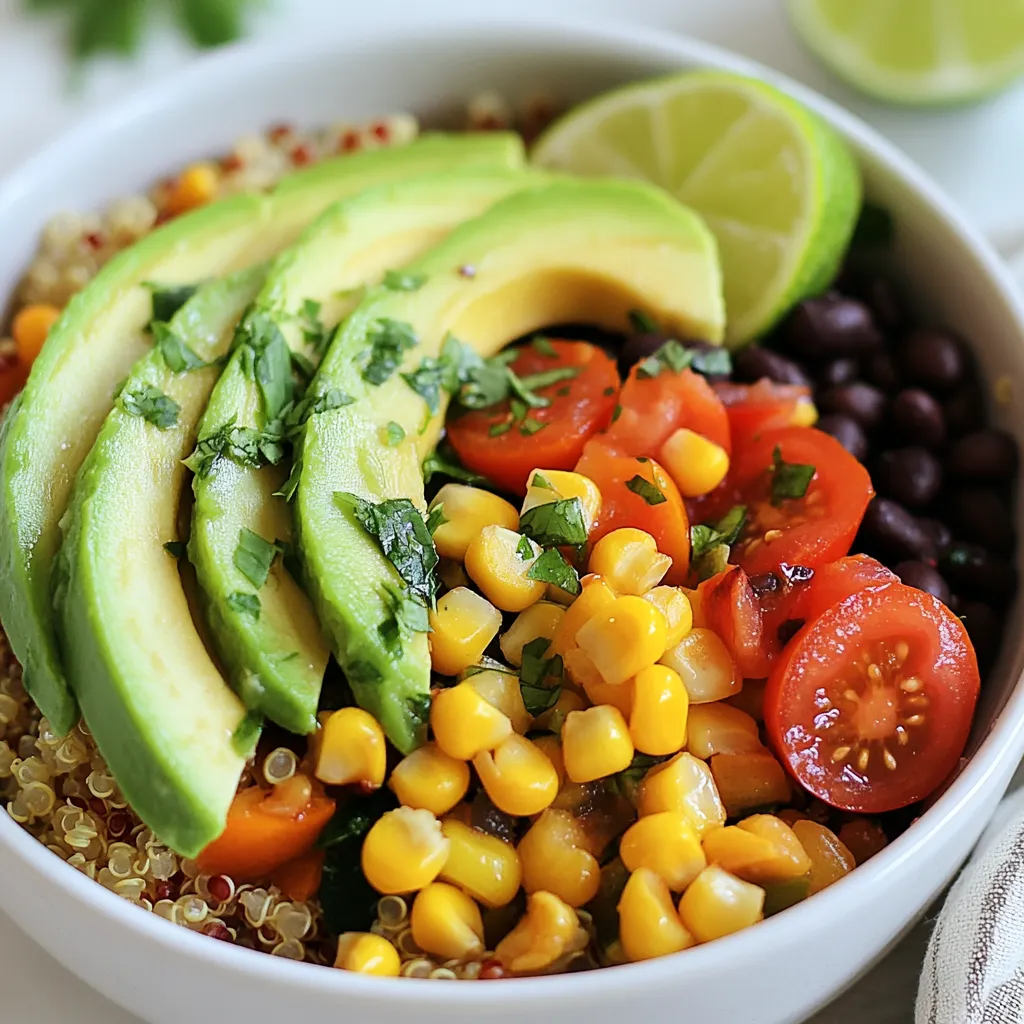 Die Basis für Ihre Quinoa-Schalen ist die Quinoa. Hier sind die Hauptzutaten: - 1 Tasse Quinoa, gründlich abgespült - 2 Tassen Gemüsebrühe - 1 rote Paprika, gewürfelt - 1 Tasse Kirschtomaten, halbiert - 1 Tasse Maiskörner (frisch oder gefroren) - 1 mittelgroße Zucchini, gewürfelt - 1 Avocado, in Scheiben geschnitten - 1 Dose schwarze Bohnen, abgespült und abgetropft Diese Zutaten bringen Geschmack und Nährstoffe in Ihre Schalen. Quinoa ist ein super Lebensmittel, das viel Protein bietet. Die Bohnen sind ebenfalls reich an Proteinen und Ballaststoffen. Für den perfekten Geschmack nutzen wir einige Gewürze: - 1 Teelöffel Kreuzkümmel - 1 Teelöffel geräuchertes Paprikapulver - Salz und Pfeffer nach Geschmack Das Gemüse ist bunt und gesund. Die rote Paprika und Zucchini bringen Farbe und Textur. Kirschtomaten fügen Süße hinzu. Mais gibt einen süßen Crunch, während schwarze Bohnen für Fülle sorgen. Garnierungen machen das Gericht besonders. Hier sind einige Vorschläge: - Frische Korianderblätter zur Garnierung - Limettenspalten zum Servieren Koriander gibt einen frischen Geschmack. Limette fügt eine spritzige Note hinzu. Sie können auch andere frische Kräuter oder Nüsse verwenden, um Ihre Schalen zu personalisieren. {{ingredient_image_2}} Um die Quinoa richtig zu kochen, bringe ich zuerst 2 Tassen Gemüsebrühe in einem Topf zum Kochen. Wenn die Brühe sprudelt, füge ich 1 Tasse gründlich abgespülte Quinoa hinzu. Ich reduziere die Hitze auf niedrig und decke den Topf ab. Nach etwa 15 Minuten ist die Quinoa fluffig und hat die Flüssigkeit aufgesogen. Ich lockere sie mit einer Gabel auf und stelle sie beiseite. In einer großen Pfanne erhitze ich 1 Esslöffel Olivenöl bei mittlerer Hitze. Dann gebe ich die gewürfelte rote Paprika, die Zucchini und die Maiskörner dazu. Ich brate das Gemüse für 5-7 Minuten an. Es soll zart, aber noch leuchtend bleiben. Danach füge ich 1 Tasse halbierte Kirschtomaten, 1 Dose abgespülte schwarze Bohnen, 1 Teelöffel Kreuzkümmel, 1 Teelöffel geräuchertes Paprikapulver sowie Salz und Pfeffer nach Geschmack hinzu. Ich koche alles für weitere 3-4 Minuten, bis es gut erhitzt und vermischt ist. Jetzt ist es Zeit, die Schalen anzurichten! Ich gebe eine großzügige Portion Quinoa in jede Schüssel. Darauf kommt die sautierte Gemüsemischung. Ich belege die Schalen mit Avocadoscheiben und garniere sie mit frischen Korianderblättern. Zum Schluss serviere ich die Schalen mit Limettenspalten an der Seite. So bekommt jedes Gericht einen frischen Kick! Um die perfekte Quinoa zu kochen, beginne mit 1 Tasse Quinoa. Spüle sie gründlich unter kaltem Wasser ab. Dadurch entfernst du Bitterstoffe. Koche dann 2 Tassen Gemüsebrühe in einem mittleren Topf. Füge die Quinoa hinzu und reduziere die Hitze. Decke den Topf ab und lasse die Mischung 15 Minuten köcheln. Wenn die Quinoa fluffig ist, lockere sie mit einer Gabel auf und stelle sie beiseite. Wähle frisches Gemüse für deine Quinoa-Schalen. Rote Paprika, Zucchini und Kirschtomaten sind ideal. Du kannst auch gefrorenen Mais verwenden. Das Gemüse sollte leuchtend und knackig bleiben. Erhitze 1 Esslöffel Olivenöl in einer großen Pfanne. Brate die Paprika und Zucchini 5-7 Minuten an. Füge dann die Kirschtomaten und schwarzen Bohnen hinzu. Gewürze wie Kreuzkümmel und Paprikapulver geben zusätzlichen Geschmack. Diese Rezeptur ergibt 4 Portionen, perfekt für die Familie. Wenn du weniger Portionen möchtest, teile die Menge einfach durch zwei. Du kannst auch mehr Quinoa oder Gemüse hinzufügen, um mehr zu machen. Achte darauf, die Brühe entsprechend anzupassen. So bleibt die Konsistenz immer perfekt. Pro Tipps Quinoa richtig zubereiten: Achten Sie darauf, die Quinoa gründlich abzuspülen, um die Bitterstoffe zu entfernen und den besten Geschmack zu erzielen. Gemüse frisch halten: Braten Sie das Gemüse nur kurz an, damit es knackig bleibt und die Farben lebendig sind. Avocado vorbereiten: Schneiden Sie die Avocado kurz vor dem Servieren, um ein Braunwerden zu vermeiden und die Frische zu erhalten. Verfeinern mit Gewürzen: Experimentieren Sie mit zusätzlichen Gewürzen wie Chili oder Limettensaft, um den Geschmack der Schalen zu intensivieren. {{image_4}} Du kannst diese Quinoa-Schalen leicht mit mehr Protein aufwerten. Füge zum Beispiel gegrilltes Hähnchen oder Tofu hinzu. Diese Optionen sind lecker und sättigend. Du kannst auch Kichererbsen oder Linsen verwenden. Diese Hülsenfrüchte sind nicht nur proteinreich, sondern auch voll mit Ballaststoffen. So bleiben die Schalen gesund und nahrhaft. Mach die Quinoa-Schalen vegan, indem du die Bohnen und das Gemüse verwendest. Alle Zutaten sind von Natur aus pflanzlich. Für glutenfreie Optionen nutze nur Quinoa und Gemüsebrühe. Achte darauf, dass deine Brühe wirklich glutenfrei ist. So passt diese Mahlzeit zu vielen Ernährungsweisen. Es ist einfach, sie an deine Bedürfnisse anzupassen. Nutze saisonales Gemüse, um die Schalen frisch und bunt zu halten. Im Frühling sind Spargel und Erbsen eine tolle Wahl. Im Sommer probiere Zucchini und Paprika. Im Herbst passen Kürbis und Süßkartoffeln gut dazu. Im Winter sind Wurzelgemüse wie Karotten und Rüben ideal. So bleibt dein Gericht spannend und gesund. Um die Quinoa-Schalen frisch zu halten, lege sie in einen luftdichten Behälter. Stelle sicher, dass der Behälter gut verschlossen ist. So bleibt das Gemüse knackig und die Quinoa fluffig. Wenn du die Schalen nicht sofort isst, ist es wichtig, sie schnell zu kühlen. Lass sie nicht lange bei Raumtemperatur stehen. Im Kühlschrank halten sich die Quinoa-Schalen etwa 3 bis 4 Tage. Nach dieser Zeit kann das Gemüse weich werden und die Qualität sinkt. Achte darauf, die Schalen rechtzeitig zu essen. Wenn du sie länger aufbewahren möchtest, empfehle ich, die einzelnen Zutaten getrennt zu lagern. Um die Quinoa-Schalen aufzuwärmen, benutze die Mikrowelle oder eine Pfanne. In der Mikrowelle erwärmst du die Schalen in kurzen Intervallen. Überprüfe zwischendurch die Temperatur. In der Pfanne erhitzt du sie bei mittlerer Hitze mit etwas Wasser oder Öl. So bleibt das Gemüse saftig. Füge frische Limettenspalten hinzu, um den Geschmack aufzufrischen. Um die Quinoa-Schalen gesünder zu machen, füge mehr Gemüse hinzu. Du kannst Spinat, Brokkoli oder Karotten nutzen. Diese Gemüse sind nährstoffreich und geben Farbe. Du kannst auch Nüsse oder Samen hinzufügen. Mandeln oder Chiasamen bieten gesunde Fette und Proteine. Ersetze Olivenöl mit Avocadoöl für eine gesunde Fettreiche. Verwende weniger Salz und probiere Kräuter für mehr Geschmack. Die besten Beilagen für die Quinoa-Schalen sind frische Salate und Dips. Ein einfacher grüner Salat ergänzt das Gericht gut. Guacamole oder Hummus bringen zusätzliche Aromen. Du kannst auch Joghurt oder eine scharfe Sauce anbieten. Diese Beilagen machen das Essen noch interessanter. Serviere frisches Brot oder Tortillas dazu, um das Gericht abzurunden. Ja, du kannst die Quinoa-Schalen im Voraus zubereiten. Koche die Quinoa und das Gemüse und lagere sie getrennt. So bleibt die Quinoa fluffig und das Gemüse frisch. Du kannst die Schalen bis zu vier Tage im Kühlschrank aufbewahren. Wenn du bereit bist zu essen, erwärme alles zusammen. Füge frische Avocado und Koriander kurz vor dem Servieren hinzu. Quinoa-Schalen sind einfach zuzubereiten und nahrhaft. Sie bieten viele Variationen mit Gemüse, Gewürzen und Protein. Die Schritt-für-Schritt-Anleitung hilft dir, sie perfekt zuzubereiten. Du kannst sie anpassen, um deinen Geschmack zu treffen. Achte darauf, sie richtig zu lagern, damit sie frisch bleiben. Mit diesen Tipps und Rezeptideen kannst du leckere Gerichte kreieren. Experimentiere mit verschiedenen Zutaten und finde deine Lieblingsversion der Quinoa-Schalen. So wird jede Mahlzeit zum Genuss!