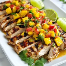 - 4 Hähnchenbrustfilets ohne Haut und Knochen - 2 reife Mango, gewürfelt - 1 rote Paprika, fein gehackt - 1 kleine rote Zwiebel, fein gehackt - 1 Jalapeño, entkernt und fein gewürfelt - 1/4 Tasse frischer Koriander, gehackt - 2 Esslöffel Limettensaft - 2 Esslöffel Olivenöl - 1 Teelöffel Knoblauchpulver - 1 Teelöffel Paprika - Salz und Pfeffer nach Geschmack Ich empfehle, frische und reife Mango zu wählen. Die Mango sollte süß und saftig sein. Achte darauf, dass die Paprika knackig und die Zwiebel frisch ist. Verwende frischen Koriander für den besten Geschmack. Frische Jalapeños geben der Salsa eine schöne Schärfe. Hochwertiges Olivenöl hebt den Geschmack des Hähnchens. Pro Portion enthält das Gericht etwa: - Kalorien: 350 kcal - Eiweiß: 30 g - Fett: 15 g - Kohlenhydrate: 20 g - Ballaststoffe: 3 g Diese Werte können je nach Zutaten und Portionsgröße variieren. {{ingredient_image_2}} Um die Mango-Salsa zu machen, nimm zuerst die reifen Mangos. Schneide sie in kleine Würfel. Dann nimm die rote Paprika und hacke sie fein. Die Zwiebel musst du ebenso klein schneiden. Jetzt nimm die Jalapeño. Entferne die Kerne und würfle sie. Gib alles in eine Schüssel. Füge den frischen Koriander und den Limettensaft hinzu. Rühre alles gut um. Lass die Salsa stehen, damit die Aromen sich gut vermischen. Nimm jetzt die Hähnchenbrustfilets. Lege sie in einen großen, wiederverschließbaren Beutel oder eine flache Schale. In einer kleinen Schüssel mische das Olivenöl, das Knoblauchpulver, die Paprika, Salz und Pfeffer. Gieße die Marinade über das Hähnchen. Achte darauf, dass alle Stücke gut benetzt sind. Schließe den Beutel oder decke die Schale ab. Lass das Hähnchen mindestens 30 Minuten im Kühlschrank marinieren. Für mehr Geschmack kannst du es auch bis zu 4 Stunden marinieren. Heize den Grill auf mittelhohe Hitze vor. Nimm das Hähnchen aus der Marinade. Lass überschüssige Marinade abtropfen. Lege die Hähnchenbrustfilets auf den Grill. Grill sie für 6-7 Minuten pro Seite. Das Hähnchen ist fertig, wenn es eine Innentemperatur von 75°C erreicht. Nimm die Filets vom Grill und lass sie 5 Minuten ruhen. Schneide das Hähnchen auf und richte es auf Tellern an. Gib großzügig die Mango-Salsa darüber. Garniere es mit frischem Koriander und Limettenspalten für mehr Farbe. Um das Hähnchen perfekt zu grillen, stelle sicher, dass dein Grill heiß genug ist. Die ideale Temperatur liegt bei mittelhoher Hitze, etwa 200-220°C. Wenn der Grill zu kalt ist, wird das Hähnchen nicht gut bräunen. Ein heißer Grill sorgt für eine schöne Kruste. Greife nach einem Grillthermometer, um die Temperatur zu überprüfen. Die Marinade gibt dem Hähnchen Geschmack. Marinier das Hähnchen mindestens 30 Minuten im Kühlschrank. Für intensiveren Geschmack lasse es bis zu vier Stunden marinieren. Wenn du die Zeit hast, mache es länger. Das Hähnchen wird saftiger und aromatischer. Denke daran, das Hähnchen vor dem Grillen gut abtropfen zu lassen. So erhältst du schöne Grillstreifen. Ein häufiger Fehler ist, das Hähnchen zu oft zu wenden. Lass es in Ruhe grillen, um eine schöne Kruste zu erhalten. Überprüfe die Innentemperatur mit einem Thermometer. Das Hähnchen sollte 75°C erreichen. Ein weiterer Fehler ist das Grillen von kaltem Hähnchen. Lass das Hähnchen vor dem Grillen etwas Raumtemperatur annehmen. So gart es gleichmäßiger. Pro Tipps Marinierzeit verlängern: Für einen intensiveren Geschmack das Hähnchen bis zu 4 Stunden marinieren. Je länger es mariniert, desto aromatischer wird es. Grilltemperatur beachten: Stelle sicher, dass der Grill auf mittelhohe Hitze vorgeheizt ist, um ein gleichmäßiges Garen zu gewährleisten und das Hähnchen saftig zu halten. Innentemperatur prüfen: Verwende ein Fleischthermometer, um sicherzustellen, dass das Hähnchen eine Innentemperatur von 75°C (165°F) erreicht hat, damit es durchgegart ist. Präsentation verbessern: Garniere das gegrillte Hähnchen mit frischem Koriander und Limettenspalten, um Farbe und Frische zu der Präsentation hinzuzufügen. {{image_4}} Mango-Salsa ist frisch und lecker. Du kannst sie anpassen. Füge eine fruchtige Note hinzu, indem du Ananas oder Pfirsiche hinzufügst. Das gibt mehr Süße und Textur. Wenn du es schärfer magst, probiere mehr Jalapeños oder einen Hauch von Cayennepfeffer. Frische Minze oder Limette können auch die Aromen aufpeppen. Sei kreativ und finde deine perfekte Mischung! Nicht jeder mag Hähnchen, und das ist in Ordnung! Du kannst das Rezept auch mit Fisch wie Lachs oder Thunfisch machen. Auch Garnelen passen gut. Vegetarier können Tofu oder Portobello-Pilze verwenden. Diese Optionen sind lecker und bieten gute Proteine. Probiere verschiedene Fleischsorten, um deinen Lieblingsgeschmack zu finden. Für eine vollständige Mahlzeit gibt es tolle Beilagen. Reis ist eine gute Wahl, besonders mit Limettensaft oder Koriander. Tortilla-Chips sind knusprig und passen super zur Salsa. Auch ein frischer Salat mit grünem Blattgemüse bringt Frische. Du kannst auch gegrilltes Gemüse servieren, um die Grill-Saison zu feiern. Wähle, was dir am besten gefällt! Wenn du Reste hast, lagere sie in einem luftdichten Behälter. Du kannst das gegrillte Hähnchen und die Mango-Salsa getrennt aufbewahren. Stelle sicher, dass das Hähnchen abgekühlt ist, bevor du es in den Kühlschrank stellst. So bleibt es frisch und lecker. Die Salsa kannst du ebenfalls in einem Behälter lagern. Um das Hähnchen aufzuwärmen, nutze den Ofen oder die Mikrowelle. Im Ofen bleibt es saftig. Heize ihn auf 180°C vor. Lege das Hähnchen auf ein Backblech und decke es mit Folie ab. Erhitze es etwa 15-20 Minuten. In der Mikrowelle stelle die Leistung auf mittlere Stufe. Erhitze das Hähnchen in 1-Minuten-Intervallen, bis es warm ist. Das gegrillte Hähnchen bleibt im Kühlschrank 3-4 Tage frisch. Du kannst es auch einfrieren. Wickel es gut in Frischhaltefolie und lege es in einen Gefrierbeutel. So bleibt es bis zu 3 Monate haltbar. Die Salsa solltest du nicht einfrieren, da sie ihre Textur verliert. Verwende sie frisch für den besten Geschmack. Du solltest das Hähnchen mindestens 30 Minuten marinieren. So zieht der Geschmack ein. Für einen stärkeren Geschmack kannst du das Hähnchen bis zu 4 Stunden marinieren. Achte darauf, es im Kühlschrank zu lassen. So bleibt das Fleisch frisch und zart. Ja, du kannst die Salsa im Voraus zubereiten. Mache sie bis zu einen Tag vorher. Bewahre die Salsa im Kühlschrank in einem luftdichten Behälter auf. Die Aromen werden sich mit der Zeit gut vermischen. Rühre vor dem Servieren gut um. So bleibt die Salsa frisch und lecker. Einige gute Beilagen sind: - Reis oder Quinoa - Frisch gemischter Salat - Tortilla-Chips mit Guacamole - Gegrilltes Gemüse - Maistortillas Diese Beilagen ergänzen die Aromen des Hähnchens und der Salsa. Sie machen das Essen noch bunter und schmackhafter. In diesem Blogpost haben wir die Hauptzutaten für leckere Mango-Salsa und gegrilltes Hähnchen besprochen. Du hast gelernt, wie man die Salsa zubereitet, das Hähnchen richtig marinieren und grillen kann. Wir haben auch nützliche Tipps geteilt, um dir das Gericht zu erleichtern. Variationen und Lagerinformationen helfen dir, kreativ zu bleiben und Reste optimal zu nutzen. Denke daran, diese Küche einfach und schnell zu halten. So wird dein Essen immer ein Hit. Viel Spaß beim Kochen!