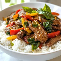 Für unser köstliches Thai Basilikum Rindfleisch brauche ich: - 450 g Rinderfilet, dünn gegen die Faser geschnitten - 2 Tassen frische Thai-Basilikumblätter - 4 Knoblauchzehen, fein gehackt - 2-3 thailändische Vogelaugen-Chilis, in Scheiben geschnitten (nach Geschmack anpassen) - 1 rote Paprika, in Streifen geschnitten Diese Zutaten sind wichtig. Das Rinderfilet macht das Gericht zart. Der Knoblauch bringt viel Geschmack. Die Thai-Basilikumblätter geben ein frisches Aroma. Die Chilis sorgen für die richtige Schärfe. Die rote Paprika fügt Knackigkeit hinzu. Für den perfekten Geschmack verwende ich: - 1 Esslöffel Pflanzenöl - 2 Esslöffel Sojasauce - 1 Esslöffel Austernsauce - 1 Teelöffel Zucker - ½ Teelöffel schwarzer Pfeffer Das Pflanzenöl hilft beim Braten. Die Sojasauce und die Austernsauce geben Tiefe. Der Zucker balanciert die Schärfe aus. Der schwarze Pfeffer rundet alles ab. Wenn du spezielle Diäten hast, gibt es gute Alternativen: - Verwende Tofu oder Tempeh für eine vegetarische oder vegane Version. - Nutze glutenfreie Sojasauce für eine glutenfreie Variante. - Ersetze den Zucker durch Honig oder Agavensirup für eine gesunde Süße. Diese Optionen machen das Gericht für jeden zugänglich. Jeder kann es genießen, egal welche Vorlieben er hat. {{ingredient_image_2}} Um das Thai Basilikum Rindfleisch gut zuzubereiten, müssen wir zuerst alles bereitstellen. Hier sind die Zutaten, die du brauchst: - 450 g Rinderfilet, dünn gegen die Faser geschnitten - 2 Tassen frische Thai-Basilikumblätter - 4 Knoblauchzehen, fein gehackt - 2-3 thailändische Vogelaugen-Chilis, in Scheiben geschnitten - 1 rote Paprika, in Streifen geschnitten - 1 Esslöffel Pflanzenöl - 2 Esslöffel Sojasauce - 1 Esslöffel Austernsauce - 1 Teelöffel Zucker - ½ Teelöffel schwarzer Pfeffer - Gekochter Jasminreis, zum Servieren Stelle sicher, dass alles frisch ist. Dies macht einen großen Unterschied im Geschmack. Jetzt beginnt der Spaß beim Kochen. Erhitze das Pflanzenöl in einer großen Pfanne oder einem Wok bei hoher Hitze. Wenn das Öl schimmert, fügst du den gehackten Knoblauch und die Vogelaugen-Chilis hinzu. Rühre das Ganze etwa 15 Sekunden um. Der Duft ist jetzt einfach köstlich! Erhöhe die Hitze weiter und gib das geschnittene Rindfleisch in die Pfanne. Brate es für 2-3 Minuten an, bis es braun wird. Achte darauf, dass es nicht zu durchgegart ist. Jetzt kommt die rote Paprika, die Sojasauce, die Austernsauce, der Zucker und der schwarze Pfeffer dazu. Rühre alles für 2 Minuten um, bis es gut vermischt ist. Nimm die Pfanne vom Herd und hebe vorsichtig die Thai-Basilikumblätter unter. Sie sollten nur leicht welken. Das gibt deinem Gericht einen frischen Geschmack. Serviere das Stir-Fry heiß über dem gekochten Jasminreis. Du kannst das Gericht mit zusätzlichen frischen Basilikumblättern garnieren. Das sieht nicht nur gut aus, sondern macht es auch noch schmackhafter! Um das Rindfleisch perfekt anzubraten, ist die Temperatur sehr wichtig. Erhitze das Pflanzenöl gut, bis es schimmert. Das hilft, das Fleisch außen schön braun zu machen. Lege das Fleisch in die Pfanne, aber überfülle sie nicht. So bleibt das Fleisch saftig und zart. Brate es nur 2-3 Minuten, bis es leicht braun ist. Rühre nicht zu oft um, damit es eine gute Kruste bekommt. Wähle frische Thai-Basilikumblätter aus. Die Blätter sollten grün und knackig sein, ohne braune Flecken. Thai-Basilikum hat einen besonderen Geschmack, der an Anis erinnert. Zerrupfe die Blätter leicht, bevor du sie hinzufügst. Dadurch entfalten sie ihr volles Aroma. Füge die Blätter zuletzt hinzu, damit sie nur leicht welken und frisch bleiben. Die Vogelaugen-Chilis bringen die Schärfe in dein Gericht. Du kannst die Menge anpassen, um die Schärfe zu kontrollieren. Wenn du es milder magst, benutze weniger Chilis. Für mehr Schärfe, füge mehr hinzu. Du kannst die Chilis auch ganz weglassen, wenn du es weniger scharf magst. Denke daran, dass die Schärfe beim Kochen intensiver wird. Teste also nach dem Kochen, ob es dir gefällt. Pro Tipps Fleisch marinieren: Marinieren Sie das Rindfleisch für mindestens 30 Minuten in einer Mischung aus Sojasauce und etwas Öl, um den Geschmack zu intensivieren und das Fleisch zarter zu machen. Chili anpassen: Passen Sie die Anzahl der Vogelaugen-Chilis je nach gewünschtem Schärfegrad an. Für eine mildere Variante können Sie die Chilis weglassen oder durch milde Paprika ersetzen. Basilikum hinzufügen: Fügen Sie das Thai-Basilikum erst ganz am Ende hinzu, damit es frisch bleibt und sein Aroma nicht verliert. Beilage variieren: Servieren Sie das Stir-Fry nicht nur mit Jasminreis, sondern probieren Sie auch Quinoa oder Reisnudeln für eine interessante Textur und Geschmackskombination. {{image_4}} Du kannst dein Thai Basilikum Rindfleisch leicht mit Gemüse aufpeppen. Füge einfach frisches Gemüse hinzu, wie Brokkoli, Zucchini oder Karotten. Diese geben Farbe und zusätzliche Nährstoffe. Achte darauf, das Gemüse klein zu schneiden. So gart es gleichmäßig und schnell. Gib das Gemüse nach dem Rindfleisch in die Pfanne. Rühre es 2-3 Minuten unter, bis es zart ist. So bleibt das Gericht frisch und knackig. Falls du vegetarisch oder vegan isst, ersetze das Rindfleisch durch Tofu oder Tempeh. Schneide den Tofu in kleine Würfel und brate ihn bis er goldbraun ist. Du kannst auch Pilze wie Shiitake oder Austernpilze verwenden. Diese geben einen herzhaften Geschmack. Vegane Sojasauce und Austernsauce auf Pflanzenbasis sind gute Alternativen. So bleibt der Geschmack intensiv und lecker. Anstelle von Reis kannst du auch asiatische Küchennudeln verwenden. Reisnudeln oder Udon sind tolle Optionen. Koche die Nudeln nach Packungsanweisung, bevor du sie mit dem Rindfleisch mischst. Mische die Nudeln direkt in die Pfanne, wenn das Rindfleisch fertig ist. So wird alles gut vermischt. Du erhältst ein schnelles und schmackhaftes Gericht, das sich von der klassischen Version abhebt. Um Thai Basil Beef frisch zu halten, lege die Reste in einen luftdichten Behälter. Das hilft, den Geschmack zu bewahren. Stelle den Behälter in den Kühlschrank. So bleibt das Gericht bis zu drei Tage lecker. Achte darauf, das Essen abzukühlen, bevor du es in den Kühlschrank stellst. Wenn du das Gericht länger aufbewahren möchtest, kannst du es einfrieren. Teile das Thai Basil Beef in Portionen auf. Verpacke jede Portion in einen gefrierfesten Behälter oder einen Beutel. Das Gericht bleibt bis zu drei Monate frisch. Beschrifte die Behälter mit dem Datum. So weißt du, wann du es eingefroren hast. Um die Reste wieder aufzuwärmen, benutze eine Pfanne oder Mikrowelle. In der Pfanne erhitze das Gericht bei mittlerer Hitze. Rühre häufig um, damit es gleichmäßig warm wird. In der Mikrowelle stelle die Leistung auf mittlere Stufe. Erhitze das Gericht in kurzen Intervallen. So bleibt der Geschmack intensiv. Füge frische Thai-Basilikumblätter hinzu, um das Aroma aufzufrischen. Die besten Beilagen sind einfache, neutrale Gerichte. Jasminreis ist eine klassische Wahl. Er passt gut zu den starken Aromen des Rindfleischs. Auch gedämpftes Gemüse wie Brokkoli oder grüne Bohnen harmoniert gut. Ein frischer Salat mit Gurken und Karotten bringt einen knackigen Kontrast. Wenn du es würziger magst, probiere eingelegte Gemüse als Beilage. Ja, du kannst das Rezept im Voraus machen. Bereite das Rindfleisch und die Gemüse vor. Lagere sie getrennt im Kühlschrank. Du kannst das Gericht auch ganz zubereiten und dann aufbewahren. Es bleibt im Kühlschrank etwa zwei Tage frisch. Wenn du es wieder aufwärmst, nutze die Pfanne oder die Mikrowelle. Achte darauf, es gut zu erhitzen, damit die Aromen wieder lebendig werden. Für glutenfreie Saucen wähle Tamari anstelle von Sojasauce. Tamari hat einen ähnlichen Geschmack und ist oft glutenfrei. Du kannst auch Kokosaminos verwenden. Diese sind ebenfalls glutenfrei und süßlich im Geschmack. Überprüfe immer die Etiketten von Saucen. Manchmal sind versteckte Glutenquellen enthalten. So stellst du sicher, dass dein Gericht sicher und lecker bleibt. In diesem Artikel haben wir alles über Thai Basilikum Rindfleisch behandelt. Sie haben die Hauptzutaten, Gewürze und sogar diätfreundliche Alternativen kennengelernt. Ich erklärte Schritt für Schritt, wie man das Gericht zubereitet. Mit Tipps brachten wir das Rindfleisch perfekt zum Anbraten. Sie können auch Variationen mit Gemüse oder Nudelgerichten ausprobieren. Denken Sie an die besten Lagerungstipps, um den Geschmack zu bewahren. Jetzt sind Sie bereit, in die Zubereitung einzutauchen und Ihre Gäste zu beeindrucken!