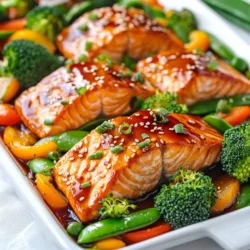 - 4 Lachsfilets (je etwa 170 g) - 2 Tassen Brokkoliröschen - 1 Tasse Paprika, in Streifen geschnitten (rot, gelb oder eine Mischung) - 1 Tasse Zuckerschoten Die Hauptzutaten für dieses Gericht sind einfach und gesund. Der Lachs liefert viele gesunde Fette. Brokkoli, Paprika und Zuckerschoten bringen Farbe und Nährstoffe. Diese Mischung macht dein Gericht bunt und lecker. - 3 Esslöffel Olivenöl - Salz und Pfeffer nach Geschmack Die Gewürze sind essenziell für den Geschmack. Olivenöl verleiht dem Gericht eine feine Note. Salz und Pfeffer bringen die Aromen zum Strahlen. Du kannst die Menge nach deinem Geschmack anpassen. - 1/2 Tasse Teriyakisauce (kommerzielle oder hausgemachte) - 1 Esslöffel Sesam (optional) - 2 Frühlingszwiebeln, in Ringe geschnitten zur Garnierung Teriyakisauce ist der Star dieses Gerichts. Du kannst sie kaufen oder selbst machen. Wenn du sie selbst machst, kannst du den Geschmack anpassen. Sesam und Frühlingszwiebeln sind perfekte Toppings. Sie geben dem Gericht mehr Crunch und Aroma. {{ingredient_image_2}} Heize deinen Ofen auf 200°C vor. Dies sorgt für eine gleichmäßige Hitze. Lege ein großes Backblech mit Backpapier aus. Das macht die Reinigung später einfach und verhindert, dass das Essen anhaftet. Nimm eine große Schüssel und vermenge Brokkoli, Paprika und Zuckerschoten. Das Gemüse soll frisch und knackig sein. Beträufle das Gemüse mit 2 Esslöffeln Olivenöl. Würze es mit Salz und Pfeffer. Mische alles gut durch, damit das Gemüse gleichmäßig gewürzt ist. Lege die Lachsfilets in die Schüssel. Beträufle sie mit dem restlichen Olivenöl. Würze auch den Lachs mit Salz und Pfeffer. Gieße die Hälfte der Teriyakisauce über den Lachs. Platziere das gewürzte Gemüse auf einer Seite des Backblechs. Lege die Lachsfilets auf die andere Seite, mit der Hautseite nach unten. Backe alles im vorgeheizten Ofen für etwa 15 Minuten. Nach dieser Zeit träufle die restliche Teriyakisauce über den Lachs und das Gemüse. Gib das Blech für weitere 5-7 Minuten zurück in den Ofen. Der Lachs sollte leicht mit einer Gabel flakig werden. Das Gemüse bleibt zart und lebhaft. Um Lachs perfekt zu garen, ist die Backzeit wichtig. Backen Sie den Lachs bei 200°C für etwa 15 Minuten. Nach 15 Minuten geben Sie die restliche Teriyakisauce hinzu. Backen Sie dann für weitere 5 bis 7 Minuten. Um zu erkennen, dass der Lachs gar ist, schauen Sie, ob er leicht mit einer Gabel auseinanderfällt. Der Lachs sollte eine zarte, flakige Textur haben. Wenn er noch glasig ist, braucht er mehr Zeit. Für die Beilagen sind Brokkoli, Paprika und Zuckerschoten klasse. Sie bringen Farbe und Geschmack. Sie können auch Reis oder Quinoa dazu servieren. Eine kreative Serviermethode ist, den Lachs auf einem Bett aus Gemüse zu präsentieren. Das sieht toll aus und macht das Essen noch schmackhafter. Häufige Probleme beim Kochen auf einem Blech sind ungleichmäßiges Garen und Anbrennen. Achten Sie darauf, dass das Gemüse gleichmäßig verteilt ist. Lassen Sie genug Platz zwischen den Zutaten. Um Überkochen oder Anbrennen zu vermeiden, verwenden Sie Backpapier. Es hilft, das Gericht leicht zu lösen und die Reinigung zu erleichtern. Kontrollieren Sie den Lachs regelmäßig, um ihn nicht zu lange backen zu lassen. Pro Tipps Frische Zutaten verwenden: Verwenden Sie frisches Gemüse und hochwertigen Lachs für den besten Geschmack und Nährwert. Teriyakisauce selbst machen: Wenn Sie Zeit haben, probieren Sie, die Teriyakisauce selbst zuzubereiten, um den Geschmack zu individualisieren. Gemüse gleichmäßig schneiden: Achten Sie darauf, das Gemüse in ähnliche Größen zu schneiden, damit es gleichmäßig gart. Resteverwertung: Verwenden Sie übrig gebliebenes Gemüse für Suppen oder Salate, um Abfall zu vermeiden. {{image_4}} Für dein Gericht kannst du viele Arten von Gemüse nutzen. Statt Brokkoli, Paprika und Zuckerschoten sind auch andere Gemüsesorten möglich. - Karotten: Sie verleihen Süße und Farbe. - Zucchini: Diese sind zart und nehmen den Geschmack gut auf. - Blumenkohl: Ein weiteres tolles Gemüse, das gut passt. Saisonales Gemüse ist eine gute Wahl. Im Frühling sind Spargel und Erbsen frisch. Im Sommer könntest du Auberginen oder Tomaten verwenden. Im Herbst sind Kürbis und Rosenkohl lecker. Im Winter sind Wurzelgemüse wie Rüben und Pastinaken toll. Du kannst die Teriyakisauce ersetzen, wenn du das möchtest. Sojasauce ist eine einfache Alternative. Miso gibt dem Gericht eine tiefere Umami-Note. Beides ist leicht zu finden. Für die Proteine hast du verschiedene Optionen. Hähnchenbrust ist eine tolle Wahl, wenn du den Lachs nicht magst. Tofu eignet sich gut für eine vegetarische Variante. Garnelen sind ebenfalls eine schmackhafte Option und garen schnell. Wenn du glutenfrei bist, achte auf die Teriyakisauce. Viele Marken bieten glutenfreie Optionen an. Du kannst auch eine Mischung aus Sojasauce und Reisessig verwenden. Für eine Low-Carb-Version kannst du einfach das Gemüse erhöhen. Vermeide stärkehaltige Gemüsesorten wie Kartoffeln. So bleibt dein Gericht leicht und gesund. Um das beste Geschmackserlebnis zu erhalten, lagere die Reste in einem luftdichten Behälter. Du kannst die Reste des Teriyaki-Lachses und der Gemüse bis zu drei Tage im Kühlschrank aufbewahren. Achte darauf, dass die Temperatur unter 4°C bleibt. Das hilft, die Frische zu bewahren und das Wachstum von Bakterien zu verhindern. Wenn du das Gericht länger aufbewahren möchtest, kannst du es auch einfrieren. Teile die Portionen in einzelnen Behältern ab. So kannst du genau die Menge auftauen, die du brauchst. Das Gericht hält sich im Gefrierfach bis zu drei Monate. Zum Auftauen lege die gefrorenen Portionen über Nacht in den Kühlschrank oder tau sie in der Mikrowelle auf. Achte darauf, das Gericht nicht zu lange zu erhitzen, um das Gemüse knusprig zu halten. Mit den Resten kannst du kreativ sein. Mache eine Teriyaki-Lachs-Bowl mit Reis oder Quinoa. Du kannst auch einen Wrap mit den restlichen Zutaten zubereiten. Füge frischen Spinat oder Salat hinzu, um einen gesunden Snack zu kreieren. Eine andere Idee ist ein Salat mit den Lachsstücken und frischem Gemüse. So hast du schnell ein neues Gericht aus den übrig gebliebenen Zutaten. Ja, du kannst die Teriyakisauce ganz leicht selbst machen. Hier ist ein schnelles Rezept: - 1/2 Tasse Sojasauce - 1/4 Tasse Honig oder Zucker - 2 Esslöffel Reisessig - 1 Esslöffel Sesamöl - 1 Knoblauchzehe, fein gehackt - 1 Teelöffel Ingwer, frisch gerieben Mische alle Zutaten in einem kleinen Topf. Erhitze die Mischung leicht. Lass sie dann köcheln, bis sie dick wird. Fertig! Diese Sauce passt perfekt zu deinem Teriyaki-Lachs. Der Lachs braucht insgesamt etwa 20 bis 22 Minuten im Ofen. Hier ist eine schnelle Übersicht: - Für Lachsfilets, die etwa 170 g wiegen: 15 Minuten bei 200°C backen, dann die restliche Sauce hinzufügen und weitere 5 bis 7 Minuten backen. - Dickere Filets könnten 2 bis 3 Minuten länger brauchen. - Der Lachs ist fertig, wenn er mit einer Gabel leicht auseinanderfällt. Zu diesem Gericht passen viele Beilagen gut. Hier sind einige Vorschläge: - Reis: Weißer, brauner oder Sushi-Reis ergänzen den Lachs perfekt. - Quinoa: Eine gesunde, nussige Alternative. - Salat: Ein frischer grüner Salat mit leichtem Dressing. - Gemüse: Geröstetes oder gedämpftes Gemüse als weitere gesunde Option. Diese Beilagen machen dein Essen noch leckerer und gesünder. Dieses Rezept nutzt frischen Lachs und gesundes Gemüse. Du erfährst, wie du sie perfekt vorbereitest und backst. Achte auf die richtige Backzeit, um den Lachs saftig zu halten. Experimentiere mit verschiedenen Gemüse oder Saucen für neue Geschmackserlebnisse. Bewahre Reste richtig auf und verwandle sie in neue Mahlzeiten. Mit einfachen Tipps kannst du leckere Gerichte zaubern. Jetzt bist du bereit, das Rezept auszuprobieren und deine Familie zu beeindrucken!