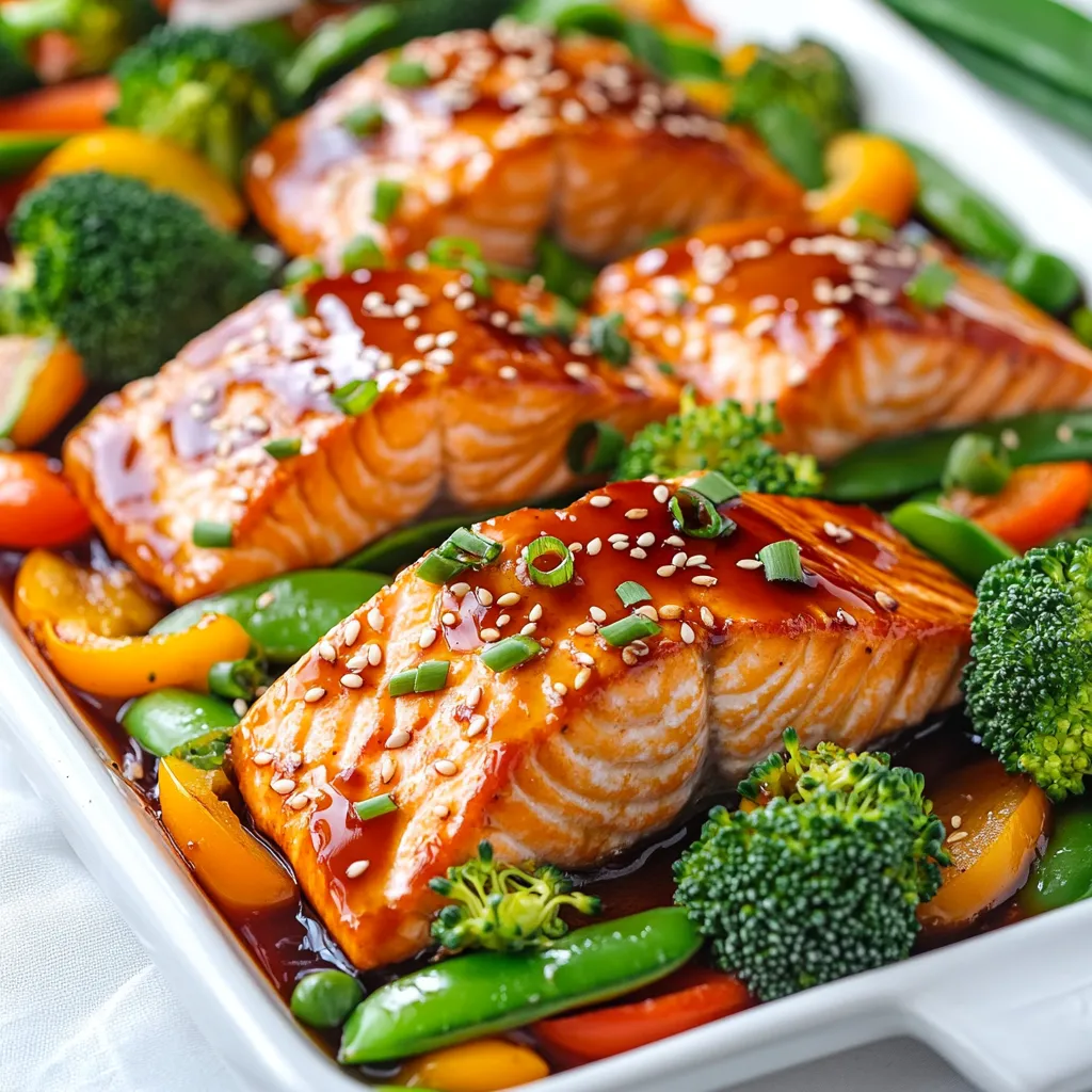 - 4 Lachsfilets (je etwa 170 g) - 2 Tassen Brokkoliröschen - 1 Tasse Paprika, in Streifen geschnitten (rot, gelb oder eine Mischung) - 1 Tasse Zuckerschoten Die Hauptzutaten für dieses Gericht sind einfach und gesund. Der Lachs liefert viele gesunde Fette. Brokkoli, Paprika und Zuckerschoten bringen Farbe und Nährstoffe. Diese Mischung macht dein Gericht bunt und lecker. - 3 Esslöffel Olivenöl - Salz und Pfeffer nach Geschmack Die Gewürze sind essenziell für den Geschmack. Olivenöl verleiht dem Gericht eine feine Note. Salz und Pfeffer bringen die Aromen zum Strahlen. Du kannst die Menge nach deinem Geschmack anpassen. - 1/2 Tasse Teriyakisauce (kommerzielle oder hausgemachte) - 1 Esslöffel Sesam (optional) - 2 Frühlingszwiebeln, in Ringe geschnitten zur Garnierung Teriyakisauce ist der Star dieses Gerichts. Du kannst sie kaufen oder selbst machen. Wenn du sie selbst machst, kannst du den Geschmack anpassen. Sesam und Frühlingszwiebeln sind perfekte Toppings. Sie geben dem Gericht mehr Crunch und Aroma. {{ingredient_image_2}} Heize deinen Ofen auf 200°C vor. Dies sorgt für eine gleichmäßige Hitze. Lege ein großes Backblech mit Backpapier aus. Das macht die Reinigung später einfach und verhindert, dass das Essen anhaftet. Nimm eine große Schüssel und vermenge Brokkoli, Paprika und Zuckerschoten. Das Gemüse soll frisch und knackig sein. Beträufle das Gemüse mit 2 Esslöffeln Olivenöl. Würze es mit Salz und Pfeffer. Mische alles gut durch, damit das Gemüse gleichmäßig gewürzt ist. Lege die Lachsfilets in die Schüssel. Beträufle sie mit dem restlichen Olivenöl. Würze auch den Lachs mit Salz und Pfeffer. Gieße die Hälfte der Teriyakisauce über den Lachs. Platziere das gewürzte Gemüse auf einer Seite des Backblechs. Lege die Lachsfilets auf die andere Seite, mit der Hautseite nach unten. Backe alles im vorgeheizten Ofen für etwa 15 Minuten. Nach dieser Zeit träufle die restliche Teriyakisauce über den Lachs und das Gemüse. Gib das Blech für weitere 5-7 Minuten zurück in den Ofen. Der Lachs sollte leicht mit einer Gabel flakig werden. Das Gemüse bleibt zart und lebhaft. Um Lachs perfekt zu garen, ist die Backzeit wichtig. Backen Sie den Lachs bei 200°C für etwa 15 Minuten. Nach 15 Minuten geben Sie die restliche Teriyakisauce hinzu. Backen Sie dann für weitere 5 bis 7 Minuten. Um zu erkennen, dass der Lachs gar ist, schauen Sie, ob er leicht mit einer Gabel auseinanderfällt. Der Lachs sollte eine zarte, flakige Textur haben. Wenn er noch glasig ist, braucht er mehr Zeit. Für die Beilagen sind Brokkoli, Paprika und Zuckerschoten klasse. Sie bringen Farbe und Geschmack. Sie können auch Reis oder Quinoa dazu servieren. Eine kreative Serviermethode ist, den Lachs auf einem Bett aus Gemüse zu präsentieren. Das sieht toll aus und macht das Essen noch schmackhafter. Häufige Probleme beim Kochen auf einem Blech sind ungleichmäßiges Garen und Anbrennen. Achten Sie darauf, dass das Gemüse gleichmäßig verteilt ist. Lassen Sie genug Platz zwischen den Zutaten. Um Überkochen oder Anbrennen zu vermeiden, verwenden Sie Backpapier. Es hilft, das Gericht leicht zu lösen und die Reinigung zu erleichtern. Kontrollieren Sie den Lachs regelmäßig, um ihn nicht zu lange backen zu lassen. Pro Tipps Frische Zutaten verwenden: Verwenden Sie frisches Gemüse und hochwertigen Lachs für den besten Geschmack und Nährwert. Teriyakisauce selbst machen: Wenn Sie Zeit haben, probieren Sie, die Teriyakisauce selbst zuzubereiten, um den Geschmack zu individualisieren. Gemüse gleichmäßig schneiden: Achten Sie darauf, das Gemüse in ähnliche Größen zu schneiden, damit es gleichmäßig gart. Resteverwertung: Verwenden Sie übrig gebliebenes Gemüse für Suppen oder Salate, um Abfall zu vermeiden. {{image_4}} Für dein Gericht kannst du viele Arten von Gemüse nutzen. Statt Brokkoli, Paprika und Zuckerschoten sind auch andere Gemüsesorten möglich. - Karotten: Sie verleihen Süße und Farbe. - Zucchini: Diese sind zart und nehmen den Geschmack gut auf. - Blumenkohl: Ein weiteres tolles Gemüse, das gut passt. Saisonales Gemüse ist eine gute Wahl. Im Frühling sind Spargel und Erbsen frisch. Im Sommer könntest du Auberginen oder Tomaten verwenden. Im Herbst sind Kürbis und Rosenkohl lecker. Im Winter sind Wurzelgemüse wie Rüben und Pastinaken toll. Du kannst die Teriyakisauce ersetzen, wenn du das möchtest. Sojasauce ist eine einfache Alternative. Miso gibt dem Gericht eine tiefere Umami-Note. Beides ist leicht zu finden. Für die Proteine hast du verschiedene Optionen. Hähnchenbrust ist eine tolle Wahl, wenn du den Lachs nicht magst. Tofu eignet sich gut für eine vegetarische Variante. Garnelen sind ebenfalls eine schmackhafte Option und garen schnell. Wenn du glutenfrei bist, achte auf die Teriyakisauce. Viele Marken bieten glutenfreie Optionen an. Du kannst auch eine Mischung aus Sojasauce und Reisessig verwenden. Für eine Low-Carb-Version kannst du einfach das Gemüse erhöhen. Vermeide stärkehaltige Gemüsesorten wie Kartoffeln. So bleibt dein Gericht leicht und gesund. Um das beste Geschmackserlebnis zu erhalten, lagere die Reste in einem luftdichten Behälter. Du kannst die Reste des Teriyaki-Lachses und der Gemüse bis zu drei Tage im Kühlschrank aufbewahren. Achte darauf, dass die Temperatur unter 4°C bleibt. Das hilft, die Frische zu bewahren und das Wachstum von Bakterien zu verhindern. Wenn du das Gericht länger aufbewahren möchtest, kannst du es auch einfrieren. Teile die Portionen in einzelnen Behältern ab. So kannst du genau die Menge auftauen, die du brauchst. Das Gericht hält sich im Gefrierfach bis zu drei Monate. Zum Auftauen lege die gefrorenen Portionen über Nacht in den Kühlschrank oder tau sie in der Mikrowelle auf. Achte darauf, das Gericht nicht zu lange zu erhitzen, um das Gemüse knusprig zu halten. Mit den Resten kannst du kreativ sein. Mache eine Teriyaki-Lachs-Bowl mit Reis oder Quinoa. Du kannst auch einen Wrap mit den restlichen Zutaten zubereiten. Füge frischen Spinat oder Salat hinzu, um einen gesunden Snack zu kreieren. Eine andere Idee ist ein Salat mit den Lachsstücken und frischem Gemüse. So hast du schnell ein neues Gericht aus den übrig gebliebenen Zutaten. Ja, du kannst die Teriyakisauce ganz leicht selbst machen. Hier ist ein schnelles Rezept: - 1/2 Tasse Sojasauce - 1/4 Tasse Honig oder Zucker - 2 Esslöffel Reisessig - 1 Esslöffel Sesamöl - 1 Knoblauchzehe, fein gehackt - 1 Teelöffel Ingwer, frisch gerieben Mische alle Zutaten in einem kleinen Topf. Erhitze die Mischung leicht. Lass sie dann köcheln, bis sie dick wird. Fertig! Diese Sauce passt perfekt zu deinem Teriyaki-Lachs. Der Lachs braucht insgesamt etwa 20 bis 22 Minuten im Ofen. Hier ist eine schnelle Übersicht: - Für Lachsfilets, die etwa 170 g wiegen: 15 Minuten bei 200°C backen, dann die restliche Sauce hinzufügen und weitere 5 bis 7 Minuten backen. - Dickere Filets könnten 2 bis 3 Minuten länger brauchen. - Der Lachs ist fertig, wenn er mit einer Gabel leicht auseinanderfällt. Zu diesem Gericht passen viele Beilagen gut. Hier sind einige Vorschläge: - Reis: Weißer, brauner oder Sushi-Reis ergänzen den Lachs perfekt. - Quinoa: Eine gesunde, nussige Alternative. - Salat: Ein frischer grüner Salat mit leichtem Dressing. - Gemüse: Geröstetes oder gedämpftes Gemüse als weitere gesunde Option. Diese Beilagen machen dein Essen noch leckerer und gesünder. Dieses Rezept nutzt frischen Lachs und gesundes Gemüse. Du erfährst, wie du sie perfekt vorbereitest und backst. Achte auf die richtige Backzeit, um den Lachs saftig zu halten. Experimentiere mit verschiedenen Gemüse oder Saucen für neue Geschmackserlebnisse. Bewahre Reste richtig auf und verwandle sie in neue Mahlzeiten. Mit einfachen Tipps kannst du leckere Gerichte zaubern. Jetzt bist du bereit, das Rezept auszuprobieren und deine Familie zu beeindrucken!