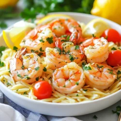 Für unser Gericht benötigen wir einige wichtige Zutaten. Diese Zutaten sind einfach zu finden und machen das Essen köstlich. Hier sind die Hauptzutaten: - 450 g große Garnelen, geschält und entdarmt - 250 g Orzo-Pasta - 4 Zehen Knoblauch, fein gehackt - 2 Esslöffel Olivenöl - 1 Zitrone (abgerieben und ausgepresst) - 240 ml Gemüsebrühe - 125 g Cherrytomaten, halbiert - 60 g frische Petersilie, gehackt - Salz und Pfeffer nach Geschmack - Optional: Rote Paprikaflocken für etwas Schärfe Jede Zutat trägt zum Gesamtgeschmack bei. Die Garnelen sind zart und voller Geschmack. Die Orzo-Pasta ist leicht und nimmt Aromen gut auf. Der Knoblauch sorgt für eine aromatische Basis. Wir verwenden einfaches Öl und Gewürze. Das Olivenöl gibt dem Gericht einen reichen Geschmack. Es ist gesund und passt perfekt zu den Garnelen. Salz und Pfeffer sind wichtig, um den Geschmack zu verstärken. Die roten Paprikaflocken sind optional, aber sie bringen ein wenig Wärme. Frische Zutaten sind der Schlüssel zu einem guten Gericht. Die Zitrone bringt Frische und Säure. Sie macht die Garnelen lebendig und hell. Die Cherrytomaten fügen eine süße Note hinzu. Sie geben auch Farbe und Textur. Die frische Petersilie ist nicht nur schön, sondern auch gesund. Sie bringt einen frischen Geschmack und Vitalität in das Gericht. {{ingredient_image_2}} Um die Orzo-Pasta zuzubereiten, erhitze zuerst 1 Esslöffel Olivenöl in einem großen Topf. Füge 4 Zehen fein gehackten Knoblauch hinzu. Sautiere den Knoblauch für etwa 1 Minute. Der Duft wird großartig sein! Danach gib 250 g Orzo-Pasta in den Topf. Rühre gut um, damit die Pasta das Öl aufnimmt. Dann gieße 240 ml Gemüsebrühe in den Topf. Bring die Mischung zum Kochen. Reduziere dann die Hitze. Lass die Orzo-Pasta 8-10 Minuten köcheln. Rühre gelegentlich um, bis die Pasta weich ist und die Flüssigkeit aufgesogen wurde. Während die Orzo kocht, würze die 450 g geschälten Garnelen mit Salz und Pfeffer. Wenn du etwas Schärfe magst, füge rote Paprikaflocken hinzu. Erhitze in einer separaten Pfanne 1 Esslöffel Olivenöl bei mittlerer bis hoher Hitze. Gib die gewürzten Garnelen in die Pfanne. Sautiere sie 3-4 Minuten, bis sie rosa und durchgegart sind. Füge 125 g halbierte Cherrytomaten hinzu und rühre sie 2 Minuten lang. Die Tomaten werden dann leicht weich. Wenn die Orzo gar ist, mische die Garnelenmischung mit der Orzo. Gib den Saft und die abgeriebene Schale von 1 Zitrone sowie 60 g gehackte Petersilie dazu. Werfe alles vorsichtig zusammen, bis es gut vermischt ist. Probiere das Gericht und passe die Gewürze nach Bedarf an. Serviere die Zitronen-Knoblauch-Garnelen-Orzo in flachen Schalen. Garniere mit zusätzlicher Petersilie und Zitronenscheiben. Das sieht frisch und einladend aus! Um die Orzo-Pasta perfekt zuzubereiten, ist es wichtig, die richtige Menge Flüssigkeit zu verwenden. Achte darauf, dass die Gemüsebrühe gut kocht, bevor du die Pasta hinzufügst. Rühre die Orzo gut um, damit sie nicht zusammenklebt. Lass die Pasta sanft köcheln, bis sie weich ist und die Brühe fast vollständig aufgesogen wurde. So bleibt die Orzo schön cremig. Die Garnelen sollten frisch oder gut aufgetaut sein. Würze sie mit Salz, Pfeffer und optional Paprikaflocken. Achte darauf, die Garnelen nicht zu lange zu garen. Sie sind fertig, wenn sie rosa und fest sind. Dies dauert in der Regel nur 3-4 Minuten. So bleiben sie saftig und zart. Ein häufiger Fehler ist, die Garnelen zu übergaren. Das macht sie zäh und trocken. Ein weiterer Fehler ist, die Pasta zu lange zu kochen. Achte darauf, die Orzo al dente zu garen. Außerdem ist es wichtig, die Zutaten gut zu vermischen, um den vollen Geschmack zu erhalten. Schmecke das Gericht vor dem Servieren ab und passe die Gewürze an. Pro Tipps Frische Garnelen wählen: Achten Sie darauf, frische oder gefrorene Garnelen von guter Qualität zu verwenden, um den besten Geschmack und die beste Textur zu erzielen. Orzo nicht überkochen: Halten Sie die Kochzeit der Orzo im Auge, um eine matschige Konsistenz zu vermeiden. Sie sollte al dente sein. Zitronensaft zum Schluss hinzufügen: Fügen Sie den Zitronensaft erst am Ende hinzu, um den frischen Geschmack zu bewahren und die Garnelen nicht zu garen. Garnelen gleichmäßig würzen: Stellen Sie sicher, dass die Garnelen gleichmäßig mit Salz, Pfeffer und optionalen Gewürzen gewürzt sind, um einen ausgewogenen Geschmack zu erzielen. {{image_4}} Wenn du eine vegetarische Version machen willst, ersetze die Garnelen durch Zucchini oder Pilze. Diese Gemüse haben eine tolle Textur und saugen die Aromen auf. Du kannst auch Kichererbsen hinzufügen, um mehr Protein zu bekommen. So bleibt das Gericht gesund und sättigend. Für mehr Geschmack kannst du frische Kräuter wie Basilikum oder Oregano probieren. Einige rote Paprikaflocken geben dem Gericht einen kleinen Kick. Auch Feta-Käse macht das Gericht cremiger und gibt einen salzigen Geschmack. Achte darauf, die Zutaten gut zu mischen. Wenn du Gäste hast, serviere das Gericht in schönen Schalen. Garniere es mit frischer Petersilie und Zitronenscheiben. Ein Glas Weißwein passt perfekt dazu. Du kannst auch ein frisches Baguette dazu reichen. So wird dein Essen besonders festlich und lecker. Wenn du Reste von deinem Zitronen-Knoblauch-Garnelen-Orzo hast, lagere sie in einem luftdichten Behälter. Achte darauf, dass die Mischung gut abgekühlt ist, bevor du sie in den Behälter gibst. So bleibt der Geschmack erhalten und die Garnelen werden nicht zäh. Wenn du das Gericht aufwärmst, kann der Geschmack sich leicht ändern. Die Garnelen können zäh werden, wenn sie zu lange erhitzt werden. Ich empfehle, das Gericht in der Mikrowelle bei niedriger Leistung zu erwärmen. Füge etwas Brühe oder Zitronensaft hinzu, um die Feuchtigkeit zu halten und den frischen Geschmack zu bewahren. Im Kühlschrank hält sich der Zitronen-Knoblauch-Garnelen-Orzo etwa 3 Tage. Wenn du es länger aufbewahren möchtest, friere es ein. Im Gefrierfach bleibt es bis zu 3 Monate frisch. Denke daran, es in Portionen einzufrieren, damit du nur das auftauen musst, was du brauchst. Die Zubereitung von Zitronen-Knoblauch-Garnelen-Orzo dauert etwa 30 Minuten. Davon sind 10 Minuten für die Vorbereitung und 20 Minuten für das Kochen. In dieser Zeit können Sie die Garnelen anbraten und die Orzo-Pasta perfekt zubereiten. Es ist ein schnelles Gericht, das sich ideal für ein Abendessen unter der Woche eignet, wenn Sie wenig Zeit haben. Ja, Sie können andere Pasta für dieses Rezept verwenden. Alternativen wie Farfalle oder Penne funktionieren gut. Diese Pastaformen nehmen die Aromen gut auf. Beachten Sie, dass die Kochzeit variieren kann, wenn Sie eine andere Pasta verwenden. Prüfen Sie die Packungsanweisung und passen Sie die Kochzeit an. Ja, Zitronen-Knoblauch-Garnelen-Orzo eignet sich hervorragend für Meal Prep. Sie können die Portionen im Voraus zubereiten und in luftdichten Behältern aufbewahren. Das Gericht bleibt für zwei bis drei Tage im Kühlschrank frisch. Erwärmen Sie es einfach in der Mikrowelle oder auf dem Herd. Für den besten Geschmack fügen Sie nach dem Aufwärmen etwas frischen Zitronensaft hinzu. Das Gericht Zitronen-Knoblauch-Garnelen-Orzo ist einfach zuzubereiten. Wir haben die Hauptzutaten, die richtige Würzung und die Zubereitungsschritte behandelt. Ich habe auch Tipps gegeben, um häufige Fehler zu vermeiden und Varianten für jeden Geschmack angeboten. Zum Schluss ist die Lagerung wichtig für den Geschmack. Achte darauf, Reste richtig zu lagern und das Gericht nicht zu lange aufzuwärmen. Mit diesen Informationen kannst du schnell leckere Mahlzeiten zubereiten, die Familie und Freunde beeindrucken werden. Es ist einfacher, als du denkst!