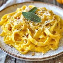 - Pasta-Optionen und Mengen: Für dieses Rezept verwende ich 230 g Fettuccine. Du kannst aber auch andere Pasta wie Penne oder Spaghetti nutzen. - Details zu Kürbispüree und Schlagsahne: Du brauchst 240 ml Kürbispüree aus der Dose. Ich empfehle, eine hohe Qualität zu wählen, um den Geschmack zu verbessern. Zusätzlich kommen 240 ml Schlagsahne dazu, um die Sauce cremig zu machen. - Gewürze und garnierende Zutaten: Für den Geschmack verwende ich 3 Esslöffel ungesalzene Butter, 2 fein gehackte Knoblauchzehen und 1 kleine, gewürfelte Zwiebel. Ich füge auch 1/2 Teelöffel gemahlene Muskatnuss hinzu, sowie Salz und Pfeffer. Um das Gericht zu verfeinern, kommen 30 g geriebener Parmesan und etwa 10 zerzupfte Salbeiblätter dazu. Geröstete Pinienkerne sind optional, aber sie geben einen tollen Crunch. Diese Zutaten machen die cremige Kürbis-Salbei-Pasta einfach und lecker. Sie sind leicht zu finden und bringen viel Geschmack. {{ingredient_image_2}} Um die Fettuccine zu kochen, bringe einen großen Topf mit gesalzenem Wasser zum Kochen. Füge die Fettuccine hinzu und koche sie nach Packungsanleitung. Sie sollten al dente sein. Bevor du die Pasta abgießt, hebe 120 ml Nudelwasser auf. Dieses Wasser hilft später, die Sauce zu verdünnen. Stelle die gekochte Pasta beiseite, während du die Sauce zubereitest. In demselben Topf oder einer großen Pfanne schmelze die Butter bei mittlerer Hitze. Füge die gewürfelte Zwiebel hinzu und brate sie 3-4 Minuten. Sie sollte glasig werden. Dann gib den fein gehackten Knoblauch und die zerzupften Salbeiblätter dazu. Koche alles für eine weitere Minute, bis es duftet. Salbei ist eine tolle Ergänzung. Er bringt eine erdige Note und passt gut zum Kürbis. Reduziere die Hitze und rühre das Kürbispüree, die Schlagsahne und die Muskatnuss ein. Lass die Mischung leicht köcheln. Es ist wichtig, die Sauce gut zu würzen. Füge Salz und Pfeffer nach Geschmack hinzu. Lass die Sauce etwa 5 Minuten köcheln, während du gelegentlich rührst. Die richtige Konsistenz ist cremig, aber nicht zu dick. Gib die gekochte Pasta zur Sauce und schwenke sie gut. Achte darauf, dass die Pasta gleichmäßig umhüllt wird. Ist die Sauce zu dick? Füge nach und nach das aufbewahrte Nudelwasser hinzu. So erreichst du die gewünschte Konsistenz. Rühre den geriebenen Parmesan ein, bis er schmilzt und gut eingearbeitet ist. Richte die cremige Kürbis-Salbei-Pasta auf Tellern an. Verfeinere jedes Gericht mit extra Parmesan und frisch gemahlenem Pfeffer. Wenn du magst, füge geröstete Pinienkerne als Garnitur hinzu. Ein paar zusätzliche Salbeiblätter oben drauf machen das Gericht noch schöner. Um die Sauce noch besser zu machen, probiere verschiedene Gewürze. Du kannst etwas Chili für eine scharfe Note hinzufügen. Ein wenig Zimt gibt der Sauce eine warme Tiefe. Experimentiere auch mit Kräutern wie Thymian oder Oregano. Wenn du die Sahne anpassen möchtest, kannst du auch Kokosmilch verwenden. Das macht die Sauce leicht süßlich. Für eine leichtere Option kannst du griechischen Joghurt verwenden. Rühre ihn am Ende ein, um die Sauce cremig zu machen. Fettuccine ist toll, aber du kannst jede Pasta verwenden. Penne oder Spaghetti sind auch sehr gut. Wenn du glutenfrei bist, probiere Linsen- oder Reisnudeln. Veganer sollten auf pflanzliche Sahne umsteigen. Diese Optionen sind lecker und passen gut zur Sauce. Das Anrichten macht viel aus. Du kannst die Pasta in einer großen Schüssel servieren. Oder teile sie auf kleine Teller auf. Streue frische Kräuter wie Petersilie oder Schnittlauch darüber. Geröstete Nüsse, wie Pinienkerne oder Walnüsse, geben einen tollen Crunch. Sie sehen auch schön aus. Für mehr Farbe kannst du einen Spritzer Olivenöl hinzufügen. So wird die Pasta noch ansprechender. Pro Tipps Pasta nicht überkochen: Achte darauf, die Pasta al dente zu kochen, damit sie beim Mischen mit der Sauce nicht matschig wird. Frischer Salbei: Verwende frische Salbeiblätter für ein intensiveres Aroma. Sie verleihen der Sauce eine frische Note. Kürbispüree: Für einen noch besseren Geschmack kannst du frisches Kürbispüree verwenden, wenn es saisonal verfügbar ist. Garnierung: Geröstete Pinienkerne fügen einen schönen Crunch hinzu und verbessern die Präsentation des Gerichts. {{image_4}} Du kannst das Rezept leicht anpassen. Füge mehr Gemüse hinzu, um es bunter zu machen. Einige gute Optionen sind: - Spinat - Erbsen - Paprika Diese Gemüsesorten fügen Farbe und Nährstoffe hinzu. Sie passen gut zum Kürbis und Salbei. Wenn du etwas Protein möchtest, kannst du Hähnchen oder Garnelen hinzufügen. Koche das Hähnchen in der Pfanne, bevor du die Zwiebeln anbrätst. Für Garnelen kannst du sie einfach zusammen mit dem Knoblauch anbraten. Beide Optionen sorgen für einen herzhaften Biss. Nutze frisches, saisonales Gemüse. Im Herbst bieten sich zum Beispiel Rosenkohl oder Kürbis an. Diese Aromen ergänzen den Kürbis gut und geben einen tollen Geschmack. Kombiniere den Kürbis auch mit Gewürzen wie Zimt oder Kreuzkümmel. Diese Geschmäcker harmonieren wunderbar und bringen eine neue Dimension in dein Gericht. Wenn du Abwechslung möchtest, probiere andere cremige Saucen. Eine Käsesauce mit Gorgonzola bringt einen starken Geschmack. Du könntest auch eine Tomatensauce verwenden. Diese gibt einen frischen, fruchtigen Geschmack. Für eine Käse- oder Tomatensauce benötigst du: - 240 ml Sahne oder Milch - 100 g geriebenen Käse (z.B. Cheddar oder Mozzarella) - 240 ml passierte Tomaten Diese Alternativen bieten neue Geschmackserlebnisse und machen dein Gericht einzigartig. Um die Reste der cremigen Kürbis-Salbei-Pasta optimal zu lagern, lege sie in einen luftdichten Behälter. Stelle sicher, dass die Pasta vollständig abgekühlt ist, bevor du sie in den Kühlschrank gibst. So bleibt sie frisch. Lagere die Reste nicht länger als drei Tage im Kühlschrank. Wenn du die Pasta länger aufbewahren möchtest, kannst du sie auch einfrieren. Für die Gefrierung der Pasta, portioniere sie in kleine Behälter oder Gefrierbeutel. Achte darauf, die Luft herauszudrücken, bevor du sie verschließt. So verhindern wir Gefrierbrand. Die gefrorene Pasta hält sich bis zu drei Monate. Um die Pasta wieder aufzuwärmen, gibt es einige gute Methoden. Du kannst sie in der Mikrowelle erhitzen. Stelle die Mikrowelle auf mittlere Hitze und bedecke die Pasta mit einem feuchten Papiertuch. Das hilft, die Feuchtigkeit zu bewahren. Alternativ kannst du die Pasta in einer Pfanne bei niedriger Hitze langsam erhitzen. Füge etwas Nudelwasser hinzu, um die Sauce wieder cremig zu machen. Um matschige Sauce zu vermeiden, achte darauf, die Pasta nicht zu lange zu erhitzen. Überprüfe die Konsistenz der Sauce während des Erwärmens. Füge nach Bedarf mehr Nudelwasser oder Sahne hinzu, um die perfekte Textur zu erreichen. Du kannst Süßkartoffelpüree oder Karottenpüree verwenden. Beide Optionen bieten eine süße Note. Um sie zuzubereiten, koche die Gemüse weich, püriere sie und verwende sie wie das Kürbispüree. Die Konsistenz sollte ähnlich sein. Um die Pasta vegan zu machen, ersetze die Schlagsahne durch Kokosmilch oder pflanzliche Sahne. Verwende auch veganen Parmesan oder lasse den Käse ganz weg. Die Butter kannst du durch eine vegane Margarine ersetzen. Die restliche Pasta hält sich im Kühlschrank etwa 3 bis 5 Tage. Stelle sicher, dass sie in einem luftdichten Behälter aufbewahrt wird. Im Gefrierschrank kannst du die Pasta bis zu 3 Monate lagern. Achte darauf, sie gut einzufrieren, um Gefrierbrand zu vermeiden. Ja, du kannst frischen Kürbis verwenden! Schneide den Kürbis in kleine Stücke und koche sie, bis sie weich sind. Püriere sie danach mit einem Mixer oder einem Pürierstab. Die Menge sollte mit 240 ml übereinstimmen. Du kannst die Pasta nach Belieben würzen. Probiere verschiedene Kräuter wie Thymian oder Oregano. Füge auch etwas Zitronensaft für Frische hinzu. Schmecke die Sauce immer ab, um die perfekte Balance zu finden. Diese Anleitung hilft Ihnen, ein köstliches Pasta-Gericht zuzubereiten. Sie erfahren, welche Zutaten erforderlich sind und wie Sie die perfekte Sauce zubereiten. Ich habe auch Tipps gegeben, wie Sie das Rezept anpassen können, um neue Geschmäcker zu entdecken. Vergessen Sie nicht, die Pasta kreativ zu präsentieren. Experimentieren Sie mit verschiedenen Zutaten und genießen Sie die verschiedenen Variationen. Ihre Küche wird duften und Ihr Gaumen wird begeistert sein. Viel Spaß beim Kochen und Teilen Ihrer Kreationen!