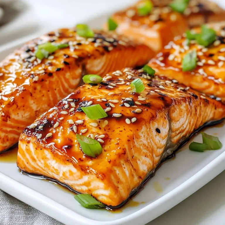 Für das Gericht benötigst du folgende Hauptzutaten: - 4 Lachsfilets - 3 Esslöffel Honig - 2 Esslöffel Sriracha-Sauce - 1 Esslöffel Sojasauce (niedriger Natriumgehalt) - 2 Knoblauchzehen, fein gehackt - 1 Teelöffel frisch geriebener Ingwer - 1 Esslöffel Olivenöl - Salz und Pfeffer nach Geschmack Diese Zutaten bilden die Basis für den leckeren Honig-Sriracha-Lachs. Der Lachs wird zart und saftig, während die Glasur süß und würzig ist. Die Gewürze und Marinaden verleihen dem Lachs seinen Geschmack. Verwende frischen Knoblauch und Ingwer für einen intensiven Geschmack. Die Kombination aus Honig und Sriracha sorgt für eine perfekte Balance zwischen Süße und Schärfe. Sojasauce gibt dem Gericht eine umami Note. Um dein Gericht zu vervollständigen, garnierst du den Lachs mit: - 2 Frühlingszwiebeln, in Scheiben geschnitten - Sesamsamen Diese Garnierungen bringen Farbe und Textur auf den Teller. Die Frühlingszwiebeln fügen Frische hinzu, während die Sesamsamen einen nussigen Crunch bieten. Achte darauf, die Garnierungen kurz vor dem Servieren hinzuzufügen, damit sie frisch bleiben. {{ingredient_image_2}} Um die Glasur zu machen, nimm eine kleine Schüssel. Mische dort 3 Esslöffel Honig, 2 Esslöffel Sriracha-Sauce und 1 Esslöffel Sojasauce. Füge 2 fein gehackte Knoblauchzehen und 1 Teelöffel frisch geriebenen Ingwer hinzu. Rühre alles gut um, bis die Mischung glatt ist. Diese Glasur ist süß und scharf. Sie gibt deinem Lachs einen tollen Geschmack. Heize deinen Ofen auf 200°C vor. Nimm ein Backblech und lege es mit Backpapier aus. Du kannst das Blech auch leicht mit Olivenöl einfetten. Lege die 4 Lachsfilets mit der Hautseite nach unten auf das Blech. Bestreiche jedes Filet großzügig mit der Honig-Sriracha-Glasur. Lass etwas von der Glasur für später übrig. Würze den Lachs mit Salz und Pfeffer, um den Geschmack zu verstärken. Backe die Lachsfilets im vorgeheizten Ofen für 12-15 Minuten. Der Lachs sollte leicht mit einer Gabel auseinanderfallen. Für ein karamellisiertes Finish schalte die Grillfunktion des Ofens für die letzten 2-3 Minuten ein. Achte darauf, dass der Lachs nicht anbrennt. Nimm den Lachs aus dem Ofen und bestreiche ihn mit der restlichen Glasur. Garniere ihn mit geschnittenen Frühlingszwiebeln und Sesamsamen vor dem Servieren. Um den besten Lachs zu machen, wähle frische Filets. Achte darauf, dass sie glänzend und fest sind. Die Haut sollte klar und ohne Verfärbungen sein. Du kannst die Filets auch leicht mit einem Küchentuch abtrocknen. So bleibt die Haut knusprig. Die ideale Temperatur zum Backen ist 200°C. Backe den Lachs 12-15 Minuten. Er ist fertig, wenn er leicht mit einer Gabel auseinanderfällt. Wenn du eine schönere Kruste willst, schalte die Grillfunktion für die letzten 2-3 Minuten ein. Achte darauf, dass der Lachs nicht anbrennt. Die Zeit kann je nach Dicke der Filets variieren. Präsentiere den Lachs auf einem schönen Teller. Lege ihn auf ein Bett aus Gemüse oder Reis. Das macht das Gericht bunter. Füge eine Limettenscheibe für einen frischen Farbklecks hinzu. Streue die geschnittenen Frühlingszwiebeln und Sesamsamen gleichmäßig darüber. So sieht das Gericht nicht nur gut aus, sondern schmeckt auch besser. Pro Tipps Frische Zutaten verwenden: Achte darauf, frischen Lachs und frische Kräuter zu verwenden, um den besten Geschmack zu erzielen. Marinieren für mehr Geschmack: Lass die Lachsfilets mindestens 30 Minuten in der Glasur marinieren, um den Geschmack zu intensivieren. Ofentemperatur genau überwachen: Jeder Ofen ist anders, überprüfe den Lachs regelmäßig, um sicherzustellen, dass er nicht übergart wird. Für mehr Crunch sorgen: Füge die Sesamsamen gleich zu Beginn des Backens hinzu, um eine knusprige Textur zu erhalten. {{image_4}} Du kannst den Honig-Sriracha-Lachs ganz einfach in ein vegetarisches Gericht verwandeln. Nutze Tofu oder Tempeh als Hauptzutat. Diese Optionen nehmen die Glasur gut auf. Schneide den Tofu in dicke Scheiben und mariniere ihn in der gleichen Honig-Sriracha-Mischung. Danach backst du ihn, bis er goldbraun ist. Das gibt dir einen leckeren, würzigen Biss ohne Fisch. Die Glasur ist wichtig, aber du kannst auch kreativ werden. Ersetze die Sriracha-Sauce durch andere scharfe Soßen, wie Chili- oder Sambal-Oelek. Du kannst auch eine süße Sojasauce verwenden, um den Geschmack zu verändern. Wenn du es milder magst, probiere eine Mischung aus Honig und Dijon-Senf. Jede Sauce bringt ihren eigenen Twist in das Gericht. Wenn du Honig-Sriracha-Lachs servierst, gibt es viele tolle Beilagen. Reis ist eine klassische Wahl und nimmt die Aromen gut auf. Du kannst auch gedämpftes Gemüse wie Brokkoli oder grüne Bohnen dazu reichen. Ein frischer Salat bringt Farbe und Crunch ins Spiel. Wenn du etwas Besonderes willst, serviere den Lachs auf einem Bett aus Quinoa. So hast du ein vollwertiges und gesundes Gericht. Ich empfehle, den Honig-Sriracha-Lachs frisch zu genießen. So schmecken die Aromen am besten. Der Lachs bleibt saftig und zart. Ein frisch gebackenes Filet hat die perfekte Textur. Verwende die restliche Glasur für zusätzlichen Geschmack. Falls du Reste hast, bewahre sie im Kühlschrank auf. Lege den Lachs in einen luftdichten Behälter. So bleibt er bis zu drei Tage frisch. Achte darauf, die Glasur separat aufzubewahren, um den Geschmack zu erhalten. Vor dem Servieren kannst du die Reste mit etwas Olivenöl beträufeln. Um den Lachs wieder aufzuwärmen, benutze den Ofen. Stelle ihn auf 160 Grad Celsius ein. Lege den Lachs auf ein Backblech. Decke ihn mit Aluminiumfolie ab, damit er nicht austrocknet. Erwärme den Lachs für etwa 10 Minuten. Du kannst auch die Mikrowelle nutzen. Stelle jedoch die Leistung auf niedrig. So bleibt der Lachs saftig und lecker. Du kannst den Lachs mit verschiedenen Gewürzen aufpeppen. Zum Beispiel passt Zitronenpfeffer gut dazu. Auch frische Kräuter, wie Dill oder Koriander, bringen tollen Geschmack. Für mehr Tiefe füge etwas Paprika oder Kreuzkümmel hinzu. Denke daran, die Gewürze sparsam zu verwenden, um die Glasur nicht zu überdecken. Ja, du kannst Honig durch Ahornsirup oder Agavendicksaft ersetzen. Diese Alternativen geben eine ähnliche Süße. Wenn du es weniger süß magst, kannst du auch braunen Zucker verwenden. Mische einfach die Sriracha-Sauce mit deinem Ersatz und probiere es aus! Ja, Sriracha hat eine gewisse Schärfe, aber sie ist nicht überwältigend. Wenn du es milder magst, verwende weniger Sriracha in der Glasur. Du kannst auch Joghurt oder saure Sahne als Dip anbieten, um die Schärfe zu mildern. Probiere die Mischung, um die perfekte Balance für deinen Geschmack zu finden. Der Honig-Sriracha-Lachs vereint leckere Zutaten und einfache Schritte. Du hast gelernt, wie du die Glasur machst, den Lachs vorbereitest und perfekt backst. Tipp: Achte auf Temperaturen und Garzeiten. Variiere mit Saucen oder vegetarischen Alternativen. Genieß das Gericht frisch oder bewahre es richtig auf. Das richtige Gewürz bringt zusätzlichen Geschmack. Du kannst Honig leicht ersetzen, wenn nötig. Die Sriracha sorgt für einen scharfen Kick. Diese Tipps helfen dir, das Beste aus deinem Gericht herauszuholen. Gute Küche ist kein Geheimnis, sondern macht Spaß!