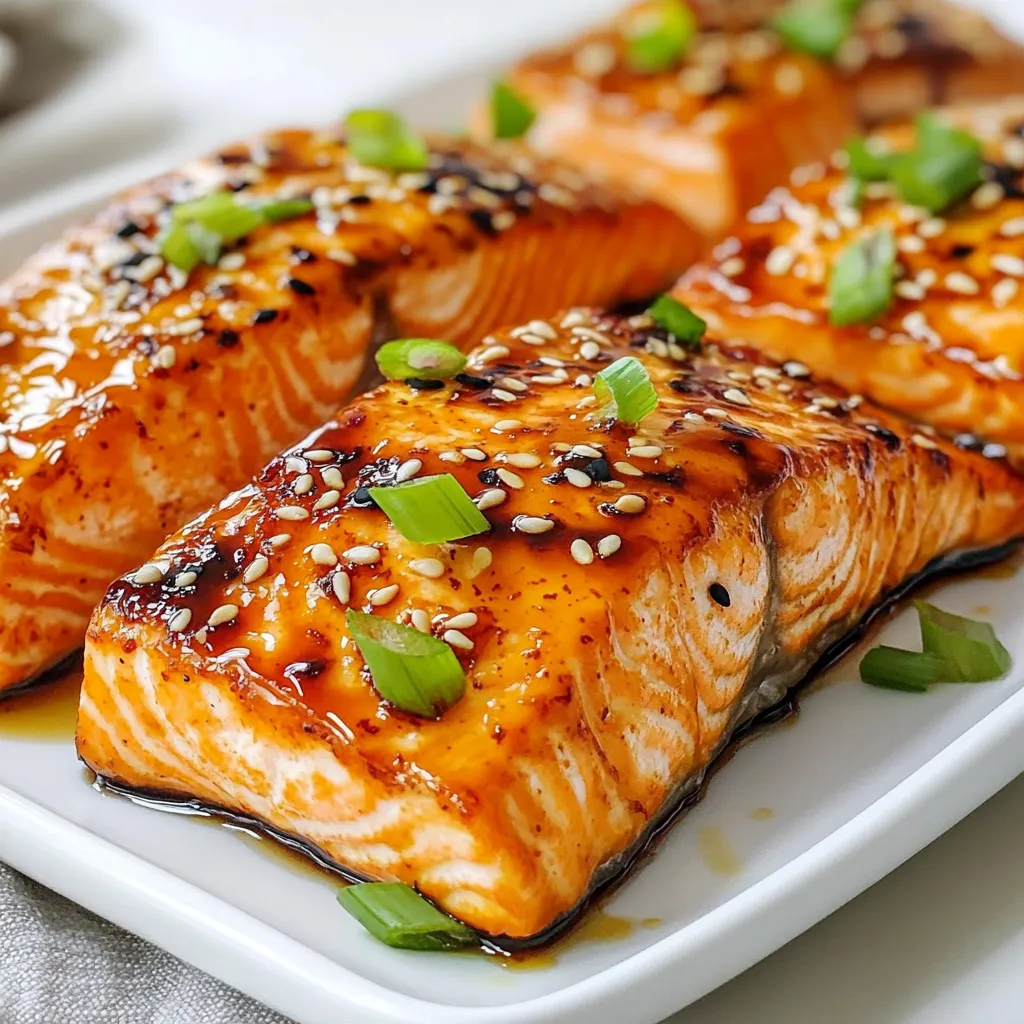 Für das Gericht benötigst du folgende Hauptzutaten: - 4 Lachsfilets - 3 Esslöffel Honig - 2 Esslöffel Sriracha-Sauce - 1 Esslöffel Sojasauce (niedriger Natriumgehalt) - 2 Knoblauchzehen, fein gehackt - 1 Teelöffel frisch geriebener Ingwer - 1 Esslöffel Olivenöl - Salz und Pfeffer nach Geschmack Diese Zutaten bilden die Basis für den leckeren Honig-Sriracha-Lachs. Der Lachs wird zart und saftig, während die Glasur süß und würzig ist. Die Gewürze und Marinaden verleihen dem Lachs seinen Geschmack. Verwende frischen Knoblauch und Ingwer für einen intensiven Geschmack. Die Kombination aus Honig und Sriracha sorgt für eine perfekte Balance zwischen Süße und Schärfe. Sojasauce gibt dem Gericht eine umami Note. Um dein Gericht zu vervollständigen, garnierst du den Lachs mit: - 2 Frühlingszwiebeln, in Scheiben geschnitten - Sesamsamen Diese Garnierungen bringen Farbe und Textur auf den Teller. Die Frühlingszwiebeln fügen Frische hinzu, während die Sesamsamen einen nussigen Crunch bieten. Achte darauf, die Garnierungen kurz vor dem Servieren hinzuzufügen, damit sie frisch bleiben. {{ingredient_image_2}} Um die Glasur zu machen, nimm eine kleine Schüssel. Mische dort 3 Esslöffel Honig, 2 Esslöffel Sriracha-Sauce und 1 Esslöffel Sojasauce. Füge 2 fein gehackte Knoblauchzehen und 1 Teelöffel frisch geriebenen Ingwer hinzu. Rühre alles gut um, bis die Mischung glatt ist. Diese Glasur ist süß und scharf. Sie gibt deinem Lachs einen tollen Geschmack. Heize deinen Ofen auf 200°C vor. Nimm ein Backblech und lege es mit Backpapier aus. Du kannst das Blech auch leicht mit Olivenöl einfetten. Lege die 4 Lachsfilets mit der Hautseite nach unten auf das Blech. Bestreiche jedes Filet großzügig mit der Honig-Sriracha-Glasur. Lass etwas von der Glasur für später übrig. Würze den Lachs mit Salz und Pfeffer, um den Geschmack zu verstärken. Backe die Lachsfilets im vorgeheizten Ofen für 12-15 Minuten. Der Lachs sollte leicht mit einer Gabel auseinanderfallen. Für ein karamellisiertes Finish schalte die Grillfunktion des Ofens für die letzten 2-3 Minuten ein. Achte darauf, dass der Lachs nicht anbrennt. Nimm den Lachs aus dem Ofen und bestreiche ihn mit der restlichen Glasur. Garniere ihn mit geschnittenen Frühlingszwiebeln und Sesamsamen vor dem Servieren. Um den besten Lachs zu machen, wähle frische Filets. Achte darauf, dass sie glänzend und fest sind. Die Haut sollte klar und ohne Verfärbungen sein. Du kannst die Filets auch leicht mit einem Küchentuch abtrocknen. So bleibt die Haut knusprig. Die ideale Temperatur zum Backen ist 200°C. Backe den Lachs 12-15 Minuten. Er ist fertig, wenn er leicht mit einer Gabel auseinanderfällt. Wenn du eine schönere Kruste willst, schalte die Grillfunktion für die letzten 2-3 Minuten ein. Achte darauf, dass der Lachs nicht anbrennt. Die Zeit kann je nach Dicke der Filets variieren. Präsentiere den Lachs auf einem schönen Teller. Lege ihn auf ein Bett aus Gemüse oder Reis. Das macht das Gericht bunter. Füge eine Limettenscheibe für einen frischen Farbklecks hinzu. Streue die geschnittenen Frühlingszwiebeln und Sesamsamen gleichmäßig darüber. So sieht das Gericht nicht nur gut aus, sondern schmeckt auch besser. Pro Tipps Frische Zutaten verwenden: Achte darauf, frischen Lachs und frische Kräuter zu verwenden, um den besten Geschmack zu erzielen. Marinieren für mehr Geschmack: Lass die Lachsfilets mindestens 30 Minuten in der Glasur marinieren, um den Geschmack zu intensivieren. Ofentemperatur genau überwachen: Jeder Ofen ist anders, überprüfe den Lachs regelmäßig, um sicherzustellen, dass er nicht übergart wird. Für mehr Crunch sorgen: Füge die Sesamsamen gleich zu Beginn des Backens hinzu, um eine knusprige Textur zu erhalten. {{image_4}} Du kannst den Honig-Sriracha-Lachs ganz einfach in ein vegetarisches Gericht verwandeln. Nutze Tofu oder Tempeh als Hauptzutat. Diese Optionen nehmen die Glasur gut auf. Schneide den Tofu in dicke Scheiben und mariniere ihn in der gleichen Honig-Sriracha-Mischung. Danach backst du ihn, bis er goldbraun ist. Das gibt dir einen leckeren, würzigen Biss ohne Fisch. Die Glasur ist wichtig, aber du kannst auch kreativ werden. Ersetze die Sriracha-Sauce durch andere scharfe Soßen, wie Chili- oder Sambal-Oelek. Du kannst auch eine süße Sojasauce verwenden, um den Geschmack zu verändern. Wenn du es milder magst, probiere eine Mischung aus Honig und Dijon-Senf. Jede Sauce bringt ihren eigenen Twist in das Gericht. Wenn du Honig-Sriracha-Lachs servierst, gibt es viele tolle Beilagen. Reis ist eine klassische Wahl und nimmt die Aromen gut auf. Du kannst auch gedämpftes Gemüse wie Brokkoli oder grüne Bohnen dazu reichen. Ein frischer Salat bringt Farbe und Crunch ins Spiel. Wenn du etwas Besonderes willst, serviere den Lachs auf einem Bett aus Quinoa. So hast du ein vollwertiges und gesundes Gericht. Ich empfehle, den Honig-Sriracha-Lachs frisch zu genießen. So schmecken die Aromen am besten. Der Lachs bleibt saftig und zart. Ein frisch gebackenes Filet hat die perfekte Textur. Verwende die restliche Glasur für zusätzlichen Geschmack. Falls du Reste hast, bewahre sie im Kühlschrank auf. Lege den Lachs in einen luftdichten Behälter. So bleibt er bis zu drei Tage frisch. Achte darauf, die Glasur separat aufzubewahren, um den Geschmack zu erhalten. Vor dem Servieren kannst du die Reste mit etwas Olivenöl beträufeln. Um den Lachs wieder aufzuwärmen, benutze den Ofen. Stelle ihn auf 160 Grad Celsius ein. Lege den Lachs auf ein Backblech. Decke ihn mit Aluminiumfolie ab, damit er nicht austrocknet. Erwärme den Lachs für etwa 10 Minuten. Du kannst auch die Mikrowelle nutzen. Stelle jedoch die Leistung auf niedrig. So bleibt der Lachs saftig und lecker. Du kannst den Lachs mit verschiedenen Gewürzen aufpeppen. Zum Beispiel passt Zitronenpfeffer gut dazu. Auch frische Kräuter, wie Dill oder Koriander, bringen tollen Geschmack. Für mehr Tiefe füge etwas Paprika oder Kreuzkümmel hinzu. Denke daran, die Gewürze sparsam zu verwenden, um die Glasur nicht zu überdecken. Ja, du kannst Honig durch Ahornsirup oder Agavendicksaft ersetzen. Diese Alternativen geben eine ähnliche Süße. Wenn du es weniger süß magst, kannst du auch braunen Zucker verwenden. Mische einfach die Sriracha-Sauce mit deinem Ersatz und probiere es aus! Ja, Sriracha hat eine gewisse Schärfe, aber sie ist nicht überwältigend. Wenn du es milder magst, verwende weniger Sriracha in der Glasur. Du kannst auch Joghurt oder saure Sahne als Dip anbieten, um die Schärfe zu mildern. Probiere die Mischung, um die perfekte Balance für deinen Geschmack zu finden. Der Honig-Sriracha-Lachs vereint leckere Zutaten und einfache Schritte. Du hast gelernt, wie du die Glasur machst, den Lachs vorbereitest und perfekt backst. Tipp: Achte auf Temperaturen und Garzeiten. Variiere mit Saucen oder vegetarischen Alternativen. Genieß das Gericht frisch oder bewahre es richtig auf. Das richtige Gewürz bringt zusätzlichen Geschmack. Du kannst Honig leicht ersetzen, wenn nötig. Die Sriracha sorgt für einen scharfen Kick. Diese Tipps helfen dir, das Beste aus deinem Gericht herauszuholen. Gute Küche ist kein Geheimnis, sondern macht Spaß!