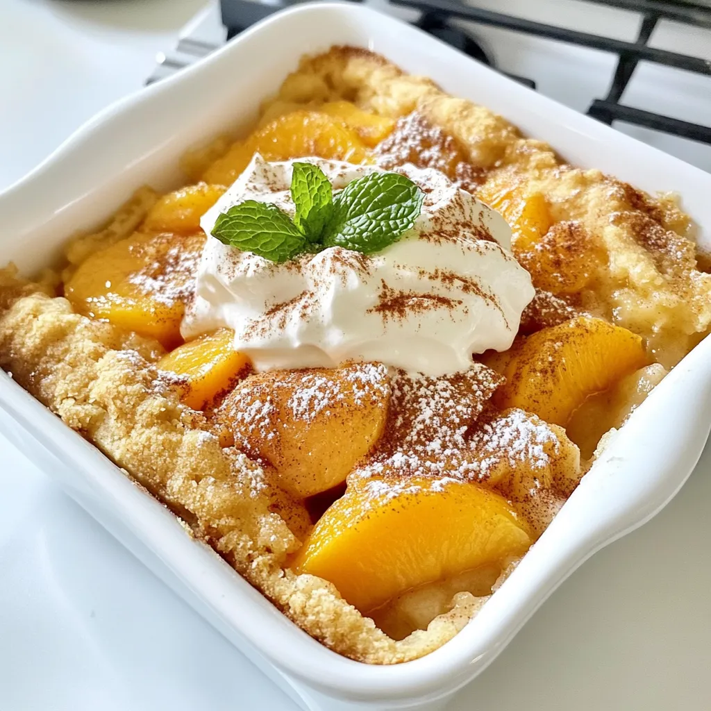 - 4 große reife Pfirsiche, in Scheiben geschnitten - 120 g Kristallzucker - 1 Esslöffel Zitronensaft - 1 Teelöffel Vanilleextrakt - 125 g Weizenmehl - 1 Esslöffel Backpulver - 1/4 Teelöffel Salz - 120 ml Vollmilch - 60 g ungesalzene Butter, geschmolzen - 1 Teelöffel gemahlener Zimt - 240 ml Schlagsahne - 1 Esslöffel Puderzucker - Frische Minzblätter zur Garnierung (optional) Um das Pfirsich und Sahnegitter zu machen, brauchen Sie einige wichtige Utensilien. Diese Dinge sind einfach zu finden und machen das Backen leicht. - Eine Backform (idealerweise 23x23 cm) - Eine Rührschüssel - Ein elektrischer Mixer - Ein Löffel zum Mischen - Ein Messer zum Schneiden der Pfirsiche - Ein Schneidebrett Die Wahl der richtigen Pfirsiche ist wichtig. Sie sollten reif und saftig sein. Hier sind einige Tipps, um die besten Pfirsiche zu finden: - Farbe: Suchen Sie nach Pfirsichen mit einer tiefen, goldenen Farbe. - Festigkeit: Drücken Sie leicht auf die Pfirsiche. Sie sollten leicht nachgeben, aber nicht matschig sein. - Geruch: Reife Pfirsiche haben einen süßen, fruchtigen Duft. - Haut: Achten Sie auf die Haut. Sie sollte glatt und frei von Flecken sein. Diese Tipps helfen Ihnen, die besten Pfirsiche für Ihr Cobbler auszuwählen. {{ingredient_image_2}} Heize deinen Ofen auf 175°C vor. Nimm eine Backform von etwa 23x23 cm. Fette die Form mit etwas Butter oder Backtrennspray ein. So bleibt das Cobbler nicht kleben und lässt sich leicht herausnehmen. Schneide vier große Pfirsiche in Scheiben. Gib die Pfirsiche in eine große Schüssel. Füge 120 g Kristallzucker, 1 Esslöffel Zitronensaft und 1 Teelöffel Vanilleextrakt hinzu. Mische alles sanft. Lass die Mischung beiseite, damit die Säfte sich entfalten können. Nimm eine andere Schüssel und vermenge 125 g Weizenmehl, 1 Esslöffel Backpulver, 1/4 Teelöffel Salz und 1 Teelöffel gemahlenen Zimt. Füge 120 ml Vollmilch und 60 g geschmolzene Butter hinzu. Rühre, bis alles gerade so vermischt ist. Der Teig sollte leicht klumpig bleiben. Gieße den Teig in die vorbereitete Backform. Verteile ihn gleichmäßig. Jetzt löffelst du die Pfirsichmischung über den Teig. Achte darauf, dass die Pfirsiche gut verteilt sind. Backe das Cobbler für 35 bis 40 Minuten. Die Oberfläche sollte goldbraun sein. Ein Zahnstocher sollte sauber herauskommen. Bereite in der Zwischenzeit die Schlagsahne vor. Schlage 240 ml Schlagsahne und 1 Esslöffel Puderzucker mit einem elektrischen Mixer, bis sich weiche Spitzen bilden. Lass das Cobbler nach dem Backen etwa 10 Minuten abkühlen. Serviere es warm mit einem Klecks Schlagsahne obendrauf. Um Fehler beim Backen zu vermeiden, achte auf die Zutaten. Stelle sicher, dass die Pfirsiche reif sind. Sie sollten süß und saftig sein. Wenn du gefrorene Pfirsiche verwendest, lasse sie zuerst auftauen. Mische die Zutaten sanft, um die Luft im Teig zu halten. Zu viel Rühren kann den Teig hart machen. Überprüfe die Backzeit genau, damit das Cobbler nicht verbrennt. Wenn der Rand zu schnell bräunt, decke es mit Alufolie ab. Für die perfekte Schlagsahne benutze kalte Schlagsahne. Stelle sicher, dass deine Schüssel ebenfalls kalt ist. Füge Puderzucker hinzu, um die Süße zu regulieren. Schlage die Sahne bei mittlerer Geschwindigkeit, bis sich weiche Spitzen bilden. Überprüfe oft, um ein Übermixen zu verhindern. Wenn die Sahne zu fest wird, kannst du sie nicht mehr weiterverarbeiten. Die fertige Sahne sollte locker und leicht sein. Serviere das Cobbler in schönen Schalen. Ein großzügiger Klecks Schlagsahne macht es besonders. Du kannst auch frische Minzblätter für Farbe hinzufügen. Ein Hauch von Zimt oben drauf gibt einen tollen Akzent. Für eine besondere Note, serviere das Cobbler mit Vanilleeis. Das warme Cobbler und die kalte Sahne passen perfekt zusammen. Experimentiere mit verschiedenen Schalen für eine ansprechende Präsentation. Pro Tipps Wähle reife Pfirsiche: Verwende unbedingt frische, reife Pfirsiche für den besten Geschmack und die optimale Süße. Teig nicht übermixen: Achte darauf, den Teig nur so lange zu rühren, bis die Zutaten gerade vermischt sind. Ein leicht klumpiger Teig sorgt für eine bessere Textur. Für extra Aroma: Experimentiere mit zusätzlichen Gewürzen wie Muskatnuss oder einem Schuss Bourbon in der Pfirsichmischung für ein intensiveres Aroma. Serviertipp: Serviere das Cobbler warm mit einer großzügigen Portion Schlagsahne und dekoriere es mit frischen Minzblättern für einen frischen Touch. {{image_4}} Für eine vegetarische Version nutzen Sie einfach alle Zutaten aus dem Rezept. Um das Cobbler glutenfrei zu machen, ersetzen Sie Weizenmehl durch glutenfreies Mehl. Viele Marken bieten eine Mischung an, die gut funktioniert. Achten Sie darauf, dass auch Ihre Backpulver glutenfrei ist. So bleibt der Geschmack unverändert, und alle können genießen. Pfirsiche sind köstlich, aber Sie können auch andere Früchte verwenden. Probieren Sie Äpfel, Beeren oder Kirschen! Jeder dieser Früchte bringt einen eigenen Geschmack mit. Mischen Sie Früchte für mehr Abwechslung. Kombinieren Sie Pfirsiche mit Himbeeren für einen fruchtigen Kick. Der Saft der Früchte macht das Cobbler noch saftiger und leckerer. Schlagsahne ist klassisch, aber es gibt viele andere Toppings. Versuchen Sie Vanilleeis oder griechischen Joghurt. Diese Optionen bringen eine cremige Textur. Für einen knusprigen Touch können Sie Nüsse oder Haferflocken darüber streuen. Ein Spritzer Honig oder ein Hauch von Zimt kann ebenfalls eine leckere Note hinzufügen. Experimentieren Sie mit verschiedenen Toppings für Ihr perfektes Cobbler! Wenn du noch Cobbler übrig hast, lass ihn zuerst abkühlen. Danach kannst du ihn in einen luftdichten Behälter legen. Die Reste bleiben frisch, wenn du sie im Kühlschrank aufbewahrst. So bleibt der Geschmack und die Textur erhalten. Stelle sicher, dass der Behälter gut verschlossen ist. Um das Cobbler wieder aufzuwärmen, heize den Ofen auf 175°C vor. Lege das Cobbler in eine ofenfeste Form. Du kannst es leicht mit Alufolie abdecken, um ein Austrocknen zu verhindern. Erwärme es für etwa 15 bis 20 Minuten. So bleibt es warm und lecker. Wenn du es lieber in der Mikrowelle machst, erhitze es in Intervallen von 30 Sekunden. Achte darauf, dass du es nicht überhitzt. Im Kühlschrank hält sich das Cobbler etwa 3 bis 4 Tage. Wenn du es länger aufbewahren möchtest, friere es ein. Im Gefrierfach bleibt es bis zu 3 Monate frisch. Achte darauf, das Cobbler gut einzupacken. Verwende Frischhaltefolie oder einen gefriergeeigneten Behälter. So verhinderst du, dass es Gefrierbrand bekommt. Die Zubereitung des Pfirsich und Sahnegitters dauert etwa 15 Minuten. Danach backt es 35 bis 40 Minuten im Ofen. Insgesamt benötigen Sie also etwa 55 Minuten, bis das Cobbler fertig ist. Diese schnelle Zeit macht es zu einem tollen Dessert für jede Gelegenheit. Ja, Sie können frische oder gefrorene Pfirsiche verwenden. Wenn Sie gefrorene Pfirsiche nutzen, tauen Sie sie vorher auf. Frische Pfirsiche geben einen saftigen Geschmack, während gefrorene Pfirsiche oft süßer sind. Beide Optionen bringen den tollen Pfirsichgeschmack in Ihr Cobbler. Die besten Beilagen sind Schlagsahne und Vanilleeis. Die kühle Sahne passt gut zu warmem Cobbler. Auch frische Minzblätter sind eine schöne Garnierung. Ein Hauch Zimt kann auch für zusätzlichen Geschmack sorgen. Experimentieren Sie mit verschiedenen Toppings, um Ihr perfektes Dessert zu finden. Du hast nun die wichtigsten Schritte für Pfirsich und Sahnegitter gelernt. Angefangen bei den Zutaten, hin zu Tipps und Varianten, hast du alles, was du brauchst. Denke daran, frische Pfirsiche auszuwählen und beim Backen genau zu arbeiten. Das macht den Unterschied. Viel Spaß beim Ausprobieren deiner eigenen Version! Experimentiere und finde heraus, was dir am besten schmeckt.