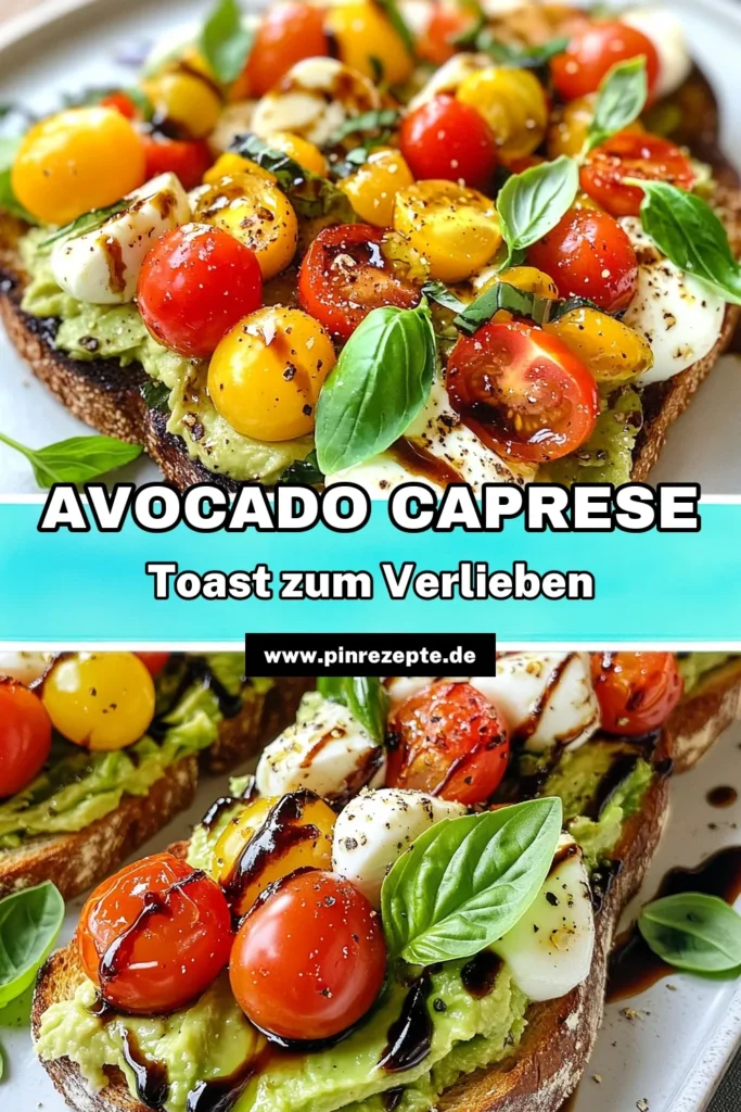 Entdecke das köstliche Rezept für Avocado Caprese Toast – der perfekte gesunde Snack! Genieße die Kombination aus Kirschtomaten, frischem Mozzarella und cremiger Avocado auf knusprigem Sauerteigbrot. Verfeinert mit Balsamico-Glasur wird dieser Toast zum Highlight deines Frühstücks oder Snacks. Probiere das einfache Kirschtomaten Rezept aus und teile es mit Freunden! Lass dich inspirieren und speichere dieses Rezept jetzt! #AvocadoCapreseToast #GesunderSnack #BalsamicoGlasur #SauerteigbrotRezept