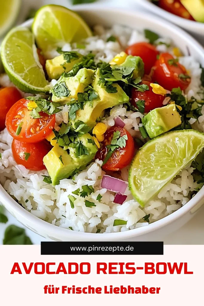 Entdecke das köstliche Rezept für eine Avocado Lime Reis-Bowl! Diese gesunde Reis-Bowl kombiniert Jasminreis mit frischer Avocado, Limette und Koriander für ein aufregendes Geschmackserlebnis. Ideal für alle, die einfache Avocado Rezepte und vegetarische Bowl Rezepte lieben. Perfekt für eine schnelle Mahlzeit! Probiere es aus und teile deine Ergebnisse. #AvocadoLimeReisBowl #gesundeReisBowlRezepte #einfacheAvocadoRezepte #vegetarischeBowlRezepte