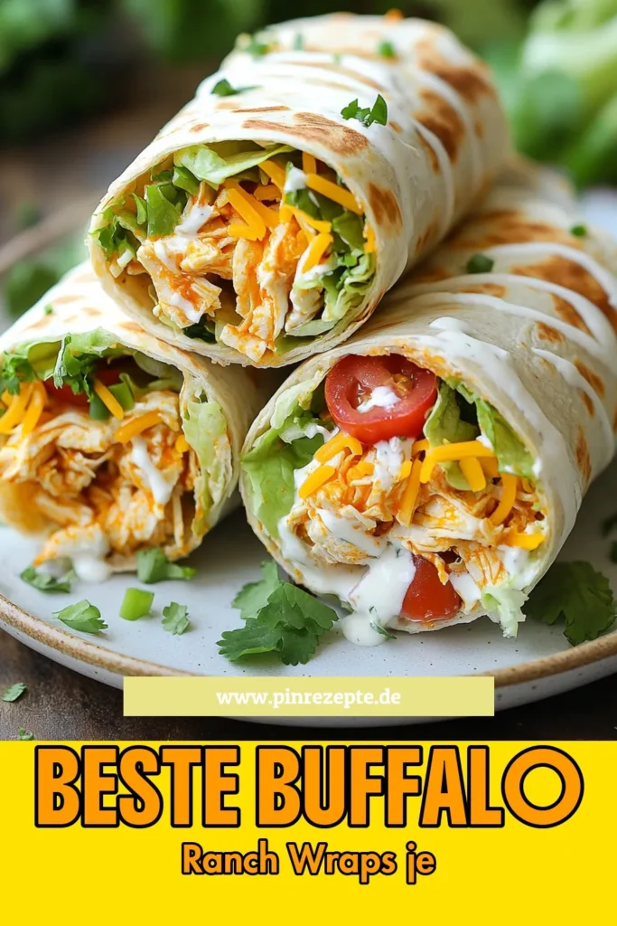 Entdecke das einfache und leckere Rezept für Buffalo Ranch Hühnchen Wraps! Diese würzigen Tortilla Wraps mit köstlichem Buffalo-Sauce Hühnchen und cremigem Ranch-Dressing sind perfekt für ein schnelles Mittagessen oder als Snack. Du wirst die gesunden Wraps mit Ranch-Dressing lieben, die in nur 25 Minuten zubereitet sind! Probiere es unbedingt aus und teile deine Kreationen! #BuffaloRanch #HühnchenWraps #schnelleRezepte #GesundeEssen
