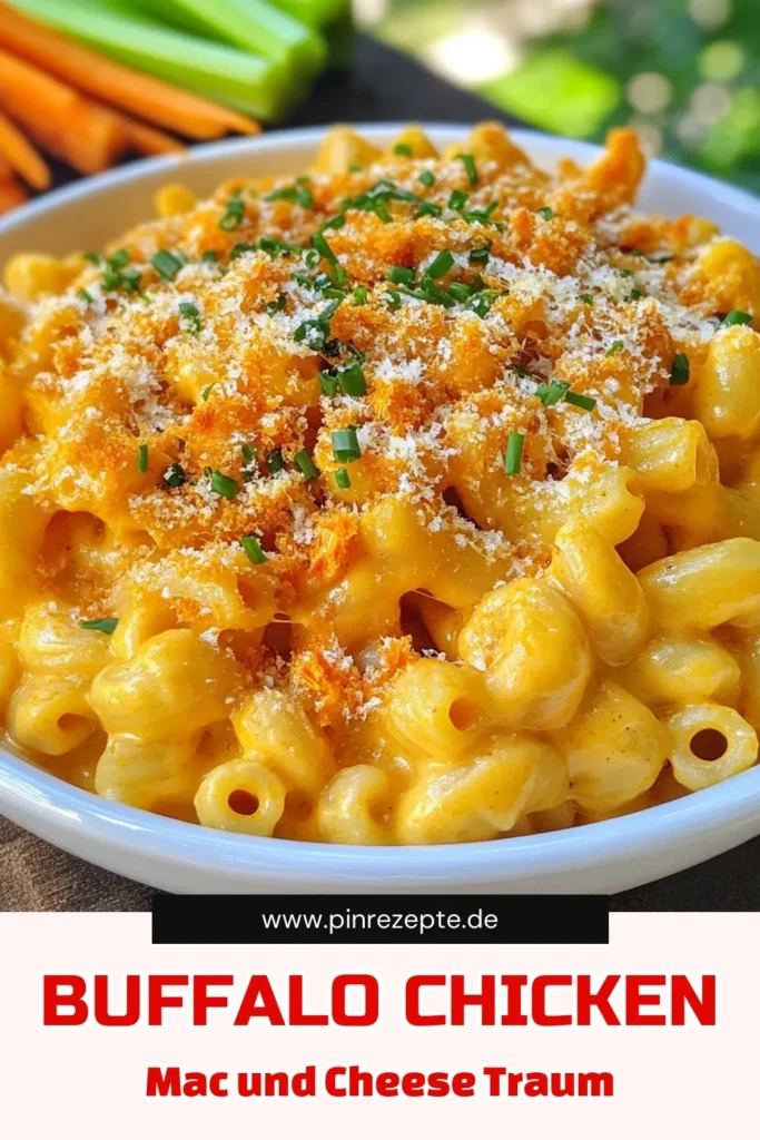 Entdecken Sie unser köstliches Rezept für Buffalo Chicken Mac and Cheese! Diese Makkaroni mit Hähnchen und einer cremigen Käsesoße sind perfekt für scharfe Macaroni-Liebhaber. Verwöhnen Sie Ihren Gaumen mit der würzigen Buffalo Sauce Pasta, die einfach zuzubereiten ist und jeden begeistert. Probieren Sie es aus und bringen Sie Schwung in Ihr Abendessen! Speichern Sie das Rezept für später! #BuffaloChickenMacandCheese #MakkaroniMitHähnchen #KäsesoßeRezept #BuffaloSaucePasta