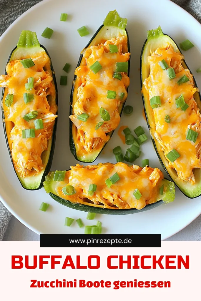 Entdecken Sie diese köstlichen Buffalo Chicken Zucchini-Boote! Diese gefüllten Zucchini-Rezepte sind perfekt für eine gesunde Mahlzeit. Unser einfaches Rezept mit Buffalo-Hühnchen, Frischkäse und Cheddar bietet Ihnen eine tolle Kombination aus Geschmack und Nährstoffen. Ideal für gesunde Hühnchenrezepte und eine großartige Zucchinispeise, die jeder liebt. Probieren Sie es aus und teilen Sie Ihre Kreationen! #BuffaloHühnchen #ZucchiniRezepte #EinfacheRezepte #GesundeKüche