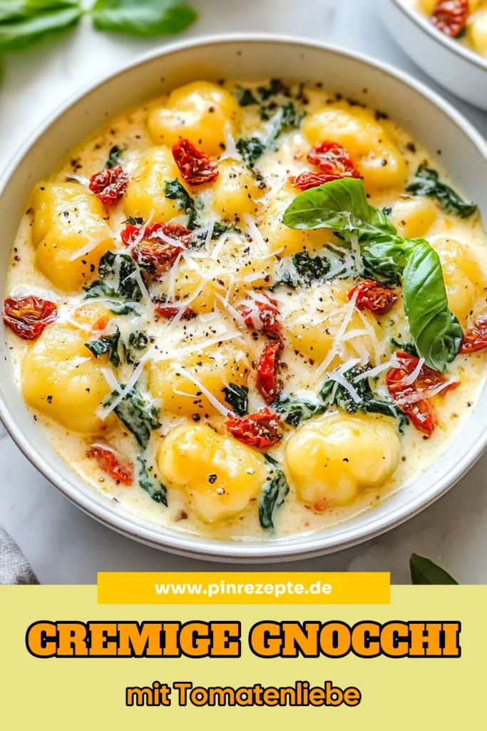 Entdecke dieses cremige Gnocchi Rezept mit getrockneten Tomaten! Perfekt als schnelles Pasta Rezept, vereint es Gnocchi mit Spinat und aromatischen Zutaten zu einem köstlichen, vegetarischen Gnocchi Gericht. In nur 25 Minuten zauberst du dieses herzliche Gericht, das deine Familie lieben wird. Probiere es aus und verwandle dein Abendessen! Speichere für später! #GnocchiMitGetrocknetenTomaten #SchnellesPastaRezept #CremigeGnocchiRezept #VegetarischeGnocchi