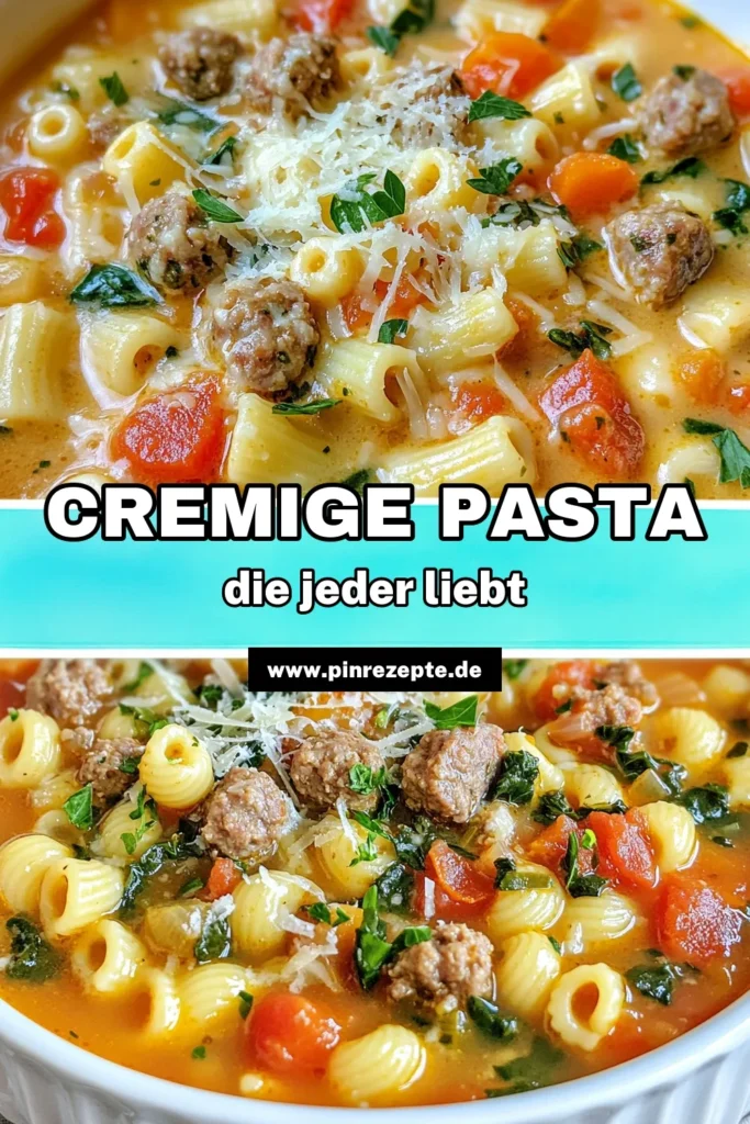 Entdecken Sie das Rezept für die cremige Parmesan-Wurst-Pasta-Suppe, ein echtes soulfood! Diese italienische Wurst Suppe vereint leckere Aromen und frisches Gemüse in einem einfachen Pasta Suppe Rezept. Genießen Sie die Parmesan Suppe mit Gemüse, perfekt für jedes Wetter. Kochen Sie mit uns und bringen Sie italienische Küche auf Ihren Tisch! Speichern Sie dieses Rezept für einen herzhaften Genuss. #PastaSuppe #CremigeSuppe #Soulfood #ItalienischeKüche