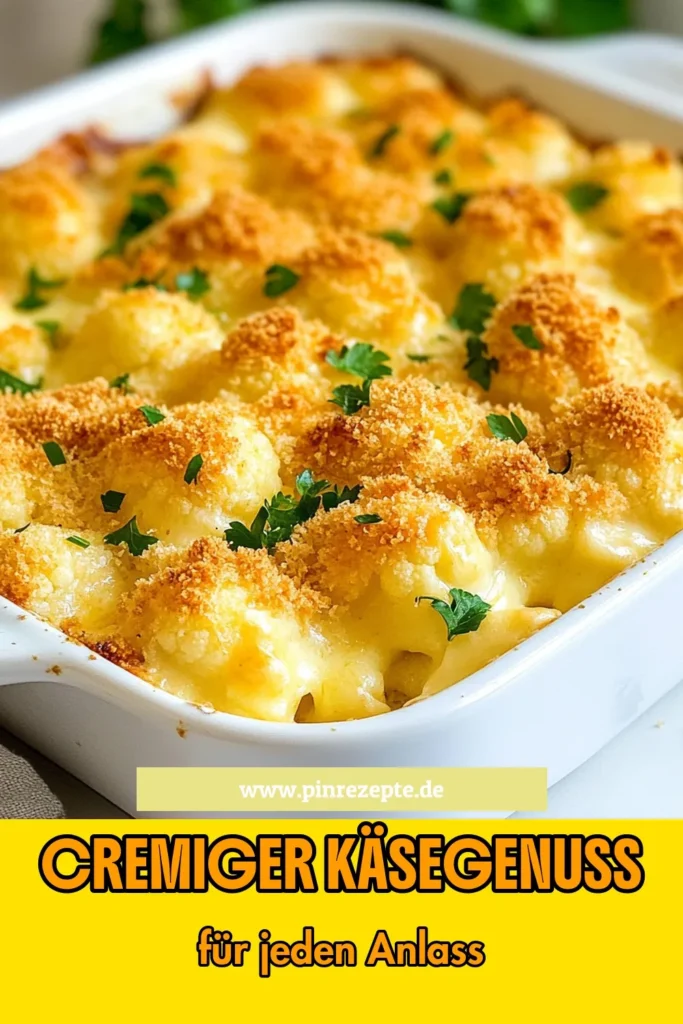 Entdecke diesen köstlichen Käse Blumenkohl Auflauf, der perfekt für Vegetarier ist! Unser cremiger Blumenkohl Auflauf Rezept vereint zarten Blumenkohl mit einer köstlichen Käsesoße aus Cheddar, Gruyère und Parmesan. Diese einfache, aber beeindruckende Mahlzeit ist ideal für jedes Abendessen. Probiere unser Käse Auflauf mit Blumenkohl und lass dich von den Aromen überraschen. Speichere dieses Rezept für dein nächstes Kochen! #KäseBlumenkohlAuflauf #BlumenkohlAuflaufRezept #vegetarischesAuflaufRezept #cremigerBlumenkohlAuflauf