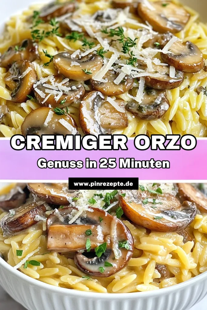 Entdecken Sie unser cremiges Parmesan-Mushroom-Orzo, das perfekte Orzo Rezept Süßkartoffel für jeden Anlass! Diese einfachen Pasta Rezepte kombinieren zarte Pilze und cremige Texturen zu einem herzhaften Parmesan Orzo Gericht, das jeder lieben wird. In nur 25 Minuten zubereitet, ist es ideal für ein schnelles Abendessen. Lassen Sie sich von diesem köstlichen Rezept inspirieren und speichern Sie es für später! #PastaLiebhaber #Rezepte #Essen #Kochen