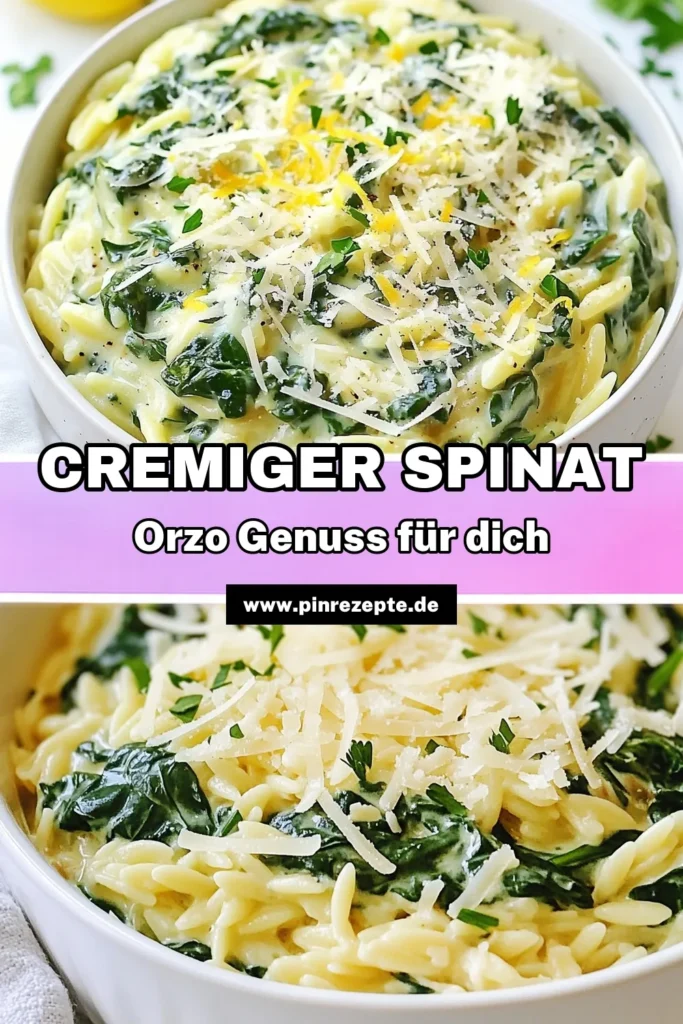 Entdecke dieses köstliche cremige Spinat-Orzo, das schnell und einfach zubereitet werden kann! Unser Orzo-Pasta Rezept kombiniert frischen Spinat und Käse zu einem unwiderstehlichen Spinat und Käse Gericht. Ideal für alle, die schnelle vegetarische Rezepte und einfache Pasta Rezepte lieben. Probiere es aus und lass dich von dem Geschmack überzeugen! Speichere dieses Rezept für deinen nächsten Pasta-Abend! #CremigerSpinatOrzo #OrzoPastaRezept #SchnelleVegetarischeRezepte #EinfachePastaRezepte