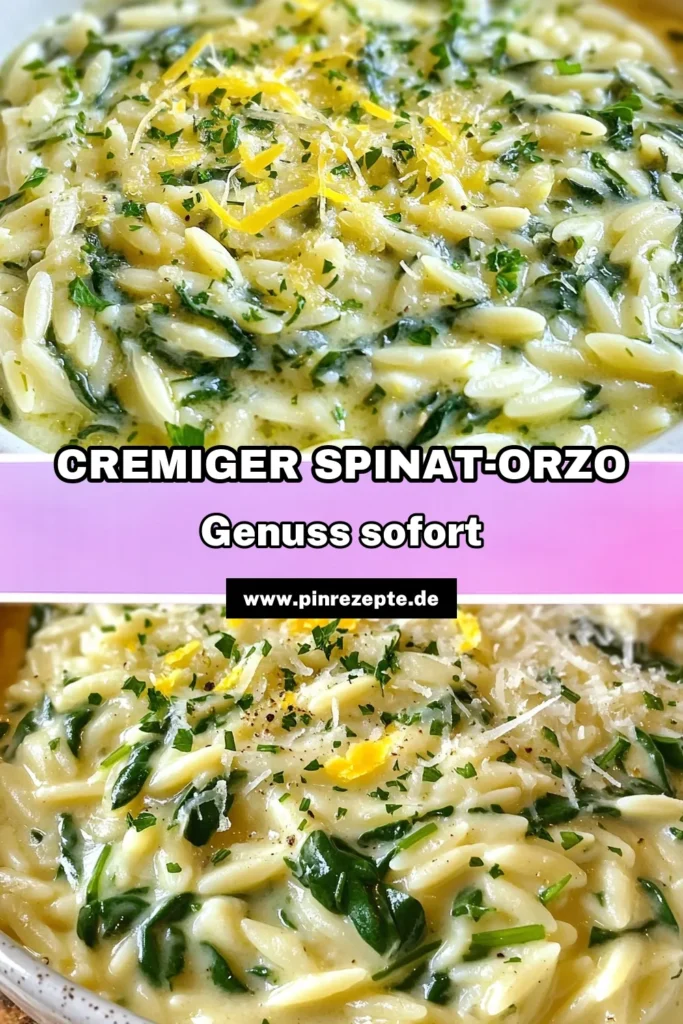 Entdecke dieses cremige Knoblauch-Spinat-Orzo, das einfach köstlich ist! Dieses Orzo-Rezept mit Spinat ist perfekt für ein schnelles Abendessen und vereint die Aromen mediterraner Orzo-Gerichte. In nur 20 Minuten bereit, verwöhne dich mit diesen einfachen Pastarezepte mit Spinat. Probiere unser Rezept für Orzo-Nudeln mit Sahnesauce aus und teile deine Kreationen! #OrzoRezept #MediterraneGerichte #EinfachKochen #PastaLiebe