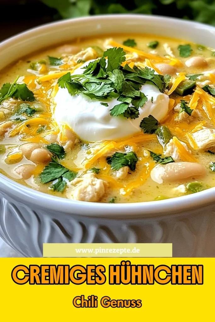 Entdecke unser cremiges Hühnchen-Chili, ein einfaches und schnelles Chili Rezept, das die ganze Familie lieben wird! Dieses weiße Bohnen Chili Rezept verbindet zartes Hühnchen mit würzigen Aromen und geschmolzenem Käse. Perfekt für eine gemütliche Nacht! Bereite dir dieses köstliche Hühner-Chili mit Käse zu und genieße ein würziges Hühnchen Gericht. Klicke und speichere es jetzt! #HühnchenChili #ChiliRezepte #schnelleKüche #leckeresEssen