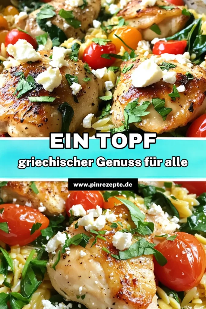 Entdecke unser köstliches Ein-Topf Griechisches Orzo mit Hühnchen! Dieses einfache Hühnchen Orzo Rezept ist das perfekte Griechisches Gericht schnell zubereitet und ideal für die ganze Familie. Mit saftigen Hähnchenstücken, frischen Kirschtomaten und Feta macht Orzo mit Hähnchen jede Mahlzeit zu einem Highlight. Probiere es noch heute aus und bringe griechischen Flair in deine Küche! #EinTopfGriechischesOrzo #HühnchenOrzoRezept #EinfacheFamilienrezepte #OrzomitHähnchen