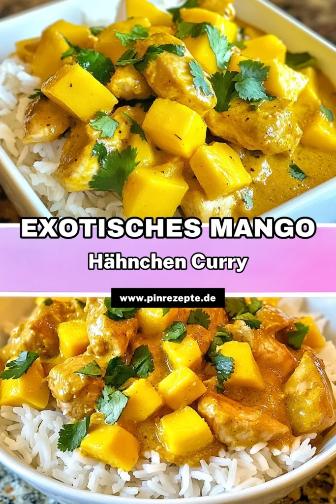 Entdecken Sie das köstliche Mango Hähnchen Curry, ein schnelles Hähnchen Curry, das mit cremiger Kokosmilch und aromatischem Currypulver verfeinert wird. Dieses exotische Hähnchenrezept kombiniert zarte Hähnchenstücke mit süßer Mango für ein Geschmackserlebnis, das alle begeistert. Perfekt für schnelle Abendessen! Probieren Sie es aus und speichern Sie dieses Rezept für Ihren nächsten Spaß in der Küche! #MangoHähnchenCurry #KokosmilchCurry #CurrypulverRezepte #exotischeHähnchenrezepte