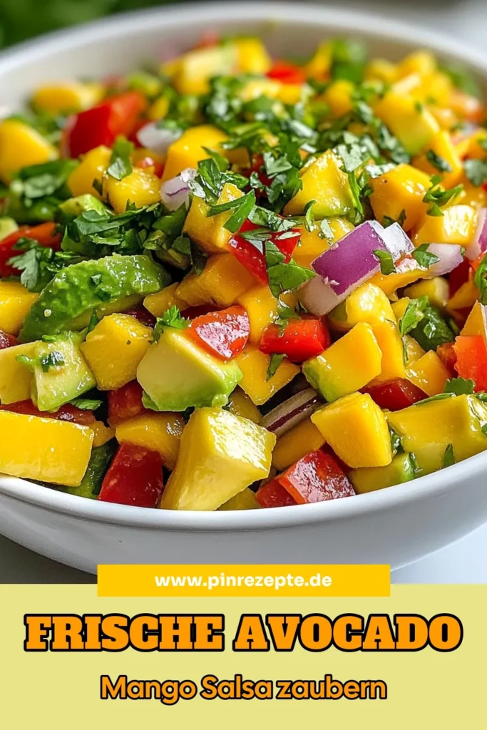 Entdecke unser köstliches Avocado Mango Salsa Rezept, eine frische Salsa mit Avocado und gesunder Mango, die jeder liebt. Diese einfache Salsa Rezept ist perfekt für Partys oder als Dip zu Tortilla-Chips! Mit frischem Koriander und Limettensaft bekommt die Koriander Limetten Salsa einen einzigartigen Geschmack. Probiere es jetzt aus und bring Frische auf deinen Tisch! Teile und speichere dieses Rezept! #AvocadoMangoSalsa #GesundeSalsa #EinfacheRezepte #FrischeSalsa
