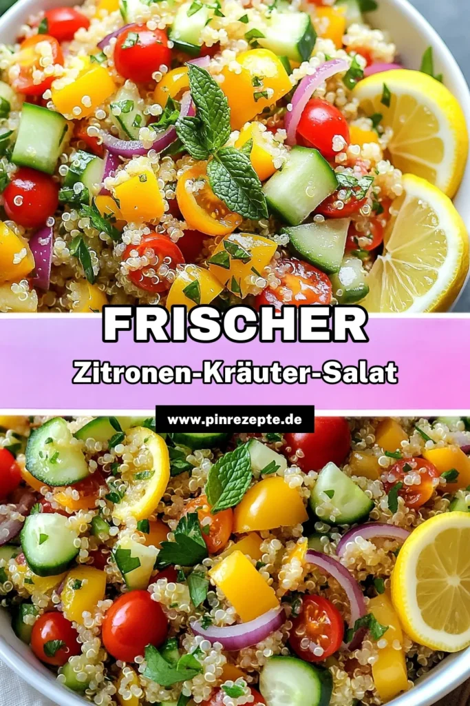 Entdecke unseren erfrischenden Zitronen-Kräuter-Quinoa-Salat! Dieser gesunde Quinoa-Salat ist perfekt für alle, die nach einfachen veganen Salatrezepte suchen. Mit frischem Gemüse, Kirschtomaten und Kräutern ist dieser Salat nicht nur lecker, sondern auch nahrhaft. Ideal als Beilage oder leichtes Hauptgericht. Probiere es aus und teile dieses Rezept! #ZitronenKräuterQuinoaSalat #GesunderQuinoaSalat #EinfacheSalateMitQuinoa #FrischeSalateMitGemüse