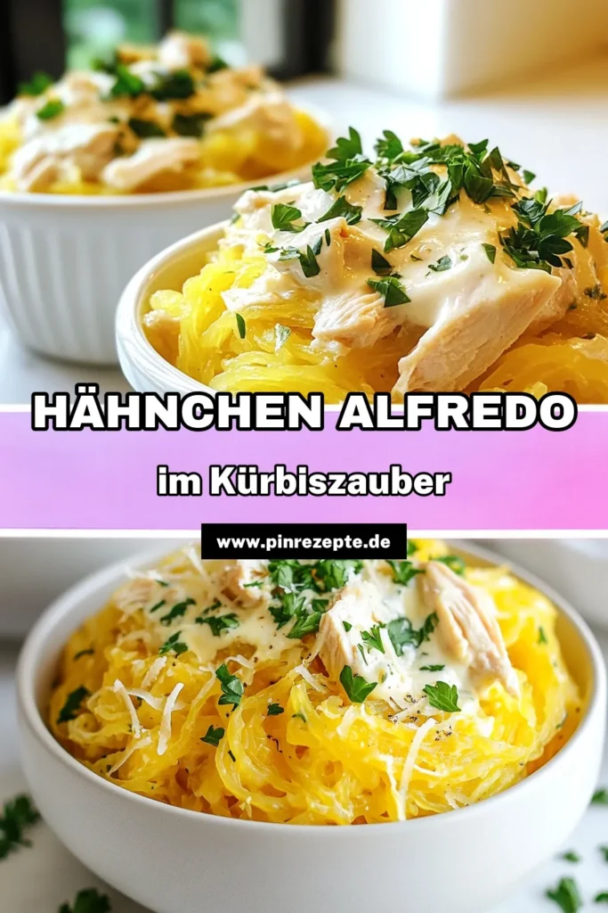 Entdecken Sie dieses köstliche Hähnchen Alfredo Rezept mit Spaghetti-Kürbis! Es ist nicht nur eine der besten gesunden Pasta Alternativen, sondern auch ein glutenfreies Dinner Rezept, das Ihre Familie lieben wird. Mit einer cremigen Alfredo Sauce Rezept und zartem Hühnchen wird dieses Spaghetti-Kürbis Gericht zum neuen Favoriten. Probieren Sie es aus und speichern Sie das Rezept für später! #HähnchenAlfredo #SpaghettiKürbis #GesundePasta #GlutenfreiesDinner