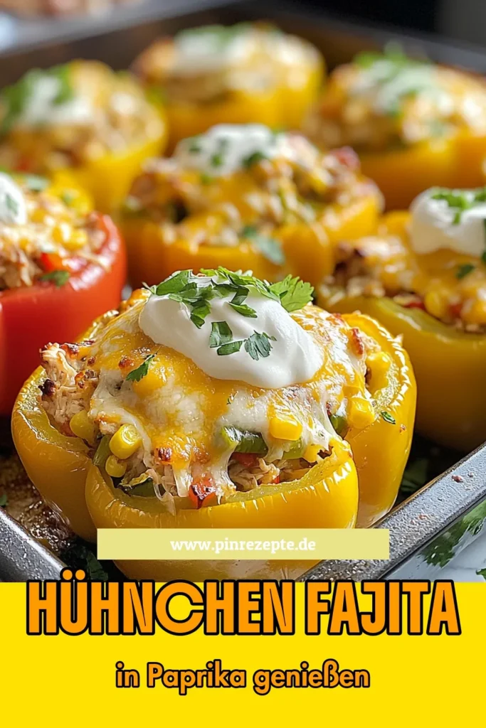 Entdecke das köstliche Rezept für Hühnchen-Fajita gefüllte Paprika, perfekt für eine gesunde Paprika Mahlzeit! Diese gefüllte Paprika Rezept vereint zartes Hühnchen, frisches Gemüse und schmelzenden Käse in einer bunten Paprika. Ideal für Liebhaber der mexikanischen Küche. Probiere es jetzt aus und bring Abwechslung auf deinen Tisch! Teile deine Ergebnisse und speichere dieses Rezept! #HühnchenFajita #gefülltePaprika #mexikanischeKüche #gesundeRezepte