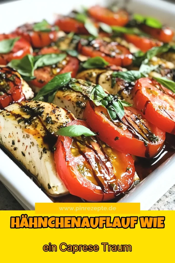 Entdecken Sie das köstliche Rezept für Caprese Hähnchenauflauf, das gesunde Hähnchenrezepte neu definiert! Dieses einfache Backrezept für Hähnchen vereint zarte Hähnchenbrustfilets, cremigen Mozzarella und frische Tomaten. Ideal für italienische Auflaufgerichte, die schnell zubereitet sind. Probieren Sie es aus und genießen Sie ein schmackhaftes Abendessen mit Ihrem Lieben! Speichern Sie dieses Rezept für später! #CapreseAuflauf #HähnchenmitMozzarella #gesundesHähnchenrezept #einfachesBackrezept