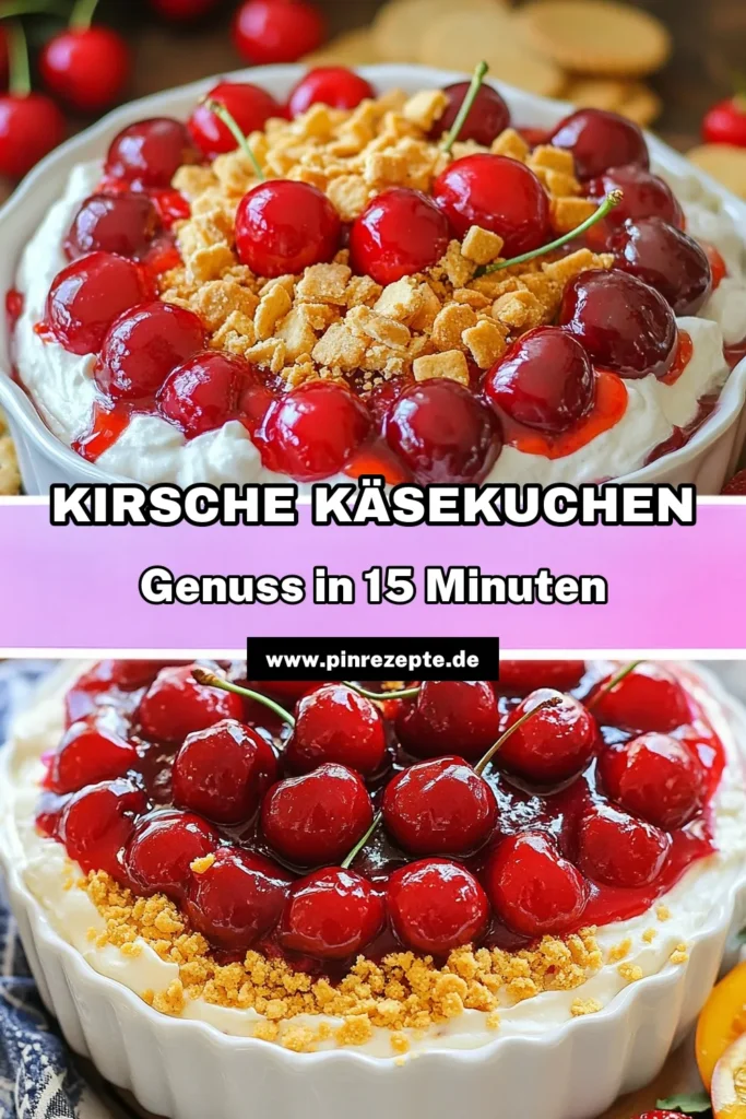 Entdecken Sie unseren köstlichen Kirsche Käsekuchen Dip – das perfekte Frischkäse Dessert Rezept für jede Gelegenheit! Dieses einfache Käse-Dip Rezept ist nicht nur fruchtig und cremig, sondern auch ein toller Kühlschrank Dip, der in nur 15 Minuten zubereitet ist. Perfekt zum Dippen mit Graham-Crackern oder Obstscheiben. Speichern Sie dieses Rezept für Ihre nächste Feier! #KäsekuchenDip #DessertRezept #Snackzeit #Kirschen