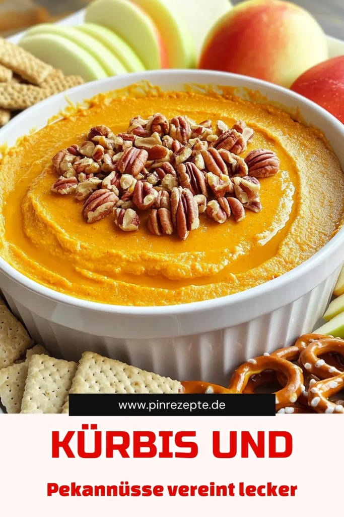 Entdecke den köstlichen Kürbis-Pekan-Cheesecake-Dip! Dieser cremige Dip ist in nur 15 Minuten zubereitet und perfekt für deine nächste Party. Mit weichem Frischkäse, aromatischem Kürbispüree und knackigen Pekannüssen, serviert mit Graham Crackern, Apfelscheiben und Brezeln, wird er alle begeistern. Klicke jetzt durch und finde das Rezept für dieses himmlische Dessert! #KürbisDip #Cheesecake #Herbstrezepte #Snackideen