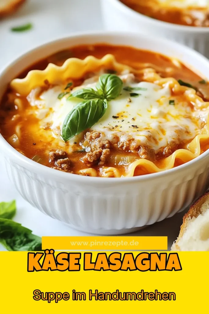 Entdecken Sie diese köstliche Käse Lasagna Suppe, die in nur einem Topf zubereitet wird! Unser schnelles Lasagna Suppe Rezept kombiniert Rinderhackfleisch mit würzigen Tomaten und cremigem Käse für einen wahren Genuss. Perfekt für eine einfache Mahlzeit unter der Woche. Probieren Sie es heute aus und genießen Sie italienisches Flair in Ihrer Küche! Speichern Sie dieses Rezept für später! #KäseLasagnaSuppe #EinTopfRezept #SchnelleLasagnaSuppe #ItalienischeSuppe